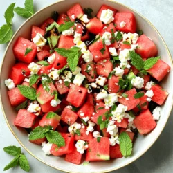 To make a tasty Easy Watermelon Feta Salad, you need just a few main ingredients. Here’s what you will need: - 4 cups of seedless watermelon, cubed - 1 cup of feta cheese, crumbled - 1/2 cup of fresh mint leaves, chopped - 1/4 cup of balsamic glaze - 1 tablespoon of extra-virgin olive oil - Juice of 1 lime - Salt and pepper to taste These ingredients blend well to create a refreshing salad. The sweet watermelon pairs perfectly with the salty feta. You can add some optional ingredients to make the salad even better. Consider these options: - Thinly sliced red onion for a bit of crunch - Cherry tomatoes for a pop of color - Cucumber for extra freshness - A sprinkle of crushed red pepper for a hint of spice Adding these can give your salad extra layers of taste. Choosing the right watermelon and feta cheese is key to a great salad. Here’s how: - For watermelon, look for a firm, heavy fruit. The skin should have a nice, deep color. A yellow spot on one side means it ripened well. - For feta cheese, choose one that is moist and crumbly. If you can, get feta in brine. This keeps it fresh and adds flavor. By selecting fresh ingredients, you ensure your salad will taste amazing. For the full recipe, refer to the [Full Recipe]. To start, gather your ingredients. You will need: - 4 cups of seedless watermelon, cubed - 1 cup of feta cheese, crumbled - 1/2 cup of fresh mint leaves, chopped - 1/4 cup of balsamic glaze - 1 tablespoon of extra-virgin olive oil - Juice of 1 lime - Salt and pepper to taste Grab a large mixing bowl. First, add the cubed watermelon. Next, sprinkle the crumbled feta cheese on top. Then, toss in the chopped mint leaves. Gently mix everything together. In a separate small bowl, whisk the balsamic glaze, olive oil, lime juice, salt, and pepper. This dressing adds a nice zing. Drizzle this over your salad mix. Toss gently to coat all ingredients evenly. Taste the salad and adjust the seasoning if needed. To save time, make sure your ingredients are ready before you start. Cut the watermelon into cubes ahead of time. You can crumble the feta cheese while you chop the mint. Use a large bowl to give yourself space to mix. Toss the ingredients slowly. This way, the watermelon stays intact. For a beautiful look, transfer your salad to a shallow serving platter. This allows for even more color and texture to shine through. Garnish the top with a few mint leaves. This adds a fresh touch and a pop of green. If you want, drizzle a bit more balsamic glaze on top just before serving. It makes the salad look fancy and appetizing! Try serving this salad as a side dish or as a light meal. It pairs well with grilled meats or crusty bread. Enjoy your fresh and flavorful watermelon feta salad! For the full recipe, check out the [Full Recipe]. One common mistake is using unripe watermelon. Always choose a sweet, ripe melon. Look for a hollow sound when you tap it. Another mistake is overmixing. Gently toss the ingredients to keep the watermelon intact. If you add too much salt, it can overpower the dish. Start small and taste as you go. To boost the flavor, chill your ingredients first. Cold watermelon tastes great on hot days. Use fresh mint for a bright flavor. You can also add a splash of lime juice for extra zest. Drizzling a bit more balsamic glaze just before serving adds a nice touch. If you want to switch up flavors, try adding cucumbers. They add a nice crunch. For a spicy kick, sprinkle some chili flakes on top. If you need a dairy-free option, try using a nut-based cheese instead of feta. You can even add nuts for a protein boost. {{image_2}} You can change ingredients to surprise your taste buds. Try using goat cheese instead of feta. It adds a tangy twist. For a spicy kick, add jalapeño slices. If you want sweetness, mix in sliced strawberries or peaches. You can also swap mint for fresh basil. This gives a whole new flavor and aroma. Change the salad to match the seasons. In summer, keep it fresh with cucumber. In fall, add roasted pumpkin seeds for crunch. Winter calls for pomegranate seeds to add color and texture. In spring, use fresh peas for a sweet touch. Each season brings new flavors to explore. To make a fruit salad, use your Easy Watermelon Feta Salad as a base. Add more fruits like blueberries, mango, or kiwi. The bright colors make it fun and appealing. Mix the fruits gently with the watermelon and feta. For a dressing, use the same balsamic glaze to tie it all together. This fruit salad is perfect for parties or a quick snack. You can find the Full Recipe for the original watermelon feta dish above. Store leftover Easy Watermelon Feta Salad in an airtight container. This keeps it fresh. Place it in the fridge right after serving. Avoid adding the dressing until you are ready to eat. This helps prevent the salad from becoming soggy. Your salad will stay good for about three days in the fridge. After that, the watermelon may lose its crunch. The feta will also start to change texture and flavor. Check for any unusual smells before eating. To revive the salad, add a splash of fresh lime juice. This brightens the flavors. You can also toss in some fresh mint leaves. If the salad seems dry, drizzle a bit of olive oil. This will bring it back to life! Enjoy your refreshed salad just like when you first made it. For the full recipe, check out the link above. Yes, you can make the Easy Watermelon Feta Salad ahead of time. Prepare it a few hours before serving. Keep the salad in the fridge to keep it fresh. However, I suggest adding the dressing just before serving. This keeps the watermelon from getting too soggy. This salad pairs well with many dishes. You can serve it with grilled chicken or fish for a nice meal. It also goes well with pita bread and hummus. For a light snack, enjoy it with some crispy chips or crackers. Yes, you can use other cheeses if you prefer. Goat cheese adds a creamy touch with a tangy flavor. Mozzarella gives a mild taste and soft texture. Try a sharp cheddar for a bold kick. Each cheese offers a unique taste that can change the salad's vibe. Feel free to experiment! The Easy Watermelon Feta Salad is simple and fun to make. We explored key ingredients, step-by-step prep, and tips for success. Avoid common mistakes for the best taste. You can try new flavors and seasonal twists to keep it fresh. Store leftovers well to enjoy them later. This salad is perfect for any meal or occasion. Enjoy experimenting and delighting your taste buds with this refreshing dish!