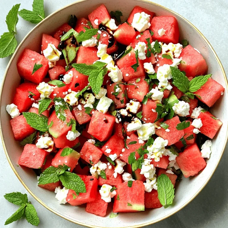To make a tasty Easy Watermelon Feta Salad, you need just a few main ingredients. Here’s what you will need: - 4 cups of seedless watermelon, cubed - 1 cup of feta cheese, crumbled - 1/2 cup of fresh mint leaves, chopped - 1/4 cup of balsamic glaze - 1 tablespoon of extra-virgin olive oil - Juice of 1 lime - Salt and pepper to taste These ingredients blend well to create a refreshing salad. The sweet watermelon pairs perfectly with the salty feta. You can add some optional ingredients to make the salad even better. Consider these options: - Thinly sliced red onion for a bit of crunch - Cherry tomatoes for a pop of color - Cucumber for extra freshness - A sprinkle of crushed red pepper for a hint of spice Adding these can give your salad extra layers of taste. Choosing the right watermelon and feta cheese is key to a great salad. Here’s how: - For watermelon, look for a firm, heavy fruit. The skin should have a nice, deep color. A yellow spot on one side means it ripened well. - For feta cheese, choose one that is moist and crumbly. If you can, get feta in brine. This keeps it fresh and adds flavor. By selecting fresh ingredients, you ensure your salad will taste amazing. For the full recipe, refer to the [Full Recipe]. To start, gather your ingredients. You will need: - 4 cups of seedless watermelon, cubed - 1 cup of feta cheese, crumbled - 1/2 cup of fresh mint leaves, chopped - 1/4 cup of balsamic glaze - 1 tablespoon of extra-virgin olive oil - Juice of 1 lime - Salt and pepper to taste Grab a large mixing bowl. First, add the cubed watermelon. Next, sprinkle the crumbled feta cheese on top. Then, toss in the chopped mint leaves. Gently mix everything together. In a separate small bowl, whisk the balsamic glaze, olive oil, lime juice, salt, and pepper. This dressing adds a nice zing. Drizzle this over your salad mix. Toss gently to coat all ingredients evenly. Taste the salad and adjust the seasoning if needed. To save time, make sure your ingredients are ready before you start. Cut the watermelon into cubes ahead of time. You can crumble the feta cheese while you chop the mint. Use a large bowl to give yourself space to mix. Toss the ingredients slowly. This way, the watermelon stays intact. For a beautiful look, transfer your salad to a shallow serving platter. This allows for even more color and texture to shine through. Garnish the top with a few mint leaves. This adds a fresh touch and a pop of green. If you want, drizzle a bit more balsamic glaze on top just before serving. It makes the salad look fancy and appetizing! Try serving this salad as a side dish or as a light meal. It pairs well with grilled meats or crusty bread. Enjoy your fresh and flavorful watermelon feta salad! For the full recipe, check out the [Full Recipe]. One common mistake is using unripe watermelon. Always choose a sweet, ripe melon. Look for a hollow sound when you tap it. Another mistake is overmixing. Gently toss the ingredients to keep the watermelon intact. If you add too much salt, it can overpower the dish. Start small and taste as you go. To boost the flavor, chill your ingredients first. Cold watermelon tastes great on hot days. Use fresh mint for a bright flavor. You can also add a splash of lime juice for extra zest. Drizzling a bit more balsamic glaze just before serving adds a nice touch. If you want to switch up flavors, try adding cucumbers. They add a nice crunch. For a spicy kick, sprinkle some chili flakes on top. If you need a dairy-free option, try using a nut-based cheese instead of feta. You can even add nuts for a protein boost. {{image_2}} You can change ingredients to surprise your taste buds. Try using goat cheese instead of feta. It adds a tangy twist. For a spicy kick, add jalapeño slices. If you want sweetness, mix in sliced strawberries or peaches. You can also swap mint for fresh basil. This gives a whole new flavor and aroma. Change the salad to match the seasons. In summer, keep it fresh with cucumber. In fall, add roasted pumpkin seeds for crunch. Winter calls for pomegranate seeds to add color and texture. In spring, use fresh peas for a sweet touch. Each season brings new flavors to explore. To make a fruit salad, use your Easy Watermelon Feta Salad as a base. Add more fruits like blueberries, mango, or kiwi. The bright colors make it fun and appealing. Mix the fruits gently with the watermelon and feta. For a dressing, use the same balsamic glaze to tie it all together. This fruit salad is perfect for parties or a quick snack. You can find the Full Recipe for the original watermelon feta dish above. Store leftover Easy Watermelon Feta Salad in an airtight container. This keeps it fresh. Place it in the fridge right after serving. Avoid adding the dressing until you are ready to eat. This helps prevent the salad from becoming soggy. Your salad will stay good for about three days in the fridge. After that, the watermelon may lose its crunch. The feta will also start to change texture and flavor. Check for any unusual smells before eating. To revive the salad, add a splash of fresh lime juice. This brightens the flavors. You can also toss in some fresh mint leaves. If the salad seems dry, drizzle a bit of olive oil. This will bring it back to life! Enjoy your refreshed salad just like when you first made it. For the full recipe, check out the link above. Yes, you can make the Easy Watermelon Feta Salad ahead of time. Prepare it a few hours before serving. Keep the salad in the fridge to keep it fresh. However, I suggest adding the dressing just before serving. This keeps the watermelon from getting too soggy. This salad pairs well with many dishes. You can serve it with grilled chicken or fish for a nice meal. It also goes well with pita bread and hummus. For a light snack, enjoy it with some crispy chips or crackers. Yes, you can use other cheeses if you prefer. Goat cheese adds a creamy touch with a tangy flavor. Mozzarella gives a mild taste and soft texture. Try a sharp cheddar for a bold kick. Each cheese offers a unique taste that can change the salad's vibe. Feel free to experiment! The Easy Watermelon Feta Salad is simple and fun to make. We explored key ingredients, step-by-step prep, and tips for success. Avoid common mistakes for the best taste. You can try new flavors and seasonal twists to keep it fresh. Store leftovers well to enjoy them later. This salad is perfect for any meal or occasion. Enjoy experimenting and delighting your taste buds with this refreshing dish!