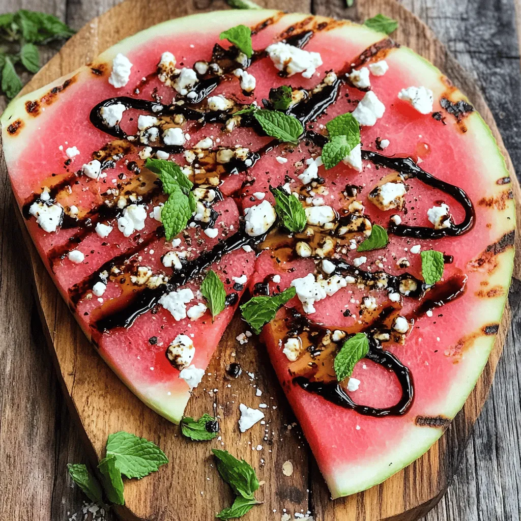 - 1 large watermelon (seedless) - 1 cup crumbled feta cheese - 1/4 cup fresh mint leaves, chopped - Fresh basil leaves for garnish (optional) Watermelon is the star of this dish. It has a sweet, juicy flavor that cools you down. Choose a large, seedless watermelon for easy slicing. Feta cheese adds a creamy, salty touch. It pairs well with the sweet watermelon. Fresh mint enhances the dish with a bright, herbal note. You can add fresh basil for extra flavor and visual appeal. - 1/4 cup balsamic glaze - 1/4 cup olive oil - 1 teaspoon sea salt - 1/2 teaspoon black pepper Balsamic glaze drizzles over the pizza, adding a tangy sweetness. Olive oil brings richness and depth to the flavors. Sea salt enhances the taste of both the watermelon and feta. Black pepper adds a subtle kick. These ingredients work together to create a well-balanced dish. For the full recipe, check out the instructions to transform these fresh ingredients into a delightful summer treat. First, wash the watermelon well. This step helps remove dirt and germs. Next, slice the watermelon into 1-inch thick slabs. Each slab should be thick enough to hold toppings. After slicing, remove the green rind. This gives you pizza-like bases that look great. Once your slabs are ready, pat them dry. Use a paper towel to soak up extra moisture. Dry slabs grill better and won't steam. Preheat your grill to medium-high heat. When hot, place the watermelon slabs on the grill. Grill each side for about 3-4 minutes. You want to see nice grill marks. The watermelon should feel soft but not mushy. After grilling, let the watermelon slabs cool a bit. Then, sprinkle crumbled feta cheese on top. The warmth from the watermelon will slightly melt the cheese. Next, drizzle the balsamic glaze generously over the feta. This adds a sweet and tangy flavor. Sprinkle chopped mint leaves over the top for freshness. If you like, add fresh basil leaves for garnish. Finally, cut each slab into smaller pieces. Serve the pizza right away for the best taste. For full details and instructions, check the Full Recipe. To get perfect grill marks, start with a hot grill. Make sure to preheat it well. Place the watermelon slabs on the grill without crowding them. This helps them cook evenly. Grill for about 3-4 minutes on each side. You want those nice, dark marks. Keep an eye on the time. Overcooking can make the watermelon mushy. You want it soft, but still firm. Feel free to switch up the cheese. Goat cheese or ricotta can work great too. You can add toppings like sliced olives or cherry tomatoes. For a sweeter taste, try adding a drizzle of honey or agave syrup. This will balance the saltiness of the feta. You can also play with glazes. A citrus glaze adds brightness and zest to the dish. Make your watermelon pizza look fun and inviting. You can serve it on a wooden board or a colorful plate. Cut the watermelon into triangles or squares for easy eating. For extra flair, add fresh herbs like basil and mint on top. A sprinkle of pomegranate seeds can also add color and crunch. These garnishes will make your dish pop and impress your guests. {{image_2}} You can mix the watermelon feta slab pizza with other fruits. Try adding peaches or strawberries. These fruits bring a sweet twist. Their flavors blend well with the salty feta. Think about the colors too; it makes the pizza look great! You can also use fresh herbs like arugula or cilantro. They add a nice peppery taste. Each herb gives a unique flavor boost. For a vegan option, swap feta cheese for plant-based cheese. Many brands offer great taste and texture. This way, you can enjoy the pizza without dairy. If gluten is a concern, this pizza is perfect. Watermelon is naturally gluten-free. You can serve it to anyone without worry. Summer gatherings are the best time for this dish. The bright colors and fresh flavors fit right in. You can tailor ingredients for holiday themes too. For fall, think about adding roasted nuts or pumpkin seeds. They add warmth and crunch. In winter, consider a drizzle of pomegranate molasses for a festive touch. Each season offers a chance to be creative with your watermelon feta slab pizza. For the full recipe, check out the Watermelon Feta Slab Pizza section. To keep your leftovers fresh, wrap each slice in plastic wrap. Store them in the fridge. This helps prevent drying out. You can also place the slices in an airtight container. The key is to keep moisture in and air out. For watermelon, store it whole at room temperature until cut. Once you slice it, keep it in the fridge. Watermelon loses its juiciness if left out too long. If you want to reheat grilled watermelon, do it gently. Use a grill pan over low heat. This keeps the texture nice. You can also use a microwave, but be careful not to overheat. Some people prefer to eat their watermelon pizza cold. It tastes refreshing on hot days! Try both ways to see what you like best. You can keep the assembled pizza in the fridge for about three days. After that, the watermelon may start to spoil. Look for signs like mushiness or a sour smell. If you see these signs, it's best to toss it. Enjoy your Watermelon Feta Slab Pizza while it's fresh! For the full recipe, refer to [Full Recipe]. To make Watermelon Feta Slab Pizza, start by washing your watermelon. Cut it into thick slabs, about one inch each. Remove the rind to create your pizza base. Pat each slab dry to soak up extra water. Next, drizzle olive oil on top and sprinkle with sea salt and black pepper. Preheat your grill to medium-high heat. Grill each slab for 3-4 minutes on both sides. You want nice grill marks and a slight softening. After grilling, let them cool a bit. Then, add your crumbled feta cheese. Drizzle balsamic glaze on top and sprinkle with fresh mint. Optional: garnish with basil leaves. Cut into pieces and serve right away. For more details, check the Full Recipe. Yes, you can grill watermelon without a grill! Use a grill pan on your stovetop. Heat the pan over medium-high heat and follow the same grilling steps. You can also use an oven. Set it to broil and place the watermelon on a baking sheet. Broil for a few minutes on each side until you see marks. Watermelon is hydrating and low in calories. It provides vitamins A and C, and it’s full of antioxidants. Feta cheese offers protein and calcium, which are great for your bones. Together, they make a tasty snack that supports hydration and provides healthy nutrients. Serve Watermelon Feta Slab Pizza chilled or at room temperature. It tastes best fresh, so enjoy it right after making. Pair it with a light salad or grilled meats for a full meal. To choose a ripe watermelon, look for a uniform shape. It should feel heavy for its size. Check for a yellow spot where it sat on the ground; this means it ripened well. Knock on it; a hollow sound means it’s juicy and ready to eat. Watermelon Feta Slab Pizza is not vegan due to the feta cheese. To make it vegan, substitute feta with a plant-based cheese. You can also use nutritional yeast for a cheesy flavor. This way, you keep the taste while making it vegan-friendly. Watermelon Feta Slab Pizza is a fun, tasty dish. We covered all the key steps, from choosing the best ingredients to grilling techniques. Remember to customize it with different herbs or fruits for your taste. Store leftovers wisely to keep them fresh. This dish shines at summer gatherings and is easy to make. You’ll impress guests and enjoy healthy flavors. Dive into this recipe, and let your creativity flow in the kitchen!