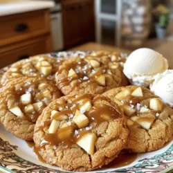 To make caramel apple cookies, gather these items: - 1 cup unsalted butter, softened - 1 cup brown sugar, packed - 1/2 cup granulated sugar - 2 large eggs - 1 teaspoon vanilla extract - 2 1/4 cups all-purpose flour - 1 teaspoon baking soda - 1/2 teaspoon salt - 1 teaspoon ground cinnamon - 1 cup diced apples (peeled and cored) - 1/2 cup caramel sauce (plus extra for drizzling) - 1/2 cup chopped walnuts or pecans (optional) - A pinch of sea salt for garnish You can make substitutions if needed. For a gluten-free version, use gluten-free flour. If you prefer vegan cookies, replace butter with coconut oil and eggs with flax eggs. This way, you can still enjoy the treat while adjusting to your needs. Here are some essential baking tools you'll need: - Mixing bowls - Measuring cups and spoons - Electric mixer or whisk - Baking sheet - Parchment paper - Cookie scoop or tablespoon - Cooling rack Having these tools ready will help you bake these cookies with ease. Enjoy the process of mixing and baking! 1. Preheat your oven to 350°F (175°C). This step warms your oven for even baking. 2. Line a baking sheet with parchment paper. This prevents sticking and makes cleanup easy. 3. Cream the butter and sugars in a large bowl. Mix until it feels light and fluffy. This process helps add air to your cookies. 4. Add the eggs one by one. Mix well after each. Then, stir in the vanilla extract for added flavor. 5. Mix the dry ingredients in a separate bowl. Combine flour, baking soda, salt, and cinnamon. This keeps your cookies from clumping. 6. Combine wet and dry mixtures. Gradually add the dry mix to the wet one. Stop when you see no flour. 7. Fold in the apples and caramel gently. Make sure they are evenly spread throughout the dough. It’s the secret to delicious bites. 8. Drop rounded tablespoons of dough onto the baking sheet. Leave space between each; they will spread. 9. Bake for 10-12 minutes. Look for lightly golden edges. They may seem soft in the center, but they will firm up as they cool. 10. Let cookies cool on the baking sheet for 5 minutes. Then, move them to a wire rack to cool completely. 11. Drizzle with extra caramel sauce and add a pinch of sea salt on top. This enhances the sweet flavor. - Baking time: 10-12 minutes. - Temperature: 350°F (175°C). Follow these steps closely for tasty caramel apple cookies. For a full recipe, check the details provided earlier. Happy baking! To bake the best caramel apple cookies, follow these simple steps: - Use room temperature butter. Softened butter mixes well and gives a nice rise. - Measure flour correctly. Scoop it lightly into the cup, then level it off. Too much flour makes cookies dry. - Don’t overmix. Once you add the dry ingredients, mix just until combined. This keeps cookies soft. - Chill the dough. If your dough feels too soft, chill it for 30 minutes. This helps the cookies hold their shape. Common mistakes can ruin your cookies: - Not preheating the oven. Always preheat to get even baking. - Skipping the parchment paper. This helps prevent sticking and makes cleanup easy. - Baking too long. Check cookies at the lower end of the time range. They should look soft in the center. Make your cookies shine with these fun ideas: - Use a decorative plate. Arrange cookies with space between them for a clean look. - Add a drizzle. Drizzle extra caramel sauce over the cookies for a sweet touch. - Serve with ice cream. Pair cookies with a scoop of vanilla ice cream for a tasty treat. For drinks, serve with warm apple cider or a glass of milk. These pair perfectly with the flavors of the cookies. {{image_2}} You can easily change the flavor of your caramel apple cookies. Here are some fun ideas: - Spices: Add a pinch of nutmeg or ginger to warm up the taste. - Chocolate Chips: Mix in semi-sweet or dark chocolate chips for a rich twist. - Peanut Butter: Swirl in some peanut butter for a nutty flavor. - Coconut: Stir in shredded coconut for a chewy texture. These additions can make your cookies even more exciting. Feel free to mix and match until you find your favorite! Making the recipe allergy-friendly is simple. Here are a few tips: - Nut-Free: Omit the nuts or replace them with seeds, like sunflower or pumpkin. - Dairy-Free: Use vegan butter and dairy-free caramel sauce. Your cookies will still taste great! - Gluten-Free: Swap regular flour with gluten-free flour blend. Just ensure it has xanthan gum for better texture. These changes let everyone enjoy your cookies, no matter their diet. So, get creative and cater to all! To keep your caramel apple cookies fresh, store them at room temperature. Place them in an airtight container. This helps to lock in moisture and flavor. Line the container with parchment paper. This will prevent the cookies from sticking together. They will stay fresh for about a week. If you want to enjoy them longer, consider freezing. Freezing cookies is easy and keeps them tasty. Allow the cookies to cool completely first. Once cool, place them in a single layer on a baking sheet. Freeze them for about an hour. This step stops them from sticking together. After that, transfer the cookies to a freezer-safe bag. Squeeze out the air before sealing. They will stay fresh for up to three months. If your cookies lose some freshness, don't worry! You can revive them easily. Preheat your oven to 350°F (175°C). Place the cookies on a baking sheet. Heat them for about 5-10 minutes. This warms them up and softens them. For a treat, drizzle with extra caramel sauce after reheating. Enjoy your delicious cookies like they are fresh from the oven again! What type of apples are best for baking cookies? I like using tart apples like Granny Smith. They add a nice contrast to the sweet caramel. You can also try Fuji or Honeycrisp for a sweeter taste. Can I use store-bought caramel sauce? Yes, store-bought caramel sauce works well. It saves time and still tastes great. Just drizzle some on top of the cookies for extra flavor. How do I know when cookies are done baking? Look for golden edges and slight browning on top. The centers may seem soft, but they will firm up as they cool. How long will the cookies stay fresh? These cookies stay fresh for about 3 to 5 days at room temperature. Store them in an airtight container to keep them soft. Can I make the dough ahead and bake later? Yes, you can make the dough ahead. Chill it in the fridge for up to 3 days. When ready, scoop and bake as usual. For detailed instructions, check the Full Recipe. It guides you through each step for perfect caramel apple cookies. In this post, you learned how to create delicious Caramel Apple Cookies. We covered essential ingredients and substitutes, along with tools for baking. You followed step-by-step instructions for perfect cookies every time. I shared tips for the best texture and creative ways to present your cookies. We also explored flavor variations and storage methods. Remember, baking is fun and allows for creativity. Enjoy your cookies fresh or stored for later!