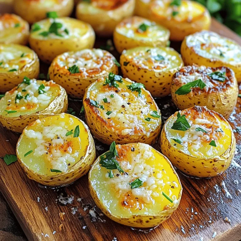 - 1.5 lbs baby potatoes - 4 tablespoons unsalted butter - 4 cloves garlic - 1 teaspoon dried thyme - 1 teaspoon paprika - Salt and pepper to taste - ½ cup grated Parmesan cheese - 2 tablespoons fresh parsley For this dish, you need simple, fresh ingredients. Baby potatoes work great because they cook evenly and have a nice texture. I love using unsalted butter for its rich flavor. Garlic is key in this recipe; it adds a warm, savory note. For seasoning, dried thyme and paprika are my go-to choices. They add depth and a hint of warmth. Salt and pepper are essential for enhancing all the flavors. Finally, Parmesan cheese gives that wonderful cheesy goodness. Fresh parsley brightens the dish with color and freshness. You can find the full recipe in the earlier section. It guides you step-by-step to create these tasty roasted garlic butter Parmesan potatoes. Enjoy cooking! 1. Preheat the oven. Start by setting your oven to 400°F (200°C). This helps the potatoes cook evenly. 2. Mixing the garlic butter sauce. In a large bowl, combine the melted butter, minced garlic, dried thyme, paprika, salt, and pepper. Stir this until it looks smooth and mixed well. 3. Tossing the potatoes in the mixture. Take the halved baby potatoes and add them to the bowl. Toss them well in the garlic butter mixture. Make sure every piece is coated. 4. Spreading and roasting in the oven. Now, spread the coated potatoes in a single layer on a baking sheet lined with parchment paper. Place the baking sheet in the oven and roast for 25-30 minutes. Toss them halfway through for even cooking. 5. Sprinkling Parmesan cheese. When the potatoes are golden and crispy, take them out of the oven. Immediately sprinkle the grated Parmesan cheese over the hot potatoes. The heat will help it melt nicely. 6. Garnishing with parsley. Finally, toss the potatoes gently to mix in the cheese. Garnish with the chopped fresh parsley before serving. This adds color and freshness to your dish. For the complete recipe, check the Full Recipe. Enjoy these Roasted Garlic Butter Parmesan Potatoes as a tasty side dish! To get crispy edges on your potatoes, follow these steps: - Cut the potatoes evenly: This helps them cook at the same rate. Aim for half-inch pieces. - Use high heat: Cooking at 400°F (200°C) gets the outsides nice and crunchy. - Don't overcrowd the pan: Give each potato space. This helps hot air flow around them. Tossing the potatoes halfway through cooking is key. This ensures even browning. Set a timer for about 15 minutes. When it beeps, take the tray out. Gently stir the potatoes around. Then, return them to the oven. You can mix up the cheese for different tastes. Here are a few ideas: - Cheddar: This gives a sharp flavor. - Feta: Crumbled feta adds a tangy kick. - Gruyère: This cheese melts well and brings a nutty flavor. Adding spices can elevate the dish too. Consider these options: - Cayenne pepper: For a spicy twist. - Italian herbs: A mix of basil, oregano, and rosemary can enhance the flavor. - Lemon zest: This adds brightness and freshness. These tips will help you create the best Roasted Garlic Butter Parmesan Potatoes. You can find the Full Recipe for more details on how to bring this dish to life. {{image_2}} To keep your roasted garlic butter Parmesan potatoes fresh, use airtight containers. Glass or plastic containers work well. Make sure to cool the potatoes before sealing. Store them in the fridge for up to three days. Beyond that, they may lose flavor and texture. When reheating, you have two good options: the oven or the microwave. The oven is best for crispiness. Preheat it to 350°F (175°C). Spread the potatoes on a baking sheet and heat for about 10-15 minutes. The microwave is faster but may make them a bit soggy. Heat them in short bursts, checking every 30 seconds. Enjoy your delicious dish again! For the full recipe, check the section above. For Roasted Garlic Butter Parmesan Potatoes, you want dishes that blend well. Here are some ideas: - Complementary dishes: - Grilled chicken or fish for protein. - A fresh green salad to add crunch. - Roasted vegetables for color and taste. - Suggested beverages: - A crisp white wine, like Sauvignon Blanc, pairs well. - Sparkling water with lemon offers a refreshing touch. - A light beer can also enhance the meal. Serving your dish well makes a big difference. Here are some creative tips: - Creative serving styles: - Use a rustic wooden board to add charm. - A colorful serving dish brightens the table. - Serve in individual bowls for a fun twist. - Enhancing visual appeal: - Add sprigs of fresh parsley on top for color. - A light sprinkle of extra Parmesan cheese elevates the look. - Consider adding a lemon wedge for a pop of brightness. These simple ideas will make your Roasted Garlic Butter Parmesan Potatoes shine at any meal. Enjoy every bite! For the full recipe, check out the details above. You can use several cheeses in place of Parmesan. Good options include Pecorino Romano, Grana Padano, or nutritional yeast for a vegan choice. Each cheese brings its own unique flavor. Pecorino Romano is saltier and sharper. Grana Padano is milder and creamier. Nutritional yeast adds a cheesy taste without dairy. Feel free to experiment with these alternatives to find what you like best. Yes! While baby potatoes are great, you can use other types. Yukon Gold or red potatoes work well too. They both have a creamy texture and hold up nicely when roasted. If you want a different flavor, try fingerling potatoes. They add a unique shape and taste. Just remember to cut them into even sizes for uniform cooking. To make sure your potatoes cook evenly, spread them out in a single layer. Avoid crowding the baking sheet. If they are too close, they will steam instead of roast. Tossing the potatoes halfway through cooking helps too. This allows all sides to get golden and crispy. Lastly, make sure they are cut to similar sizes for consistent cooking. This post showed you how to make tasty roasted baby potatoes. We covered main ingredients, step-by-step directions, and tips for the best results. Remember to use fresh ingredients for great flavor and crispiness. Try different cheeses and spices to keep it exciting. Store leftovers properly and enjoy them later. Roasted potatoes can pair well with many dishes and drinks. Get creative with your presentation. Now, grab your ingredients and get cooking!