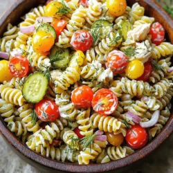 - 8 oz rotini pasta - 1 cup dill pickles, diced - 1 cup cherry tomatoes, halved - 1/2 cup red onion, finely chopped - 1 cup cooked chicken (optional), shredded - 1/2 cup ranch dressing - 1/4 cup pickle juice - 1 tablespoon fresh dill, chopped - Salt and pepper to taste Choosing the right pasta type For this salad, I like rotini. It holds the dressing well. You can also try penne or fusilli. They add nice texture too. Selecting fresh vegetables Always choose firm dill pickles and ripe cherry tomatoes. Crunchy, fresh veggies make the salad pop. A good red onion should feel heavy and firm, with no soft spots. Best ranch dressing options You can use store-bought ranch for ease. Homemade ranch gives more flavor. Look for one made with real buttermilk for the best taste. If you want a twist, try a spicy ranch. Start by boiling some salted water in a large pot. You want it to be really hot. Add the rotini pasta and cook it for about 8 to 10 minutes. Check it often. You want it to be tender but still firm, which we call "al dente." After cooking, drain the pasta and rinse it under cold water. This stops the cooking and keeps it from getting mushy. Set the pasta aside to cool completely. Next, it's time to prepare the veggies. Chop the dill pickles into small pieces. You want them to be bite-sized. Then, finely chop the red onion. It should be small enough to blend well with the other ingredients. Finally, take the cherry tomatoes and cut them in half. This adds a nice burst of flavor in each bite. If you want to add chicken for protein, shred it now and set it aside. In a small bowl, whisk together the ranch dressing and pickle juice. This mix gives the salad a tangy taste. Make sure they blend well. Taste it, then add salt and pepper to bring out the flavors. You might want it a bit saltier or tangier, so adjust to your liking. Now, it's time to bring everything together. In a large bowl, mix the cooled pasta, chopped vegetables, and any shredded chicken. Pour the ranch dressing over the top. Add the fresh dill for that extra zing. Use a spatula or a spoon to gently toss everything together. Be careful not to break up the pasta. You want it to stay whole and look pretty. Cover the salad with plastic wrap or a lid. Place it in the fridge for at least 30 minutes. This chilling time helps the flavors mix well. Once you are ready to serve, take it out and toss it gently again. This keeps everything fresh and vibrant. If you need to, add a pinch more salt or pepper before serving. Enjoy your Dill Pickle Ranch Pasta Salad! For the full recipe, check out the details above. To boost the taste of your Dill Pickle Ranch Pasta Salad, adjust the seasoning. Add a pinch more salt or pepper if needed. You can also mix in a touch of garlic powder for extra flavor. I love using fresh dill. It brightens the dish and adds a nice crunch. Feel free to toss in a bit more if you love that pickle punch. This pasta salad is great on its own, but it pairs well with many dishes. Serve it alongside grilled chicken or burgers for a fun meal. You can also enjoy it with BBQ ribs or as a side at a potluck. The creamy ranch flavor complements these hearty dishes perfectly. Make your salad look as good as it tastes. Garnish with extra dill or a few pickle slices on top. You can also add cherry tomatoes for a pop of color. Serve it in a large, fun bowl or individual cups for a party. This makes it easy to enjoy and adds a nice touch to your table. {{image_2}} If you want to make this pasta salad vegan or vegetarian, you can skip the chicken. Use a plant-based ranch dressing. This keeps the dish creamy without any animal products. For a gluten-free option, swap the rotini pasta with gluten-free pasta. Many brands offer great alternatives that taste just as good. To boost the flavor, think about adding ingredients like diced bell peppers or shredded carrots. These not only add taste but also crunch. You could also swap ranch dressing for a creamy herb dressing or a spicy vinaigrette. This can give your salad a new twist and keep it exciting. In summer, add fresh corn or diced cucumbers to make it even fresher. These ingredients bring a bright taste that works well with the dill pickles. For winter, consider adding roasted vegetables like sweet potatoes or brussels sprouts. These hearty options can make the salad warm and comforting. For the complete recipe, check out the [Full Recipe]. To keep your Dill Pickle Ranch Pasta Salad fresh, use airtight containers. Glass containers work well because they do not stain. You can also use plastic containers with tight lids. This keeps air out and helps avoid spoilage. Store the salad in the fridge right after making it. To keep it fresh longer, add the dressing just before serving. This prevents the pasta from soaking up too much liquid. If you have leftovers, ensure they are stored well to maintain their crunch. You should not reheat pasta salad. It tastes best cold or at room temperature. If you must warm it, do so gently. Use a microwave on low power. This way, you can avoid making the pasta mushy. Another option is to let it sit at room temperature for a bit. This helps to bring out the flavors without changing the texture. Dill Pickle Ranch Pasta Salad lasts about 3 to 5 days in the fridge. Store it in airtight containers to ensure freshness. Always check for signs of spoilage before eating. Signs include a sour smell or a change in color. If the salad looks slimy or has an off-smell, throw it away. Remember, when in doubt, throw it out! Enjoy your crunchy and flavorful treat! For the full recipe, check out the ingredients and steps above. You can try several alternatives to ranch dressing. Some great options include: - Greek yogurt mixed with herbs - Buttermilk dressing - Blue cheese dressing - Creamy Caesar dressing Each dressing brings its own flavor, so feel free to experiment! Yes, you can make this salad in advance! Here are some best practices: - Prepare the pasta and veggies a day ahead. - Mix the dressing but keep it separate until serving. - Combine everything just before serving for the best taste. This salad can be healthy depending on your choices. Here’s a quick breakdown: - It has fresh veggies, which are great for vitamins. - Use whole grain pasta for more fiber. - Consider low-fat ranch dressing to cut calories. Adding cooked chicken boosts protein without too many calories. Absolutely! Adding proteins can make the salad heartier. Here are some ideas: - Grilled chicken for a classic touch - Cooked shrimp for a seafood twist - Canned beans like chickpeas for a veggie option - Tofu for a plant-based protein Feel free to mix and match! Rotini is a great choice for this salad, but other types work too. Here are some suggestions: - Penne for a fun shape - Fusilli for extra texture - Bowtie pasta for a playful look Choose any shape you love; just ensure it holds the dressing well. For the full recipe, check the section above. This blog post shared how to make a tasty Dill Pickle Ranch Pasta Salad. We covered the key ingredients like rotini pasta, dill pickles, and cherry tomatoes. I showed you step-by-step instructions for cooking and mixing the salad. Remember to pick fresh veggies and adjust seasonings to your taste. This salad is easy to customize for any diet or season. Whether you serve it fresh or store it for later, it's sure to be a hit. Enjoy creating your own version!
