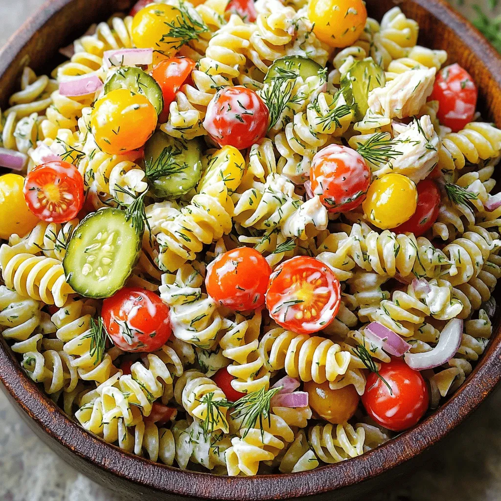 - 8 oz rotini pasta - 1 cup dill pickles, diced - 1 cup cherry tomatoes, halved - 1/2 cup red onion, finely chopped - 1 cup cooked chicken (optional), shredded - 1/2 cup ranch dressing - 1/4 cup pickle juice - 1 tablespoon fresh dill, chopped - Salt and pepper to taste Choosing the right pasta type For this salad, I like rotini. It holds the dressing well. You can also try penne or fusilli. They add nice texture too. Selecting fresh vegetables Always choose firm dill pickles and ripe cherry tomatoes. Crunchy, fresh veggies make the salad pop. A good red onion should feel heavy and firm, with no soft spots. Best ranch dressing options You can use store-bought ranch for ease. Homemade ranch gives more flavor. Look for one made with real buttermilk for the best taste. If you want a twist, try a spicy ranch. Start by boiling some salted water in a large pot. You want it to be really hot. Add the rotini pasta and cook it for about 8 to 10 minutes. Check it often. You want it to be tender but still firm, which we call "al dente." After cooking, drain the pasta and rinse it under cold water. This stops the cooking and keeps it from getting mushy. Set the pasta aside to cool completely. Next, it's time to prepare the veggies. Chop the dill pickles into small pieces. You want them to be bite-sized. Then, finely chop the red onion. It should be small enough to blend well with the other ingredients. Finally, take the cherry tomatoes and cut them in half. This adds a nice burst of flavor in each bite. If you want to add chicken for protein, shred it now and set it aside. In a small bowl, whisk together the ranch dressing and pickle juice. This mix gives the salad a tangy taste. Make sure they blend well. Taste it, then add salt and pepper to bring out the flavors. You might want it a bit saltier or tangier, so adjust to your liking. Now, it's time to bring everything together. In a large bowl, mix the cooled pasta, chopped vegetables, and any shredded chicken. Pour the ranch dressing over the top. Add the fresh dill for that extra zing. Use a spatula or a spoon to gently toss everything together. Be careful not to break up the pasta. You want it to stay whole and look pretty. Cover the salad with plastic wrap or a lid. Place it in the fridge for at least 30 minutes. This chilling time helps the flavors mix well. Once you are ready to serve, take it out and toss it gently again. This keeps everything fresh and vibrant. If you need to, add a pinch more salt or pepper before serving. Enjoy your Dill Pickle Ranch Pasta Salad! For the full recipe, check out the details above. To boost the taste of your Dill Pickle Ranch Pasta Salad, adjust the seasoning. Add a pinch more salt or pepper if needed. You can also mix in a touch of garlic powder for extra flavor. I love using fresh dill. It brightens the dish and adds a nice crunch. Feel free to toss in a bit more if you love that pickle punch. This pasta salad is great on its own, but it pairs well with many dishes. Serve it alongside grilled chicken or burgers for a fun meal. You can also enjoy it with BBQ ribs or as a side at a potluck. The creamy ranch flavor complements these hearty dishes perfectly. Make your salad look as good as it tastes. Garnish with extra dill or a few pickle slices on top. You can also add cherry tomatoes for a pop of color. Serve it in a large, fun bowl or individual cups for a party. This makes it easy to enjoy and adds a nice touch to your table. {{image_2}} If you want to make this pasta salad vegan or vegetarian, you can skip the chicken. Use a plant-based ranch dressing. This keeps the dish creamy without any animal products. For a gluten-free option, swap the rotini pasta with gluten-free pasta. Many brands offer great alternatives that taste just as good. To boost the flavor, think about adding ingredients like diced bell peppers or shredded carrots. These not only add taste but also crunch. You could also swap ranch dressing for a creamy herb dressing or a spicy vinaigrette. This can give your salad a new twist and keep it exciting. In summer, add fresh corn or diced cucumbers to make it even fresher. These ingredients bring a bright taste that works well with the dill pickles. For winter, consider adding roasted vegetables like sweet potatoes or brussels sprouts. These hearty options can make the salad warm and comforting. For the complete recipe, check out the [Full Recipe]. To keep your Dill Pickle Ranch Pasta Salad fresh, use airtight containers. Glass containers work well because they do not stain. You can also use plastic containers with tight lids. This keeps air out and helps avoid spoilage. Store the salad in the fridge right after making it. To keep it fresh longer, add the dressing just before serving. This prevents the pasta from soaking up too much liquid. If you have leftovers, ensure they are stored well to maintain their crunch. You should not reheat pasta salad. It tastes best cold or at room temperature. If you must warm it, do so gently. Use a microwave on low power. This way, you can avoid making the pasta mushy. Another option is to let it sit at room temperature for a bit. This helps to bring out the flavors without changing the texture. Dill Pickle Ranch Pasta Salad lasts about 3 to 5 days in the fridge. Store it in airtight containers to ensure freshness. Always check for signs of spoilage before eating. Signs include a sour smell or a change in color. If the salad looks slimy or has an off-smell, throw it away. Remember, when in doubt, throw it out! Enjoy your crunchy and flavorful treat! For the full recipe, check out the ingredients and steps above. You can try several alternatives to ranch dressing. Some great options include: - Greek yogurt mixed with herbs - Buttermilk dressing - Blue cheese dressing - Creamy Caesar dressing Each dressing brings its own flavor, so feel free to experiment! Yes, you can make this salad in advance! Here are some best practices: - Prepare the pasta and veggies a day ahead. - Mix the dressing but keep it separate until serving. - Combine everything just before serving for the best taste. This salad can be healthy depending on your choices. Here’s a quick breakdown: - It has fresh veggies, which are great for vitamins. - Use whole grain pasta for more fiber. - Consider low-fat ranch dressing to cut calories. Adding cooked chicken boosts protein without too many calories. Absolutely! Adding proteins can make the salad heartier. Here are some ideas: - Grilled chicken for a classic touch - Cooked shrimp for a seafood twist - Canned beans like chickpeas for a veggie option - Tofu for a plant-based protein Feel free to mix and match! Rotini is a great choice for this salad, but other types work too. Here are some suggestions: - Penne for a fun shape - Fusilli for extra texture - Bowtie pasta for a playful look Choose any shape you love; just ensure it holds the dressing well. For the full recipe, check the section above. This blog post shared how to make a tasty Dill Pickle Ranch Pasta Salad. We covered the key ingredients like rotini pasta, dill pickles, and cherry tomatoes. I showed you step-by-step instructions for cooking and mixing the salad. Remember to pick fresh veggies and adjust seasonings to your taste. This salad is easy to customize for any diet or season. Whether you serve it fresh or store it for later, it's sure to be a hit. Enjoy creating your own version!