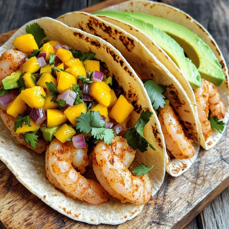 To make spicy shrimp tacos, start with key shrimp ingredients: - 1 pound shrimp, peeled and deveined: Choose fresh or frozen shrimp. Fresh shrimp has the best flavor. Frozen shrimp works well too. Just thaw it before cooking. - Olive oil and seasoning components: Use 2 tablespoons of olive oil. This helps the spices stick to the shrimp. For seasoning, mix in 1 teaspoon each of smoked paprika and chili powder, 1/2 teaspoon of cumin, and 1/4 teaspoon of cayenne pepper for heat. Add salt and pepper to taste. - Tortilla selection: I prefer small corn tortillas. They hold the filling well and add great flavor. You can use flour tortillas if you like. Next, let’s gather the fresh mango salsa components: - Mango and its preparation: Use 1 ripe mango, diced into small pieces. The mango adds sweetness and balance to the spicy shrimp. - Other salsa ingredients: Combine 1/2 red onion, finely chopped, 1 deseeded and minced jalapeño, and 1/4 cup fresh cilantro, chopped. These ingredients add crunch and flavor. - Lime juice: Squeeze the juice of 1 lime into the salsa to brighten the flavors. - Garnishing options: Top the tacos with avocado slices for creaminess and extra flavor. For the full recipe, check out the details! To start, we need to marinate the shrimp. In a medium bowl, combine the shrimp with: - 2 tablespoons olive oil - 1 teaspoon smoked paprika - 1 teaspoon chili powder - 1/2 teaspoon cumin - 1/4 teaspoon cayenne pepper - Salt and pepper to taste Toss the shrimp until they are well coated. Let them sit for about 10 minutes. This helps the flavors blend. Next, we will cook the shrimp. Heat a large skillet over medium-high heat. Add the marinated shrimp to the hot skillet. Cook for about 2-3 minutes on each side. The shrimp should turn pink and opaque. Once done, remove them from the heat. While the shrimp cooks, we can make the mango salsa. In a separate bowl, combine: - 1 mango, diced - 1/2 red onion, finely chopped - 1 jalapeño, deseeded and minced - 1/4 cup fresh cilantro, chopped - Juice from 1 lime - A pinch of salt Mix these ingredients gently. Taste the salsa and adjust the flavors as needed. You can add more lime juice for tang or more jalapeño for heat. Now it's time to put everything together. Start by heating the tortillas. You can warm them in a dry skillet or microwave until they are soft and pliable. To assemble, place a few spicy shrimp on each tortilla. Top them generously with the mango salsa. For an extra creamy touch, add avocado slices on top. Finally, fold the tacos and serve them right away. For the complete recipe, check out the [Full Recipe]. Enjoy your fresh and spicy shrimp tacos! When picking shrimp, both fresh and frozen options work. Fresh shrimp offers a sweet taste. Frozen shrimp can be just as good, as they are frozen right after catch. Look for shrimp with a firm texture and a slight sheen. For sizing, I recommend medium or large shrimp. They hold up well in tacos. If you can find wild-caught shrimp, choose that. It tends to have a better flavor. To change the spice level, adjust the cayenne pepper. If you want more heat, add a pinch more. For less heat, use less cayenne or skip it altogether. You can also try different seasonings. For a smoky flavor, add more smoked paprika. If you like citrus, mix in some lime zest. Experiment with the spices to find your perfect blend. When folding your tacos, warm the tortillas first. This makes them pliable and less likely to tear. Place shrimp in the center and top with mango salsa. For parties, set up a taco bar. Let guests build their own tacos. Provide extra toppings like avocado slices or fresh cilantro. This way, everyone enjoys their meal just how they like it. For the full recipe, check out the detailed instructions above. {{image_2}} You can easily switch up the main protein in these tacos. If you prefer chicken, use boneless thighs for a juicy bite. Simply season and cook them the same way as shrimp. Fish works well too. White fish like tilapia or cod brings a mild taste that pairs nicely with the salsa. For a vegetarian twist, consider using tofu or black beans. Tofu absorbs flavors well. Just marinate it like the shrimp and sauté until golden. Black beans add protein and fiber. Heat them with spices for extra flavor. While mango salsa shines, you can explore other fruit options. Pineapple adds a sweet and tangy kick. Peach salsa brings a juicy and fragrant taste. You can also mix fruits for a unique blend. Don't forget to customize with fresh herbs. Mint or basil can give a fresh twist. Cilantro is classic, but mixing it with parsley adds freshness without overpowering your dish. The choice of tortilla matters. Corn tortillas are traditional and bring a nice texture. They are gluten-free and full of flavor. Flour tortillas are softer and can hold more filling. If gluten is a concern, look for gluten-free options. Many brands offer corn or almond flour tortillas, which are tasty and work well for tacos. Choose based on your preference for texture and flavor. For the full recipe, check out the details above. To keep your leftover tacos fresh, wrap them tightly. Use plastic wrap or foil. Place them in an airtight container. This helps keep out air and moisture. When you want to reheat the shrimp, do it gently. You can use a skillet over medium heat. Heat for about 3-4 minutes. Stir often to avoid burning. You can also microwave them. Place shrimp on a microwave-safe plate. Cover with a damp paper towel and heat for 1-2 minutes. Mango salsa is best fresh, but you can store it. Place the salsa in an airtight container. If you want to keep it fresh longer, add a splash of lime juice. This helps slow down browning. Mango salsa will stay good in the fridge for 3-5 days. Always check for freshness before using. If it smells off or looks brown, toss it out. For more details, check the Full Recipe! To make these tacos spicier, you can add more heat in a few ways. First, use extra cayenne pepper when you season the shrimp. You can also mix in some hot sauce or chili flakes. If you like fresh heat, chop up more jalapeños and add them to the mango salsa. You can even try a dash of your favorite hot sauce right before serving. Don’t forget to taste as you go! Yes, you can prepare both the shrimp and salsa ahead of time. For the shrimp, marinate it in the spices and olive oil, then cover and store it in the fridge. You can do this up to a day in advance. For the mango salsa, chop the mango, onion, jalapeño, and cilantro, then mix them together with lime juice. Store it in an airtight container in the fridge. It stays fresh and tasty for about two days. Spicy shrimp tacos pair well with several side dishes. Try serving them with a fresh salad, like a crunchy slaw or a simple green salad. Chips and guacamole make a great crunchy side too. If you want something warm, consider making Mexican rice or refried beans. These sides add flavor and balance to the meal. You can find the full recipe for these delicious tacos to get started! Enjoying shrimp tacos with fresh mango salsa is simple and fun. You start with marinated shrimp, cook them perfectly, and then prepare a zesty salsa. Remember to choose your shrimp wisely and adjust spices to your taste. You can even switch proteins or salsas for variety. Store leftovers properly for future meals. Experiment with flavors and serve these tacos at your next gathering for a hit. Trust me, your friends will love them!