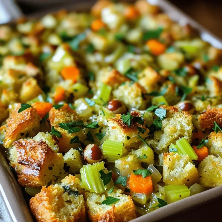 When making classic Thanksgiving stuffing, using the right ingredients is key. Here’s what you need for a delicious and savory dish: - 1 loaf of day-old sourdough bread, cubed - 1 cup cooked chestnuts, roughly chopped - 1 cup celery, diced - 1 cup onion, diced - 1 cup carrots, diced - 1/2 cup unsalted butter - 2 cups vegetable broth - 1 tablespoon fresh sage, minced - 1 tablespoon fresh thyme, minced - 1 tablespoon fresh parsley, minced - 1 teaspoon salt - 1/2 teaspoon black pepper - 1/2 teaspoon garlic powder - 2 large eggs, beaten You'll need a few tools to make this stuffing. Gather the following: - Baking sheet - Large skillet - Mixing bowl - 9x13 inch baking dish When it comes to choosing your ingredients, here are some helpful tips: - How to choose the best sourdough bread: Look for bread that is one or two days old. It should be sturdy, not too fresh, to hold up in the stuffing. Stale bread absorbs flavors and liquids better. - Fresh vs. dried herbs for flavor: Fresh herbs are strong and fragrant. Use them when you can. If you only have dried herbs, use less since they are more concentrated. - Preheat the Oven: Set your oven to 350°F (175°C). This step warms up the oven for even cooking. - Toasting the Bread: Spread the cubed sourdough bread on a baking sheet. Toast it in the oven for 10-15 minutes. You want it lightly golden and dried out. This helps the bread soak up all the flavors later. - Sautéing: In a large skillet, melt the butter over medium heat. Add the diced onion, celery, and carrots. Sauté for 5-7 minutes until they soften. This makes them sweet and tasty. - Timing and Heat Control: Keep an eye on the heat. You don’t want to burn the veggies. Stir them often to cook evenly without browning too much. - Mixing Ingredients: In a large mixing bowl, combine the toasted bread, sautéed vegetables, chestnuts, and herbs. Add salt, pepper, and garlic powder. Mix well so every bite is flavorful. - Baking: Pour vegetable broth over the mixture and stir. It should be moist but not soggy. Add the beaten eggs and gently fold everything together. Transfer the stuffing into a greased 9x13 inch baking dish. Cover with foil and bake for 30 minutes. Remove the foil and bake for another 15-20 minutes. This gives the top a nice golden, crispy finish. This process may seem simple, but each step builds flavor and texture. For the full recipe, check [Full Recipe]. To get the right texture, you want moist stuffing, not soggy. Use day-old sourdough bread. This bread helps soak up the broth, keeping it fluffy. When adding broth, pour slowly. Mix until the bread is wet but not dripping. This ensures every bite is soft and flavorful. For a crispy top, bake uncovered for part of the time. This lets the heat reach the top. It also allows the edges to brown nicely. Try broiling for a few minutes at the end for extra crunch. Adding spices or herbs can make your stuffing shine. Fresh herbs like sage and thyme add bright notes. You can also try rosemary or even some nutmeg. Just a pinch can change the flavor. The quality of your broth matters. Use homemade or organic broth for the best taste. Store-bought can work, but check the label. Look for low sodium options to control salt levels. Stuffing pairs well with many sides. Consider serving it with roasted veggies or cranberry sauce. These dishes add color and contrast to your meal. For plating, scoop stuffing into a small bowl. Add a sprig of parsley on top for a pop of green. You can also serve it in the baking dish for a rustic look. This invites guests to serve themselves, creating a warm atmosphere. {{image_2}} For a vegetarian version, you can skip meat flavors. Use mushrooms or smoked paprika for depth. They add rich, earthy notes that enhance the dish. Consider adding vegetables like zucchini or bell peppers. These add flavor and color to your stuffing. If you need a gluten-free stuffing, choose gluten-free bread. The best types are made from rice or almond flour. They hold moisture well and offer good texture. You may need to increase the liquid in the recipe. This helps keep the stuffing moist and tasty. Fruits can add a twist to your stuffing. Try apples or cranberries for sweetness. They pair well with the savory herbs. If you want a sweeter flavor, use maple syrup or brown sugar. Mixing savory and sweet can elevate your dish. To keep your stuffing fresh, store leftovers in an airtight container. Make sure to cool the stuffing first. Place it in the fridge within two hours after cooking. This helps prevent bacteria growth. You can keep stuffing in the fridge for about 3 to 4 days. If you want to keep it longer, freezing is a great option. - For freezing, use freezer-safe bags or containers. - Squeeze out excess air to avoid freezer burn. - Label the bags with the date so you know when to use them. When it's time to enjoy your leftover stuffing, you have two main options: the oven or the microwave. Oven: - Reheating in the oven gives you a crispier texture. - Preheat to 350°F (175°C) and cover with foil for the first 20 minutes. - Uncover for the last 10 minutes to crisp it up. Microwave: - The microwave is quicker but can make stuffing soggy. - Heat in short bursts, stirring in between. To prevent dryness, add a splash of broth or water before reheating. This helps keep the stuffing moist. How long will stuffing last in the fridge? If stored correctly, stuffing stays good for 3 to 4 days. Signs of spoilage to look for: - Any off smell or discoloration means it’s time to toss it. - If you see mold, do not eat it. For the best flavor and texture, enjoy your stuffing within the first few days. To learn how to make this delicious dish, check out the Full Recipe. Yes, you can make stuffing ahead. Prepare it the day before, then store it in the fridge. Just cover it tightly with foil or plastic wrap. When you're ready to bake, let it sit at room temperature for about 30 minutes. This helps it warm up evenly. Then bake as you normally would. This way, it will taste fresh and delicious. If you can’t find chestnuts, consider using pecans or walnuts. These nuts add a nice crunch. You can also try dried cranberries or apples. They give a sweet note and keep the stuffing moist. Aim for a mix that keeps the texture and flavor you love. If your stuffing is dry, don’t worry! You can fix it easily. Add more vegetable broth slowly while mixing. Stir gently until it reaches your desired moistness. You can also add a bit of melted butter for extra richness. Bake it covered for a while to help steam it back to life. Cooking stuffing inside the turkey adds flavor from the bird. However, it can also take longer to cook. If you cook it separately, it bakes faster and gets a crispy top. Both methods can be tasty. Choose what suits your style and time best. You now have the tools to make a tasty stuffing perfect for any occasion. We covered the essential ingredients, preparation steps, and helpful tips. Remember to choose fresh herbs and quality broth for great flavor. Don't shy away from variations to suit your taste, like vegetarian or gluten-free options. Storing leftovers properly will help you enjoy your creation later. Explore these ideas and dive into your own unique stuffing journey. With practice, you'll impress family and friends every time!