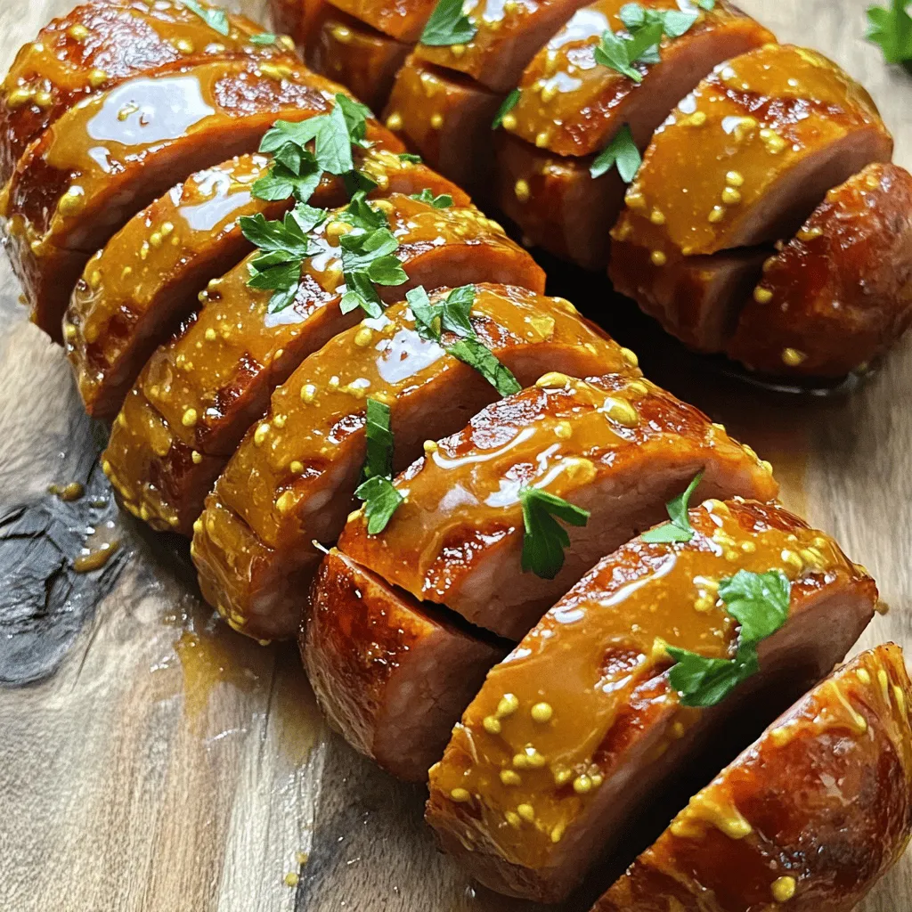 - 1 lb kielbasa, cut into 1-inch pieces - 2 tablespoons Dijon mustard - 1 tablespoon honey - 2 tablespoons olive oil - 2 cloves garlic, minced - 1 teaspoon smoked paprika - 1/2 teaspoon black pepper - 1 tablespoon fresh parsley, chopped (for garnish) The main ingredients are key to the taste. The kielbasa gives a hearty flavor. The Dijon mustard adds a sharp tang. Honey balances the heat with sweetness. This mix creates a great base for your bites. Next, the additional flavors boost the dish. Olive oil keeps the bites moist as they bake. Garlic adds a wonderful aroma and depth. Smoked paprika gives a warm, smoky note. These flavors work together to enhance the dish. Finally, seasoning and garnish finish it off. Black pepper gives a nice kick. Fresh parsley brightens the bites with color and flavor. Each ingredient plays a role in making these bites unforgettable. For the complete recipe, check out the [Full Recipe]. - Preheat your oven to 400°F (200°C). - In a large bowl, whisk together the Dijon mustard, honey, olive oil, minced garlic, smoked paprika, and black pepper until well combined. - Slice each piece of kielbasa in a Hasselback style for even cooking. - Coat the sliced kielbasa in the mustard mixture and marinate. This step adds a burst of flavor. - Arrange kielbasa bites on a parchment-lined baking sheet. - Bake for 20-25 minutes until crispy and heated through. The smell will be amazing! Follow these steps and enjoy your Mustard Hasselback Kielbasa Bites. For the complete recipe, check out the Full Recipe. To make your Mustard Hasselback Kielbasa Bites even tastier, you can marinate them longer. A 30-minute soak gives the flavors more time to blend. You can also try different types of mustard. Honey mustard or spicy mustard can change the taste. Adding spices like cumin or chili powder can bring a new twist. Always preheat your oven to 400°F (200°C). This step helps cook the kielbasa evenly. Using parchment paper on your baking sheet makes cleanup easy. It keeps the bites from sticking and saves time. These bites pair well with many side dishes. Coleslaw adds crunch, while potato salad gives creaminess. You can also offer different dipping sauces. Mustard, barbecue sauce, or ranch dressing can make the meal fun. For the full recipe, check out the earlier section. {{image_2}} You can easily adjust this recipe to meet different dietary needs. For a low-sodium version, use reduced-sodium kielbasa. This keeps the flavor while cutting back on salt. If you want a vegetarian option, try substituting plant-based sausage. It will still deliver that satisfying bite! Want to kick up the heat? Add cayenne pepper or crushed red pepper flakes to the mustard mixture. For a cheesy twist, sprinkle shredded cheese on top before baking. You can also try adding toppings like crispy bacon bits or caramelized onions for even more flavor. Explore global tastes by trying different glazes. A teriyaki glaze will give the bites a sweet and savory flavor. For a smoky touch, use a barbecue sauce. Each glaze brings a unique twist, making your Mustard Hasselback Kielbasa Bites feel fresh and exciting. To store leftover Mustard Hasselback Kielbasa Bites, place them in airtight containers. This keeps them fresh and tasty. Make sure the bites cool down to room temperature first. Cover the container tightly to prevent any air from getting in. Refrigerated, they should last about three days. If you want to keep them longer, you can freeze the kielbasa bites. Place them in a freezer-safe bag or container. Remove as much air as possible to avoid freezer burn. When you’re ready to eat them, thaw in the fridge overnight. To reheat, place them in the oven at 350°F (175°C) for about 10-15 minutes. This helps keep the bites crispy. The shelf life of prepared Mustard Hasselback Kielbasa Bites is about three days in the fridge. If frozen, they can last up to three months. Always check for any off smells or changes in texture before eating. Storing them properly will ensure you enjoy these tasty bites for a longer time! To add heat, you can try a few easy methods. First, mix in some cayenne pepper or crushed red pepper flakes into the mustard sauce. This gives a nice kick without overpowering the other flavors. You can also use spicy mustard instead of Dijon. If you want a smoky heat, add some chipotle powder. Experiment and find what you like best! Yes, you can prepare this dish ahead of time. You can slice the kielbasa and mix the mustard sauce a day before. Store both in separate containers in the fridge. When you’re ready to cook, just marinate the kielbasa for 10 minutes, then bake. This saves time and lets the flavors blend well. These bites pair well with many sides. Consider serving them with coleslaw or potato salad for a nice crunch. You can also offer some fresh veggies and dip for a light option. For drinks, a cold beer or sparkling lemonade complements the flavors perfectly. Enjoy your tasty snacks with these great sides! In this blog post, we explored crafting delicious Mustard Hasselback Kielbasa Bites. You learned about key ingredients like kielbasa, mustard, and spices. We went step-by-step through preparation and baking. Tips for enhancing flavor and variations showed how to customize your bites. Remember, marinating adds depth, and different sides can elevate your dish. Whether you prefer classic or spicy, the options are endless. Enjoy making this tasty treat, and don’t forget to share with friends!