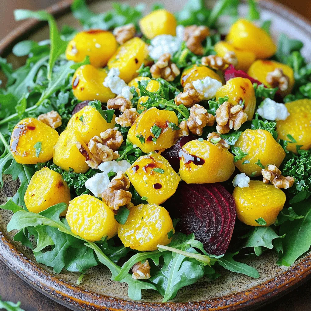 - 4 medium golden beets - 1 cup walnuts, toasted - 4 oz goat cheese, crumbled - 3 cups mixed greens (arugula, spinach, and baby kale) - 1/4 cup extra virgin olive oil - 2 tablespoons balsamic vinegar - 1 tablespoon honey - Salt and pepper to taste - Fresh herbs (such as dill or parsley) for garnish I suggest using four medium golden beets for a vibrant color and taste. You can toast one cup of walnuts for a crunchy bite. Four ounces of crumbled goat cheese adds a creamy texture. Three cups of mixed greens keep the salad fresh and light. For the dressing, a quarter cup of extra virgin olive oil works well. Use two tablespoons of balsamic vinegar and one tablespoon of honey for sweetness. Adjust salt and pepper to your taste. If you want to swap ingredients, feel free to use pecans instead of walnuts. You can also try feta cheese if goat cheese isn't your favorite. When picking golden beets, choose firm ones with no soft spots. Fresh beets should feel heavy for their size. Try to find organic beets when possible. They often taste better and are better for the earth. For walnuts, look for whole, unbroken pieces. Fresh nuts have a sweet, nutty scent. If you buy packaged nuts, check the date to ensure they are still fresh. - Prepping golden beets: Start by washing and scrubbing 4 medium golden beets. This removes dirt and prepares them for roasting. Wrap each beet in aluminum foil and place them on a baking sheet. - Toasting walnuts: In a dry skillet, toast 1 cup of walnuts over medium heat. Stir often for about 5-7 minutes until they turn golden brown and smell nutty. - Roasting golden beets: Preheat your oven to 400°F (200°C). Roast the wrapped beets for 45-60 minutes. They are ready when a fork easily pierces them. - Making the salad dressing: In a small bowl, whisk together 1/4 cup of extra virgin olive oil, 2 tablespoons of balsamic vinegar, 1 tablespoon of honey, and a pinch of salt and pepper. Adjust the taste as needed. - Mixing greens with key ingredients: In a large bowl, combine 3 cups of mixed greens with the roasted beet cubes and toasted walnuts. - Final touches before serving: Drizzle the dressing over the salad and toss gently. Top with 4 oz of crumbled goat cheese and garnish with fresh herbs like dill or parsley. For the complete recipe, check out the [Full Recipe]. - Overcooking beets: Beets can turn mushy if overcooked. Roast them for 45-60 minutes. Test with a fork for tenderness. - Dressing timing: Add dressing just before serving. This keeps greens fresh and crisp. If you dress too early, the salad can wilt. - Creative serving ideas: Serve the salad in clear bowls. This shows off the vibrant colors of the beets and greens. Arrange the beets and walnuts in a circular pattern on top. - Enhancing flavor visually: Garnish with fresh herbs like dill or parsley. This adds a pop of color and a hint of fresh taste. - Adding extra herbs or spices: Experiment with fresh basil or thyme. These herbs can add depth and freshness to your salad. - Using alternative dressings: Try a lemon vinaigrette for a zesty twist. You can also use yogurt-based dressings for creaminess without the heaviness. For the complete process of making this delightful dish, check out the Full Recipe. {{image_2}} For a vegan version, skip the goat cheese and use a nut-based cheese. You can also add avocado for creaminess. To make this salad gluten-free, simply check your balsamic vinegar. Most are gluten-free, but it’s always good to read labels. If you want to change the nuts, try pecans or almonds. Both add a nice crunch. You can also use feta or blue cheese instead of goat cheese. Each brings its own strong flavor to the salad. In spring or summer, add fresh berries like strawberries or blueberries. They bring sweetness and color. In the fall, try adding diced apples or pears for a crunchy twist. Fresh herbs like basil or mint can add a lively taste. To store leftovers, place the salad in an airtight container. Keep it in the fridge, where it will stay fresh for up to three days. This helps prevent soggy greens. If you have leftover dressing, store it separately. It lasts about a week in a jar. You can freeze cooked golden beets. Peel and cube them first, then place in a freezer bag. They will last for about six months. However, once you mix the salad, it’s best to eat it fresh. The assembled salad should be eaten within two days for the best taste. If you want to reheat, do it gently. Place the beets in a microwave-safe dish. Heat in short bursts, checking often. Avoid cooking the greens, as they lose their crunch. Enjoy the salad cold or at room temperature for the best flavor! For the full recipe, check out the Golden Beet Salad with Walnuts and Goat Cheese. Yes, you can use regular beets. They will change the color of your salad. Regular beets have a stronger earthiness than golden beets. Golden beets are sweeter and milder. If you choose regular beets, roast them the same way. Just remember to peel them after cooking. If you don’t have walnuts, you can use pecans or almonds. Both add a nice crunch and flavor. Sunflower seeds are another great option if you want a nut-free choice. Just toast them lightly for the best taste. This salad will last about three days in the fridge. Store it in an airtight container for best results. The beets and cheese keep well, but the greens may wilt over time. To keep them fresh, store the dressing separately. Yes, you can prepare parts of the salad ahead of time. Roast the beets and toast the walnuts the day before. You can also make the dressing in advance. Just mix everything together right before serving for the best taste. This salad pairs well with grilled chicken or fish. For a vegetarian option, serve it with quinoa or lentils. A light white wine or sparkling water complements the flavors nicely. You can also add crusty bread to make it a complete meal. For the full recipe, check out the Golden Beet Salad with Walnuts and Goat Cheese. This blog post detailed a bright and tasty salad made with golden beets, walnuts, and goat cheese. You learned how to prep, cook, and mix these ingredients. We also highlighted quality tips, variations, and storage advice. Remember, fresh ingredients make a big difference. Avoid common mistakes to keep your salad vibrant and full of flavor. With these steps and tips, you are now ready to create a memorable dish. Enjoy experimenting with your own unique twists!