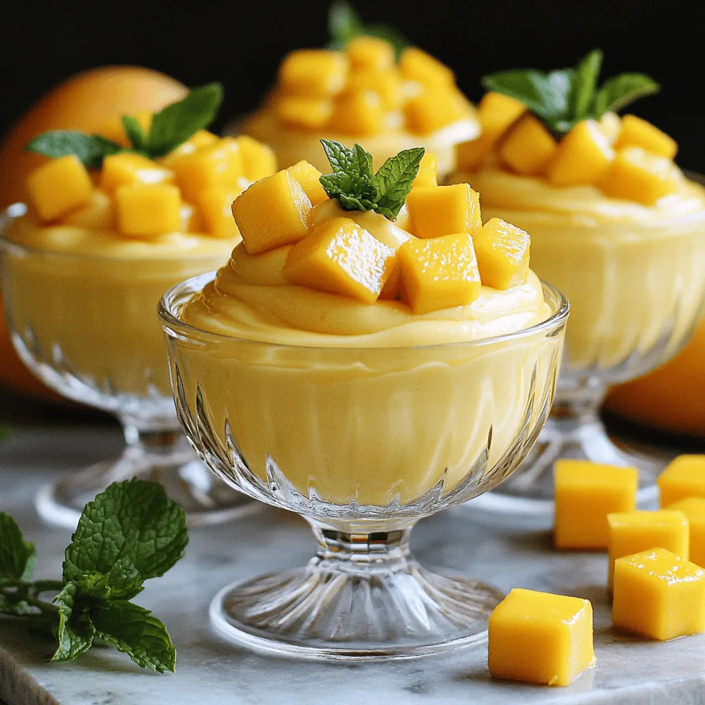 - 2 ripe mangoes, peeled and diced - 1 cup heavy cream - 1/2 cup sweetened condensed milk - 1 tablespoon lemon juice - 1 teaspoon gelatin powder - 3 tablespoons water - Fresh mint leaves for garnish - Additional mango cubes for topping You will need: - Mangoes: Two ripe mangoes give a sweet, rich flavor. - Heavy cream: One cup adds a creamy texture. - Sweetened condensed milk: Half a cup sweetens the mousse. - Lemon juice: One tablespoon brightens the taste. - Gelatin powder: One teaspoon helps the mousse set. - Water: Three tablespoons dissolve the gelatin. - Mint leaves: A few for decoration. - Extra mango cubes: For topping, these add color and taste. Each ingredient plays a key role: - Mangoes: They give the mousse its main flavor. Choose ripe mangoes for the best taste. - Heavy cream: This creates a smooth, rich texture that feels luxurious. - Condensed milk: It adds sweetness and makes the mousse creamy. - Lemon juice: This brings a hint of tartness, balancing the sweetness. - Gelatin: It allows the mousse to hold its shape and not be runny. - Water: Essential for blooming the gelatin, ensuring it works well. - Mint leaves and mango cubes: These not only enhance the look but also add fresh flavor. By using these ingredients, you create a mango mousse that is both light and delicious. For the complete recipe, check out the [Full Recipe]. First, gather your gelatin and water. In a small bowl, mix the gelatin powder with water. Wait about 5 minutes. This allows the gelatin to bloom. It will absorb water and swell, becoming soft. Next, take your diced mangoes and put them in a blender. Add the sweetened condensed milk and lemon juice. Blend until you get a smooth and creamy mix. This step is vital for rich flavor. The mangoes should taste fresh and bright. Now, grab a mixing bowl and pour in your heavy cream. Whip it until soft peaks form. Be careful not to over-whip it. Over-whipping can turn your cream into butter. Gently fold the mango mixture into the whipped cream. Use a spatula and be light-handed. This keeps the mousse airy and fluffy. Once combined, spoon the mousse into serving cups or bowls. Chill it for at least 2 hours. This helps it set properly. Finally, top with mango cubes and fresh mint. You can find the full recipe for this delightful treat in the [Full Recipe]. Choose ripe mangoes for the best taste. Ripe mangoes should feel soft when you press them gently. Their skin will have a few dark spots, showing they are ready. This sweetness makes your mousse more delicious. If they are too hard, wait a few days until they soften. Use cold heavy cream for the best results. Chill your mixing bowl and beaters too. This helps the cream whip faster. Beat until you see soft peaks. Stop here; over-beating can turn cream into butter. Gently fold in the whipped cream with the mango mix. This keeps the mousse light and fluffy. To keep your mousse airy, use a spatula to fold the mango and cream. Start with the mango mix, then add the cream. Move gently to avoid losing air. If your mousse feels dense, it won’t have that light texture we want. The goal is a fluffy, smooth dessert that melts in your mouth. For more tips and detailed steps, check the Full Recipe for Mango Paradise Mousse. {{image_2}} You can enhance your mango mousse by adding other fruits. Berries, such as strawberries or blueberries, pair well with mango. Their tartness balances the sweetness of the mango. You can also mix in banana for a creamy texture. Simply add diced fruit to the blender with the mango. This way, you create a fruity blend that tastes great. If you want a different sweetness level, you can change the sweetener. Honey or maple syrup can replace sweetened condensed milk. Both options add a unique flavor. If you prefer a low-calorie option, try stevia or agave syrup. Just remember to adjust the amount to match your taste. Sweetness is personal, so feel free to experiment. To make a vegan version of mango mousse, swap out the heavy cream and condensed milk. Use coconut cream instead of heavy cream for a rich texture. You can use coconut milk or almond milk for sweetness. For the gelatin, try agar-agar as a plant-based alternative. These swaps keep the mousse creamy and delicious without any dairy. To keep your mango mousse fresh, cover it tightly with plastic wrap. You can also use an airtight container. This helps keep out air and moisture. Make sure to refrigerate it right away. Storing it this way helps maintain its creamy texture. You can freeze mango mousse, but it might change in texture. To freeze, spoon the mousse into freezer-safe containers. Leave some space at the top because it will expand. Seal the containers well. When ready to eat, move it to the fridge overnight to thaw. Mango mousse lasts about 3 to 4 days in the fridge. It's best to eat it within this time for the best flavor. After a few days, the mousse may lose its light texture. Keep an eye on it for any signs of spoilage. Enjoy your delicious treat! For the full recipe, check out Mango Paradise Mousse 🥭. Yes, you can make mango mousse ahead of time. This treat is great for planning. You can prepare it a day before your event. Just store it in the fridge. This helps the mousse set well. The flavors also blend nicely as it chills. Mango mousse lasts about 2 to 3 days in the fridge. Make sure to cover it well. Use plastic wrap or an airtight container. If it shows any signs of spoilage, throw it away. For the best taste, enjoy it fresh! You can use coconut milk or almond milk. They add a nice flavor too. You might want to add some sugar to taste. Another option is to use a mixture of milk and sugar. This will give a creamy texture similar to condensed milk. In this blog post, I shared how to make mango mousse, starting with the key ingredients and their roles. I walked you through the steps to prepare your dessert, from gelatin to whipping the cream. Helpful tips are included to perfect your mousse’s texture. Additionally, I explored various flavors and storage methods. Mango mousse is easy to make and tasty. With these insights, you can impress anyone. Enjoy making this fun treat!