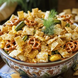 - 3 cups Rice Chex cereal - 3 cups Corn Chex cereal - 1 cup pretzel sticks - 1 cup mixed nuts (e.g., almonds, cashews, pecans) - 1 cup bagel chips, broken into pieces These main ingredients form the base of your Tangy Dill Pickle Chex Mix. The Rice Chex and Corn Chex add a great crunch. Pretzel sticks bring saltiness. Mixed nuts give a nutty flavor, and bagel chips add a nice crunch. - 1/2 cup unsalted butter, melted - 1/4 cup dill pickle juice - 1 tablespoon garlic powder - 1 tablespoon onion powder - 1 tablespoon dried dill weed The flavoring ingredients enhance the taste of your snack. The melted butter makes it rich. Dill pickle juice adds tanginess. Garlic powder and onion powder give warm flavors. Dried dill weed boosts the pickle taste. - 1 teaspoon Worcestershire sauce - 1 teaspoon cayenne pepper (optional, for heat) - Salt to taste These optional ingredients can make your mix unique. Worcestershire sauce adds depth. Cayenne pepper gives heat. You can adjust the salt to fit your taste. If you want extra zing, try adding the optional ingredients. For the full details, check the Full Recipe. First, preheat your oven to 250°F (120°C). This low heat will help toast the mix slowly. While the oven warms up, prepare your baking sheet. Line it with parchment paper or a silicone mat. This will keep the mix from sticking. In a large bowl, combine the Rice Chex cereal, Corn Chex cereal, pretzel sticks, mixed nuts, and bagel chips. Toss them gently. This helps to mix everything evenly. Make sure each piece is spread out well. You want to ensure every bite has a little bit of everything. In another bowl, whisk together the melted butter and dill pickle juice. Add in the garlic powder, onion powder, dried dill weed, Worcestershire sauce, and cayenne pepper if you're feeling spicy. Whisk until everything blends smoothly. This mix gives the Chex mix its tangy flavor. Pour the butter mixture over the dry ingredients. Use a spatula to fold it all together. Make sure every piece gets a good coating. Spread the mixture evenly on your baking sheet. Bake it in the preheated oven for one hour. Stir every 15 minutes. This helps to toast the mix evenly. Once it's golden and crispy, remove it from the oven. Season with salt to taste. Let it cool fully on the baking sheet before moving it to a container. To make your Tangy Dill Pickle Chex Mix really shine, you need a good balance of seasonings. The key is to mix the right amount of garlic powder, onion powder, and dill weed. These ingredients work together to create a savory base. You can also adjust the heat with cayenne pepper. If you want some spice, add a teaspoon. If you prefer a milder taste, leave it out. This way, you can control how spicy your mix is. For the best freshness, store your Chex Mix in an airtight container. This keeps it crunchy and tasty. Do not leave it in an open bowl for too long. The ideal containers are glass jars or plastic bins with tight lids. These options help protect the mix from air and moisture. When serving, presentation matters. Use a large, colorful bowl for a fun look. You can also make individual snack bags. This is great for parties and gatherings. For a creative twist, garnish with fresh dill sprigs. It adds a pop of color and a hint of flavor. Enjoy your snack mix with friends and family! {{image_2}} You can easily switch up the flavors in Tangy Dill Pickle Chex Mix. Try adding spices like smoked paprika or chili powder for a twist. You can also mix in your favorite snack foods. Consider using cheese puffs or popcorn for extra crunch. Substitute the mixed nuts with your preferred nuts, like walnuts or peanuts, to create a new flavor profile. If you need gluten-free options, use gluten-free Chex cereals. Many brands offer rice and corn Chex that fit this need. Instead of pretzel sticks, look for gluten-free pretzels. For vegan substitutions, replace the unsalted butter with vegan butter or coconut oil. The dill pickle juice and spices remain the same, making it easy to keep the flavor intact. You can make this mix fun for the holidays! Add seasonal items like candy corn for Halloween or red and green M&Ms for Christmas. For themed gatherings, think about using colors that match your event. You can also toss in festive sprinkles for birthday parties. These fun mix-ins will make your Tangy Dill Pickle Chex Mix stand out! Tangy Dill Pickle Chex Mix can last for about two weeks when stored right. Keep it in an airtight container to maintain its crunch. If you notice any moisture, it might get soggy. Yes, you can make this snack mix ahead of time. To do this, bake and cool the mix completely. After that, store it in an airtight container. This will keep the flavor fresh and the texture crisp. You can serve Tangy Dill Pickle Chex Mix with drinks like lemonade or iced tea. It also pairs well with creamy dips, like ranch or dill dip. For a fun twist, serve it with pickles or olives on the side. While you can bake this mix at a higher temperature, it’s best to stick to 250°F. If you increase the temperature, watch it closely. Higher heat can burn the Chex and nuts quickly. If you must bake at a higher temp, reduce the baking time to avoid overcooking. Tangy Dill Pickle Chex Mix is a crunchy snack with a zesty twist. This mix combines Rice Chex, Corn Chex, pretzels, nuts, and bagel chips. It gets its unique taste from dill pickle juice and spices. The mix is perfect for parties or movie nights. Preparation Time: 15 minutes Cooking Time: 1 hour Total Time: 1 hour 15 minutes Servings: 12 If you love snack mixes, check out these similar recipes: - Spicy Sriracha Snack Mix - Sweet and Salty Trail Mix - Classic Chex Party Mix Suggested Tools: - Large mixing bowl - Baking sheet - Parchment paper or silicone mat - Spatula for mixing This blog post shared a fun recipe for Tangy Dill Pickle Chex Mix. We explored the key ingredients like Rice Chex, pretzel sticks, and mixed nuts. I detailed how to blend flavors using simple spices like dill and garlic powder. You learned the steps to bake a crunchy snack and tips for serving and storing. Enjoy making this tasty mix! Feel free to modify it for your taste. With a few easy changes, you can make it your own. Go ahead and treat yourself and your guests with this delightful snack!