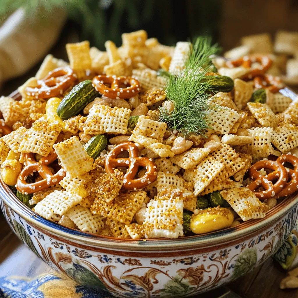- 3 cups Rice Chex cereal - 3 cups Corn Chex cereal - 1 cup pretzel sticks - 1 cup mixed nuts (e.g., almonds, cashews, pecans) - 1 cup bagel chips, broken into pieces These main ingredients form the base of your Tangy Dill Pickle Chex Mix. The Rice Chex and Corn Chex add a great crunch. Pretzel sticks bring saltiness. Mixed nuts give a nutty flavor, and bagel chips add a nice crunch. - 1/2 cup unsalted butter, melted - 1/4 cup dill pickle juice - 1 tablespoon garlic powder - 1 tablespoon onion powder - 1 tablespoon dried dill weed The flavoring ingredients enhance the taste of your snack. The melted butter makes it rich. Dill pickle juice adds tanginess. Garlic powder and onion powder give warm flavors. Dried dill weed boosts the pickle taste. - 1 teaspoon Worcestershire sauce - 1 teaspoon cayenne pepper (optional, for heat) - Salt to taste These optional ingredients can make your mix unique. Worcestershire sauce adds depth. Cayenne pepper gives heat. You can adjust the salt to fit your taste. If you want extra zing, try adding the optional ingredients. For the full details, check the Full Recipe. First, preheat your oven to 250°F (120°C). This low heat will help toast the mix slowly. While the oven warms up, prepare your baking sheet. Line it with parchment paper or a silicone mat. This will keep the mix from sticking. In a large bowl, combine the Rice Chex cereal, Corn Chex cereal, pretzel sticks, mixed nuts, and bagel chips. Toss them gently. This helps to mix everything evenly. Make sure each piece is spread out well. You want to ensure every bite has a little bit of everything. In another bowl, whisk together the melted butter and dill pickle juice. Add in the garlic powder, onion powder, dried dill weed, Worcestershire sauce, and cayenne pepper if you're feeling spicy. Whisk until everything blends smoothly. This mix gives the Chex mix its tangy flavor. Pour the butter mixture over the dry ingredients. Use a spatula to fold it all together. Make sure every piece gets a good coating. Spread the mixture evenly on your baking sheet. Bake it in the preheated oven for one hour. Stir every 15 minutes. This helps to toast the mix evenly. Once it's golden and crispy, remove it from the oven. Season with salt to taste. Let it cool fully on the baking sheet before moving it to a container. To make your Tangy Dill Pickle Chex Mix really shine, you need a good balance of seasonings. The key is to mix the right amount of garlic powder, onion powder, and dill weed. These ingredients work together to create a savory base. You can also adjust the heat with cayenne pepper. If you want some spice, add a teaspoon. If you prefer a milder taste, leave it out. This way, you can control how spicy your mix is. For the best freshness, store your Chex Mix in an airtight container. This keeps it crunchy and tasty. Do not leave it in an open bowl for too long. The ideal containers are glass jars or plastic bins with tight lids. These options help protect the mix from air and moisture. When serving, presentation matters. Use a large, colorful bowl for a fun look. You can also make individual snack bags. This is great for parties and gatherings. For a creative twist, garnish with fresh dill sprigs. It adds a pop of color and a hint of flavor. Enjoy your snack mix with friends and family! {{image_2}} You can easily switch up the flavors in Tangy Dill Pickle Chex Mix. Try adding spices like smoked paprika or chili powder for a twist. You can also mix in your favorite snack foods. Consider using cheese puffs or popcorn for extra crunch. Substitute the mixed nuts with your preferred nuts, like walnuts or peanuts, to create a new flavor profile. If you need gluten-free options, use gluten-free Chex cereals. Many brands offer rice and corn Chex that fit this need. Instead of pretzel sticks, look for gluten-free pretzels. For vegan substitutions, replace the unsalted butter with vegan butter or coconut oil. The dill pickle juice and spices remain the same, making it easy to keep the flavor intact. You can make this mix fun for the holidays! Add seasonal items like candy corn for Halloween or red and green M&Ms for Christmas. For themed gatherings, think about using colors that match your event. You can also toss in festive sprinkles for birthday parties. These fun mix-ins will make your Tangy Dill Pickle Chex Mix stand out! Tangy Dill Pickle Chex Mix can last for about two weeks when stored right. Keep it in an airtight container to maintain its crunch. If you notice any moisture, it might get soggy. Yes, you can make this snack mix ahead of time. To do this, bake and cool the mix completely. After that, store it in an airtight container. This will keep the flavor fresh and the texture crisp. You can serve Tangy Dill Pickle Chex Mix with drinks like lemonade or iced tea. It also pairs well with creamy dips, like ranch or dill dip. For a fun twist, serve it with pickles or olives on the side. While you can bake this mix at a higher temperature, it’s best to stick to 250°F. If you increase the temperature, watch it closely. Higher heat can burn the Chex and nuts quickly. If you must bake at a higher temp, reduce the baking time to avoid overcooking. Tangy Dill Pickle Chex Mix is a crunchy snack with a zesty twist. This mix combines Rice Chex, Corn Chex, pretzels, nuts, and bagel chips. It gets its unique taste from dill pickle juice and spices. The mix is perfect for parties or movie nights. Preparation Time: 15 minutes Cooking Time: 1 hour Total Time: 1 hour 15 minutes Servings: 12 If you love snack mixes, check out these similar recipes: - Spicy Sriracha Snack Mix - Sweet and Salty Trail Mix - Classic Chex Party Mix Suggested Tools: - Large mixing bowl - Baking sheet - Parchment paper or silicone mat - Spatula for mixing This blog post shared a fun recipe for Tangy Dill Pickle Chex Mix. We explored the key ingredients like Rice Chex, pretzel sticks, and mixed nuts. I detailed how to blend flavors using simple spices like dill and garlic powder. You learned the steps to bake a crunchy snack and tips for serving and storing. Enjoy making this tasty mix! Feel free to modify it for your taste. With a few easy changes, you can make it your own. Go ahead and treat yourself and your guests with this delightful snack!