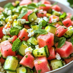 - 4 cups watermelon, cubed - 2 cups cucumber, diced - 1 cup feta cheese, crumbled - 1/4 cup fresh mint leaves, chopped - 2 tablespoons olive oil - 1 tablespoon balsamic reduction (optional) - Salt and pepper to taste - Fresh lemon juice (from 1 lemon) This watermelon cucumber feta salad is a joy to make. The main ingredients are simple and fresh. You start with four cups of juicy watermelon, cut into cubes. This bright fruit gives the salad a sweet taste. Next, you need two cups of diced cucumber. This veggie adds a nice crunch. Finally, one cup of crumbled feta cheese brings in a salty, creamy touch. Now, let’s talk about the extra ingredients. You will want to chop a quarter cup of fresh mint leaves. Mint adds a cool flavor that makes the salad refreshing. You will also need two tablespoons of olive oil. It ties all the flavors together. If you like, add a tablespoon of balsamic reduction for a sweet finish. Don't forget to season with salt and pepper to taste. Lastly, squeeze some lemon juice from one lemon to brighten everything up. These ingredients come together for a salad that is colorful and full of flavor. For the full recipe, check out the instructions later in the article. Making a watermelon cucumber feta salad is simple and quick. You need a few tools to get started. Grab a large mixing bowl, a cutting board, and a sharp knife. A measuring spoon will help you add the right amounts of oil and lemon juice. 1. Combine watermelon and cucumber In your large mixing bowl, add the cubed watermelon and diced cucumber. These two ingredients make the salad fresh and juicy. 2. Add feta and mint Sprinkle the crumbled feta cheese over the watermelon and cucumber. This adds creaminess. Next, toss in the chopped fresh mint leaves for a bright flavor. 3. Drizzle with olive oil and lemon juice Drizzle the olive oil and fresh lemon juice over the salad. The oil adds richness, while lemon juice brings a zesty kick. 4. Toss and season Gently toss all the ingredients together. Be careful not to break the feta too much. Season with salt and pepper to taste. This step is key for balancing flavors. Serve the salad in a large bowl for a beautiful presentation. Garnish with extra mint leaves on top. For a fun touch, arrange the watermelon cubes in a colorful pattern. This makes the salad more appealing. You can find the full recipe for more details on preparation and ingredients. To make your Watermelon Cucumber Feta Salad burst with flavors, consider these tips: - Fresh Herbs: Use fresh mint and basil for a delightful twist. - Citrus Zest: Add lemon or lime zest to brighten the taste. - Spices: A sprinkle of chili flakes can add a gentle heat. - Sweetness: Drizzle honey if you prefer a sweeter flavor. You can also adjust the feta cheese. Try using a creamy goat cheese for a different taste. Mixing in some diced jalapeños brings a kick and makes the salad even more exciting. To keep your salad crisp, follow these steps: - Salt the Cucumber: Lightly salt the cucumber and let it sit for a few minutes. This draws out excess water, keeping it crunchy. - Combine Just Before Serving: Mix the ingredients right before serving to avoid sogginess. - Serve Cold: Chill the watermelon and cucumber before mixing. Cold ingredients feel refreshing and taste better. Avoid letting your salad sit too long. This helps prevent mushiness. If you notice any excess liquid, gently drain it before serving. These simple tips will keep your salad fresh and satisfying. {{image_2}} You can make this salad even more fun by adding unique ingredients. Here are some ideas: - Avocado: This creamy fruit adds a rich texture. Just slice it and mix it in. - Red Onion: Thin slices of red onion give a nice crunch and a bit of bite. - Bell Peppers: Diced bell peppers add color and a sweet crunch. - Mint or Basil: Try mixing in different herbs for a surprise flavor. If you need to change things for your diet, there are options. For dairy-free eaters, you can swap feta for dairy-free feta. It tastes great and keeps the salad fresh. The dressing can change your salad's flavor. While the olive oil and lemon juice work well, you can try other dressings: - Lime Vinaigrette: A mix of lime juice and olive oil adds a tangy twist. - Honey Mustard: This sweet and tangy dressing pairs nicely with the watermelon. - Yogurt Dressing: A creamy yogurt dressing can add richness and depth. For herbs, consider these options: - Basil: This herb brings a sweet and aromatic flavor. - Cilantro: It adds a fresh, zesty note that brightens up the dish. - Dill: This herb adds an unexpected but tasty twist. Feel free to explore these additions and dressings to make your Watermelon Cucumber Feta Salad even more delightful. You can find the Full Recipe for guidance. To keep your Watermelon Cucumber Feta Salad fresh, storing it right is key. First, place any leftovers in a container that seals well. A glass container works best. You can also use a plastic one if it has a good lid. Always make sure the salad is cool before sealing it. This helps keep moisture in and prevents wilting. The salad stays fresh for about 2 to 3 days in the fridge. After that, the cucumber may become soggy, and the flavors start to fade. Watch for signs of spoilage, like a strange smell or a slimy texture. If you see any mold, throw it away. For the best taste, enjoy your salad within the first couple of days. For the full recipe, check out Watermelon Cucumber Feta Salad! What are the health benefits of watermelon and cucumber? Watermelon is hydrating and full of vitamins A and C. It helps keep your skin healthy. Cucumber is low in calories and has lots of fiber. It’s great for digestion. Together, they make a refreshing snack that helps you stay cool. Can I make this salad ahead of time? Yes, you can prepare the salad ahead of time. Just keep the dressing separate until you are ready to serve. This keeps the salad crisp and fresh. Aim to eat it within a day for the best taste. Is it possible to make this salad vegan? Yes! You can make this salad vegan by omitting the feta cheese. Try adding avocado for creaminess and flavor. You can also use a dairy-free feta. This keeps the dish fresh and plant-based. What can I serve with Watermelon Cucumber Feta Salad? This salad pairs well with grilled chicken or fish. You can also serve it with pita bread and hummus. It’s a great side dish for summer barbecues or picnics. Can I substitute feta cheese with another cheese? Yes, you can substitute feta with goat cheese or ricotta for a different flavor. If you want a nutty taste, try using crumbled cotija cheese. Each option will change the salad's taste a bit but keeps it delicious. How can I make the salad taste sweeter? To add sweetness, drizzle honey or maple syrup on top. You can also add more watermelon, as it brings natural sweetness. If you prefer a tangy taste, a splash of balsamic reduction does the trick too. For the full recipe, check out the detailed instructions above. This blog post explored the fresh and vibrant Watermelon Cucumber Feta Salad. We covered the main ingredients and additional flavor boosters. The step-by-step guide made preparation easy, ensuring a crisp salad. Tips for storage and variations let you customize as you wish. Try this recipe for a refreshing dish. Feel free to experiment with flavors and textures. Enjoy your healthy creation, and share it with others!