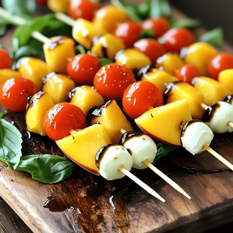 - 2 ripe peaches, cut into wedges - 1 cup cherry tomatoes - 8 oz fresh mozzarella balls (bocconcini) - 1 cup fresh basil leaves These main ingredients create the heart of your Peach Caprese skewers. I love using ripe peaches because they are sweet and juicy. Cherry tomatoes add a pop of color and a burst of flavor. Fresh mozzarella balls are creamy and complement the other ingredients. Don't forget the fresh basil leaves; they bring a fragrant note that ties everything together. - 3 tablespoons balsamic glaze - 2 tablespoons olive oil - Salt and pepper to taste - 12-15 skewers (6-inch) For the final touch, balsamic glaze adds a sweet and tangy finish. Olive oil enhances the flavors and adds richness. A sprinkle of salt and pepper brings out the best in each ingredient. Use 6-inch skewers for easy handling. You can find these ingredients in your local grocery store. For the full recipe, check out the details provided earlier. To start, gather all your ingredients for Peach Caprese Skewers. You will need two ripe peaches, one cup of cherry tomatoes, and eight ounces of fresh mozzarella balls. First, slice the peaches into wedges. Wash the cherry tomatoes under cold water. Then, drain the mozzarella balls to remove excess liquid. Now, let's assemble the skewers. You will need 12 to 15 six-inch skewers for this recipe. Take a skewer and thread a fresh basil leaf onto it. Next, add a peach wedge, followed by a cherry tomato. Then, slide on a mozzarella ball. Repeat this pattern until the skewer is filled. Make sure to leave some space at the end for easy handling. Keep going until all the ingredients are used. You will create colorful and tasty skewers that look great on any table. Once your skewers are ready, it’s time for the finishing touches. Drizzle the skewers with two tablespoons of olive oil. This adds a rich flavor to the dish. Then, season them lightly with salt and pepper. This step enhances the natural flavors of the ingredients. For the final touch, drizzle three tablespoons of balsamic glaze over the skewers. This adds a sweet and tangy taste that pairs perfectly with the peaches and mozzarella. You can serve these beautiful skewers on a large platter or place them in a vase for a fun presentation. Enjoy your Peach Caprese Skewers as a delicious summer snack! For the complete recipe, check the [Full Recipe]. To make great Peach Caprese Skewers, focus on how you thread the ingredients. Start with a fresh basil leaf on the skewer. Then, add a peach wedge, followed by a cherry tomato, and finish with a mozzarella ball. This order gives a nice balance. Be sure to leave a little space at the end of each skewer. This space helps with easy handling and eating. Avoid overcrowding the skewers. Each ingredient needs room. If you pile on too much, the flavors mix too much. Each bite should have a clear taste of sweet peach, juicy tomato, and creamy mozzarella. You can boost your Peach Caprese Skewers with extra toppings or herbs. Try adding a sprinkle of crushed red pepper for heat. You might also enjoy fresh mint leaves for a twist. These small changes can make a big difference in taste. Balancing sweetness and acidity is key. The peaches are sweet, so you need something tart. That's where the balsamic glaze shines. It adds a tangy flavor that pairs well with the sweet peaches. A drizzle of olive oil also helps enhance the taste and texture. Enjoy experimenting with these ideas to make your skewers truly special! {{image_2}} To make Peach Caprese Skewers vegan-friendly, swap the mozzarella with vegan cheese. You can find many options in stores. Use a creamy, nut-based cheese for the best flavor. Make sure to check the label for any hidden animal products. For gluten-free needs, this recipe is already a great choice. All the main ingredients are naturally gluten-free. Just ensure that your balsamic glaze does not have any gluten ingredients. You can find many gluten-free brands at your local store. For parties, get creative with your serving ideas. Arrange the skewers in a tall jar or a vase. This fun display allows guests to grab their skewers easily. You can also use a large platter with fresh basil or greens underneath for color. For themed occasions, you can mix and match fruits. Try using strawberries or watermelon for a twist. You can also add a drizzle of flavored oils or different glazes for a unique taste. These small changes can make your dish stand out at any event. For the full recipe, check the details above and enjoy your culinary journey! To keep your Peach Caprese Skewers fresh, store them in the fridge. Place them on a plate or in a container. Cover them with plastic wrap or a lid. This helps keep them from drying out. They taste best when eaten within two days. If you leave them too long, the peaches may get soft. For long-term storage, you can freeze the ingredients. Cut the peaches and place them in a freezer bag. You can freeze mozzarella balls too. Just make sure to drain them first. Balsamic glaze also freezes well. However, I suggest not freezing the assembled skewers. They may become mushy when thawed. Use the Full Recipe to guide you on how to prepare them fresh each time. You can make Peach Caprese Skewers a few hours before serving. Prepare all your ingredients. Slice the peaches and wash the tomatoes. Assemble the skewers as you normally would. Keep them in the fridge until it's time to serve. This will keep the flavors fresh and crisp. Just remember to drizzle the balsamic glaze right before you serve. This way, your skewers will look and taste amazing. If you cannot find mozzarella, don't worry. You can use feta cheese as a tasty swap. Feta adds a nice tang that pairs well with peaches. Another option is burrata, which has a creamy texture. For a dairy-free choice, try using marinated tofu. It mimics the soft texture of cheese and soaks in flavors well. Each option brings its own twist to the dish. Absolutely! You can use a variety of fruits in your Peach Caprese Skewers. Strawberries, nectarines, or even plums work great. Just keep the fruit's sweetness in mind. You want to balance it with the savory mozzarella and basil. Mixing different fruits can create a colorful and fun snack. Each fruit will add its unique flavor and texture, making your skewers even more exciting. Try mixing and matching to find your favorite combo. For the full recipe, check out this [Full Recipe]. Peach Caprese skewers combine fresh peaches, tomatoes, mozzarella, and basil for a tasty treat. We covered the main ingredients, how to prepare, and tips for the best presentation. Remember, you can adapt this recipe for dietary needs or use other fruits too. In the end, these skewers are perfect for parties or a light snack. Enjoy making and sharing these delicious bites with family and friends!