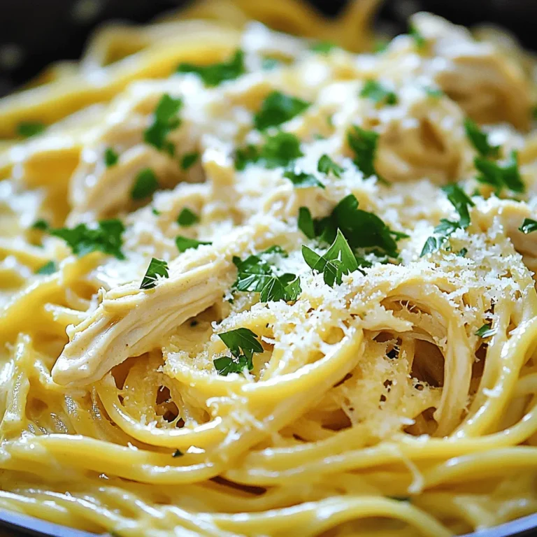 To make Slow Cooker Garlic Parmesan Chicken Pasta, you need simple, fresh ingredients. This dish is creamy, cheesy, and full of flavor. It takes about 4 hours to cook in the slow cooker. You can enjoy it with your family or friends. Here are the key ingredients you will need: - 2 boneless, skinless chicken breasts - 2 cups chicken broth - 1 cup heavy cream - 4 cloves garlic, minced - 1 cup grated Parmesan cheese - 8 oz spaghetti or fettuccine - 1 teaspoon Italian seasoning - 1/2 teaspoon red pepper flakes (optional) - Salt and pepper to taste - 2 tablespoons olive oil - Fresh parsley, chopped (for garnish) Each ingredient plays an important role in creating that rich, creamy sauce. Choosing high-quality ingredients makes a big difference. Use fresh garlic for the best flavor. Select good-quality chicken breasts for tenderness. Look for real Parmesan cheese, not the powdered stuff. Fresh herbs add vibrant taste and color. These choices enhance the dish's overall taste and appeal. When you focus on ingredient quality, you elevate your cooking. This leads to a dish that impresses everyone. You can find the Full Recipe for cooking steps and tips! Start by heating two tablespoons of olive oil in a large skillet over medium heat. Season the two boneless, skinless chicken breasts with salt and pepper. Once the oil is hot, add the chicken to the skillet. Sear each side for about 4-5 minutes until they turn golden brown. This step locks in flavor and moisture. After searing, remove the chicken and set it aside. In the same skillet, add four minced garlic cloves. Sauté them for about one minute. This brings out a lovely aroma. Next, pour in two cups of chicken broth and bring the mixture to a simmer. The broth will pick up the delicious bits from the skillet. Now, transfer the seared chicken to the slow cooker. Pour the garlic broth mixture over the chicken. Add one teaspoon of Italian seasoning and, if you like a little heat, half a teaspoon of red pepper flakes. This gives the dish a nice kick. Cover the slow cooker and set it to cook on low for four hours, or on high for two hours. The chicken is done when it is tender and cooked through. Once cooked, carefully remove the chicken and shred it using two forks. This process makes it easy to mix with the pasta later. While the chicken cools, cook eight ounces of spaghetti or fettuccine according to the package instructions. Drain it and set it aside. Next, stir in one cup of heavy cream and one cup of grated Parmesan cheese into the slow cooker. Mix until everything is smooth and creamy. Finally, return the shredded chicken to the slow cooker, and add the cooked pasta. Stir well to coat the pasta in the creamy sauce. Let it warm for an additional ten minutes on low. For the full recipe, check out the details above! Searing chicken is key to great flavor. Start with a hot skillet. Add olive oil and let it heat up. Season the chicken breasts with salt and pepper. Place them in the skillet without crowding. Cook for 4-5 minutes on each side until golden brown. This step locks in juices and adds depth. Taste as you go! You can always add more seasoning. If the dish feels bland, try adding more salt. Fresh herbs can brighten the flavors too. A pinch of red pepper flakes gives a nice kick. Mix in some Italian seasoning for a classic touch. Remember, the right balance makes every bite special. Avoid cooking the chicken too long. It can dry out and lose flavor. Don't skip searing; it enhances the taste. Also, make sure the sauce simmers before adding the chicken. If you forget to shred the chicken before mixing, you get big chunks instead of tender bites. Follow these tips to enjoy a perfect meal. For the full recipe, check out the Creamy Garlic Parmesan Chicken Pasta. {{image_2}} Adding vegetables is a great way to boost nutrition. You can mix in spinach, peas, or bell peppers. Just chop them up and add them to the slow cooker. This adds fiber and vitamins without changing the dish's taste much. When you cook the chicken, the veggies soften and soak up the garlic and Parmesan flavors. Switching the pasta type can change the meal's vibe. You can use whole wheat pasta for a healthier option. Gluten-free pasta works if you need that. Try penne or rotini instead of spaghetti. The shape of the pasta can hold more sauce, giving you a new texture. Each type brings its own fun twist to the dish. If you love spice, add more red pepper flakes. You can also toss in jalapeños for a kick. For a creamier sauce, add more heavy cream or a splash of cream cheese. This makes the sauce richer and more filling. Adjust the amounts to your taste. Each small change can make a big difference in flavor. For a complete guide to making this dish, check out the Full Recipe. After you enjoy your meal, store leftovers in an airtight container. This keeps the dish fresh and tasty. Make sure to cool the pasta to room temperature before sealing. Place it in the fridge. It will last for about three to four days. Label the container with the date, so you know when to use it. Reheating is easy. You can use the microwave or the stove. For the microwave, place a portion on a plate. Cover it with a damp paper towel to keep moisture. Heat for about one to two minutes, stirring halfway. On the stove, add a splash of chicken broth in a pan. Heat over low, stirring until warmed through. Want to save some for later? You can freeze the dish! First, cool the pasta completely. Then, put it in a freezer-safe container. Make sure to leave some space for expansion. It can stay frozen for up to three months. When ready to eat, defrost it in the fridge overnight before reheating. Enjoy your creamy garlic goodness anytime! Check the Full Recipe if you want to make it again. Yes, you can use frozen chicken. Just remember to increase the cooking time. If you cook on low, aim for about 6 hours. For high, cook for about 3 to 4 hours. Always check that the chicken reaches 165°F for safety. You can keep leftovers in the fridge for up to 3 days. Store them in an airtight container. If you want to keep them longer, freeze them. They can last up to 3 months in the freezer. This dish pairs well with a light salad or garlic bread. A simple green salad with a vinaigrette adds freshness. Garlic bread brings extra flavor and is great for scooping up sauce. You can also serve roasted vegetables on the side for added nutrients. For a fun twist, try some crusty bread for dipping. You learned how to make Slow Cooker Garlic Parmesan Chicken Pasta. We covered the key ingredients that make it great and tips for the best taste. You now know how to sear chicken well and prepare a tasty garlic sauce. Feel free to make it your own by adding veggies or changing the pasta type. Remember, storing leftovers is easy, and reheating is simple too. Enjoy this dish for many meals to come!