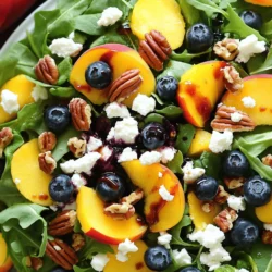 To make a delicious Blueberry Peach Feta Salad, gather these key ingredients: - Fresh Produce: - 2 ripe peaches, sliced - 1 cup fresh blueberries - Salad Greens: - 4 cups mixed salad greens (arugula, spinach, and romaine) - Cheese: - 1/2 cup feta cheese, crumbled - Nuts: - 1/4 cup chopped pecans or walnuts - Dressing Ingredients: - 2 tablespoons honey - 2 tablespoons balsamic vinegar - 2 tablespoons olive oil - Salt and pepper to taste Each ingredient adds a burst of flavor and nutrition. The peaches bring sweetness, while blueberries add a juicy pop. Mixed greens provide a crisp base. Feta cheese gives the salad a salty bite. Nuts add crunch and healthy fats. The dressing ties it all together with a sweet and tangy touch. For the full recipe, check the details above. To start, gather your ingredients. You need ripe peaches, fresh blueberries, red onion, and mixed greens. Slice the peaches into thin wedges. Rinse the blueberries under cold water and set them aside. In a large bowl, mix the sliced peaches, blueberries, and thinly sliced red onion. This mix adds a burst of color and flavor. Next, place the mixed salad greens on top of the fruit. Use arugula, spinach, and romaine for a nice blend. Gently toss everything together. You want the fruits and greens to mix without bruising the peaches. This step sets the stage for a fresh and vibrant salad. Now, let’s make the dressing. In a small bowl, combine honey, balsamic vinegar, and olive oil. Use two tablespoons of each. Add salt and pepper to taste. Whisk the ingredients together until they blend smoothly. This dressing will tie the salad together with a sweet and tangy flavor. If you want to adjust the taste, feel free to add more honey for sweetness or vinegar for tanginess. This dressing is simple but elevates the salad. Once your ingredients are ready, drizzle the dressing over the salad. Toss gently to coat all the ingredients evenly. Make sure every peach slice and blueberry gets some dressing. Taste your salad. If you think it needs more seasoning, add a pinch of salt or pepper. To serve, you can present the salad in a large bowl or on individual plates. For a beautiful touch, garnish with extra blueberries and peach slices. A drizzle of honey on top adds extra sweetness and looks nice. Enjoy this Blueberry Peach Feta Salad as a fresh and flavorful delight! When picking peaches, look for ones that feel soft but not mushy. The skin should have a nice, golden color. For blueberries, choose plump, firm berries. They should be deep blue with a slight shine. Avoid any with wrinkles or soft spots. Fresh fruit makes your salad taste amazing! If you have leftovers, store them in an airtight container. Keep the salad in the fridge. It's best to enjoy it within one day. The salad greens can wilt, but the flavors stay great. If you want to save the dressing, keep it separate. This way, your salad stays fresh longer. This salad pairs well with grilled chicken or fish. The sweet fruits balance savory meats. You can also serve it with crusty bread. A glass of chilled white wine makes a lovely match too. For a fun twist, try adding fresh herbs like mint or basil for extra flavor. For the full recipe, check out the complete instructions and details. {{image_2}} You can boost this salad with protein. Grilled chicken or shrimp works great. Cook the chicken or shrimp simply with salt and pepper. Slice the chicken or shrimp into bite-sized pieces. Add them to the salad for a filling meal. This change makes the salad heartier and more satisfying. Herbs and spices can enhance your salad’s flavor. Try adding fresh basil or mint for a pop of taste. You can also sprinkle some black pepper or cayenne pepper for a little heat. Adjust the amount based on your taste. These additions brighten the salad and make it unique. This salad shines in summer, but you can change the fruit. Try ripe strawberries or juicy nectarines for a twist. You can mix in some raspberries for extra color and flavor. Each season brings new fruits. Be creative and use what is fresh and available. This keeps the salad exciting all year long. For the full recipe, check out the Blueberry Peach Feta Salad section. Store your Blueberry Peach Feta Salad in the fridge. Use an airtight container to keep it fresh. This salad lasts about two days when chilled. The flavors meld well, but the fruit may soften. To keep the salad crisp, store the dressing separately. Add it just before serving for the best taste. I do not recommend freezing this salad. The fruits will lose their texture once thawed. Feta cheese may also become grainy. If you want to save time, you can freeze the dressing. Just mix the honey, balsamic vinegar, olive oil, salt, and pepper. Freeze it in small containers. Defrost it in the fridge when ready to use. Keep your peaches and blueberries in the fridge to last longer. Check them for any bruises or soft spots before storing. This helps prevent spoilage. Wash the fruits gently before use but not before storage. This way, they stay fresh longer. For mixed salad greens, wrap them in a damp paper towel. Store them in a sealed bag. This keeps them crisp and ready for your salad. For more detailed steps, check the full recipe. Yes, you can make the salad ahead of time. I recommend preparing the salad base without the dressing. This way, the fruits stay fresh and do not get mushy. You can store it in the fridge for up to two days. Just add the dressing when you are ready to serve. This keeps everything crisp and tasty. If you don't have feta cheese, try goat cheese or blue cheese. These options give a similar creamy and tangy flavor. You can also use ricotta for a milder taste. If you prefer a dairy-free option, try crumbled tofu or a vegan cheese alternative. Each choice will change the flavor a bit but can still make the salad delicious. Absolutely! This salad is great for meal prep. Just keep the dressing separate to avoid soggy greens. Pack the salad in containers for easy grab-and-go meals. It makes a fantastic lunch or light dinner. You can also mix and match your favorite ingredients for variety throughout the week. You can store leftovers in the fridge for about two days. After this time, the salad may lose its crunch. Keep the dressing in a separate container to extend the shelf life. When you're ready to eat, just toss the salad with fresh dressing. Yes, you can add more fruits! Strawberries, raspberries, or even mango work well. The key is to balance the flavors. Just make sure any added fruits complement the sweetness of the peaches and blueberries. Yes, this salad is naturally gluten-free. All the ingredients, like fruits, greens, and nuts, do not contain gluten. If you make sure your dressing is gluten-free, you’re all set. This makes it a great option for those with gluten sensitivities. I suggest light drinks like sparkling water or iced tea. A fruity white wine also pairs nicely. These drinks complement the fresh flavors of the salad without overpowering them. Definitely! Grilled chicken, shrimp, or chickpeas make great additions. They boost the protein content and make the salad more filling. Just be sure to adjust the dressing to balance the flavors. To make the salad more filling, add grains like quinoa or farro. These add texture and nutrition. You can also increase the amount of nuts or cheese for extra protein and healthy fats. This blog covered a fresh salad to enjoy year-round. We explored key ingredients like peaches, blueberries, and feta cheese. I shared step-by-step instructions for prepping, dressing, and assembling your salad. Useful tips included choosing ripe fruits and storing leftovers. Don’t forget the variations for added protein and flavor! I hope you feel ready to make this salad your own. Enjoy every crunchy bite and the healthy benefits it brings!