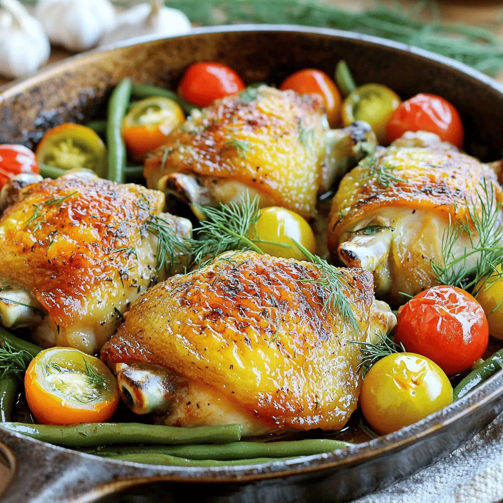 For this tasty dish, you need just a few key items. Gather these: - 4 bone-in chicken thighs, skin-on - 1 cup dill pickle juice - 2 tablespoons olive oil - 4 cloves garlic, minced - 1 teaspoon smoked paprika - 1 teaspoon onion powder - ½ teaspoon black pepper - ½ teaspoon salt - 1 cup cherry tomatoes, halved - 1 cup green beans, trimmed - 1 tablespoon fresh dill, chopped (for garnish) These ingredients work together to create a meal full of flavor. The dill pickle juice adds a tangy kick that brightens the dish. While the main ingredients shine, you can boost the taste with these options: - Lemon slices for zest - Red pepper flakes for heat - Fresh herbs like parsley or thyme Adding these can elevate your dish. A squeeze of lemon brings freshness, while herbs add depth. If you don’t have all the ingredients, don’t worry. Here are some swaps: - Use boneless chicken thighs if you prefer. - Substitute vegetable oil for olive oil. - Try other veggies like zucchini or bell peppers. These alternatives keep the spirit of the dish while allowing you to work with what you have. The goal is to enjoy cooking and eating! For the full recipe, check out the detailed instructions. For this recipe, start by marinating the chicken. Take your 4 bone-in chicken thighs and place them in a large bowl. Pour in 1 cup of dill pickle juice. Cover the bowl and let it sit in the fridge for at least 1 hour. For the best taste, marinate overnight. Next, preheat your oven to 400°F (200°C). This heat is perfect for roasting. Heat 2 tablespoons of olive oil in a large oven-safe skillet over medium-high heat. Once hot, remove the chicken from the marinade. Let any extra juice drip off. Season the skin side with 1 teaspoon of smoked paprika, 1 teaspoon of onion powder, ½ teaspoon of black pepper, and ½ teaspoon of salt. Place the chicken skin-side down in the skillet. Sear it for about 5-7 minutes until the skin turns golden brown. This step locks in the flavor. Carefully flip the chicken over. Add 4 cloves of minced garlic, 1 cup of halved cherry tomatoes, and 1 cup of trimmed green beans around the chicken. Drizzle any leftover marinade over the veggies. To get that nice crispy skin, make sure your skillet is hot enough. Searing the chicken well is key. Do not rush this step. When you bake the chicken, let it cook for 25-30 minutes. Check that the internal temperature reaches 165°F (74°C). This step ensures the chicken is fully cooked. Finally, when you take it out of the oven, let it rest for a few minutes. Garnish with fresh dill before serving. This adds a nice touch and makes it look great on the plate. Follow these steps for a tasty meal. For the full recipe, check out the details shared earlier. To get the best flavor from your chicken, marinate it well. Use dill pickle juice, as it adds great taste and moisture. I suggest letting the chicken thighs soak for at least one hour. For the best results, marinate them overnight. This way, the flavors really soak in. Make sure to cover the bowl tightly so the juice stays in. You might even want to shake the bowl a bit to mix the juice around the chicken. When picking chicken thighs, look for ones that are fresh and plump. The skin should be smooth and not torn. Bone-in, skin-on thighs are best for this recipe. They stay juicy and get crispy when cooked. If you can, choose organic chicken. It often tastes better and is better for the planet. Check the sell-by date to ensure freshness. Sometimes things don't go as planned. If your chicken isn't browning well, make sure the pan is hot enough. If it’s not crispy, try cooking it a bit longer. If your vegetables are too soft, check them during cooking. You can add them later if you want them to stay crunchy. If you run out of dill pickle juice, use a mix of vinegar and water as a quick fix. These tips can help you avoid common kitchen mistakes and enjoy a great meal. {{image_2}} You can add many vegetables to your One Pan Pickle Jar Chicken Thighs. Try bell peppers for sweetness, zucchini for a tender bite, or carrots for a bit of crunch. Broccoli also works well, adding a nice green color and texture. Just chop them to similar sizes. This way, they cook evenly with the chicken. Mix and match based on what you like or what you have at home. If you want to change the flavor, try using different spices. A pinch of cayenne pepper gives heat, while lemon zest adds brightness. You can swap smoked paprika for regular paprika if you prefer a milder taste. Experiment with Italian herbs, like basil or oregano, for a fresh twist. These small changes can make your meal feel new and exciting. For a fun twist, make a mini version of this dish. Use chicken drumsticks instead of thighs. They cook quickly and stay juicy. Reduce the marination time to 30 minutes. You can also use smaller vegetables, like baby carrots or whole cherry tomatoes. This dish is perfect for a quick family meal or a fun dinner for kids. Each bite is packed with flavor and fun! For the full recipe, click here. After enjoying your One Pan Pickle Jar Chicken Thighs, store leftovers in a tight container. Make sure the chicken and veggies cool down first. This helps keep them fresh longer. Place the container in the fridge. Properly stored, your meal lasts up to three days. When you’re ready to eat leftovers, take them out of the fridge. For the best taste, reheat in the oven. Set your oven to 350°F (175°C). Place the chicken and veggies in a baking dish. Cover it with foil to keep moisture in. Heat for about 15-20 minutes or until warm. You can also use a microwave, but the oven keeps the chicken crispy. If you want to save some for later, freezing is a great option. Let the chicken and veggies cool completely. Then, place them in a freezer-safe bag or container. Squeeze out any air before sealing. You can freeze it for up to three months. When ready to eat, thaw in the fridge overnight. Then, reheat as mentioned above for the best taste. For the full recipe, check out the instructions above. Yes, you can use boneless chicken thighs. They will cook faster than bone-in thighs. Just adjust the cooking time. Aim for about 20-25 minutes in the oven. The flavors from the pickle juice and spices will still shine through. You can check this by using a meat thermometer. The chicken should reach 165°F (74°C) inside. If you don’t have a thermometer, cut into the thickest part of the thigh. The juices should run clear, not pink. Always ensure the chicken is fully cooked to enjoy it safely. Many sides go well with this dish. Here are a few ideas: - Rice: Fluffy white or brown rice absorbs the juices. - Potatoes: Roasted or mashed potatoes add comfort. - Salad: A fresh green salad brightens the meal. - Corn: Sweet corn complements the savory chicken. - Bread: Crusty bread is perfect for soaking up sauce. These sides will make your meal feel complete and satisfying. For the full recipe, check back to the main section. You now have all the details needed to make One Pan Pickle Jar Chicken Thighs. Remember the key ingredients and optional ones for extra flavor. Follow the cooking steps carefully for juicy chicken with crispy skin. Don’t forget the tips on marination and choosing the right chicken to enhance taste. Explore variations to keep meals fresh, and store leftovers properly for future enjoyment. With these steps, you'll impress everyone at your table. Enjoy your cooking adventure!