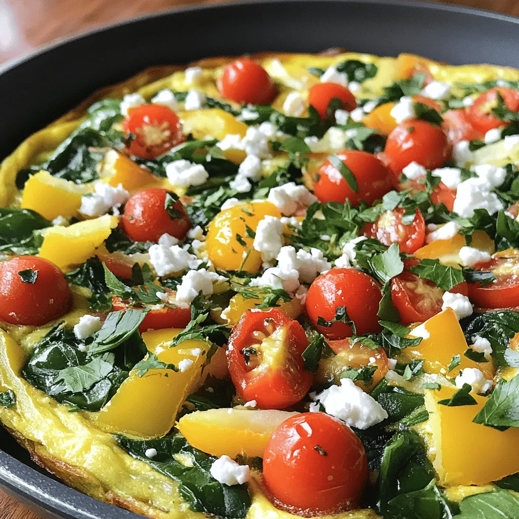 To make a tasty breakfast frittata, gather these ingredients: - 6 large eggs - 1/2 cup milk - 1 cup spinach, chopped - 1/2 cup cherry tomatoes, halved - 1/2 cup bell pepper, diced (any color) - 1/4 cup red onion, finely chopped - 1/2 cup feta cheese, crumbled - 2 tablespoons olive oil - Salt and pepper to taste - Fresh herbs (like basil or parsley) for garnish You can change the frittata to fit your taste. Here are some ideas: - Use egg whites or a plant-based egg substitute for a lighter option. - Swap feta for goat cheese or cheddar for a different flavor. - Try adding zucchini, mushrooms, or broccoli for more veggies. - Replace spinach with kale or arugula to mix up the greens. - Add cooked bacon, ham, or sausage for extra protein. This frittata serves four and has a good balance of nutrients. Each serving has: - Calories: About 200 - Protein: 12g - Carbohydrates: 5g - Fat: 14g - Fiber: 1g This dish is packed with protein from eggs and cheese. The veggies add vitamins and minerals. Enjoy this healthy meal as part of your day. For the full recipe, see the details above. To make your Easy Breakfast Frittata, follow these steps closely. Start by gathering your ingredients. You will need six large eggs, milk, spinach, cherry tomatoes, bell pepper, red onion, feta cheese, olive oil, salt, and pepper. 1. Preheat your oven to 350°F (175°C). 2. In a large bowl, whisk the eggs and milk together until they mix well. Add salt and pepper to taste. 3. Heat olive oil in an oven-safe skillet over medium heat. Add the red onion and bell pepper. Sauté them for about 3 to 4 minutes until they soften. 4. Next, stir in the chopped spinach and cherry tomatoes. Cook for another 2 minutes until the spinach wilts down. 5. Pour the egg mixture over the vegetables in the skillet. Gently stir everything together to combine. 6. Sprinkle the crumbled feta cheese evenly on top of the egg mixture. 7. Cook on the stovetop for 2 to 3 minutes. You want the edges to start setting. 8. Now, transfer the skillet to the preheated oven. Bake for 15 to 20 minutes. The frittata is done when the eggs are fully set and lightly golden. 9. Once baked, remove the skillet from the oven. Let it cool for a few minutes before slicing. 10. Finally, garnish with fresh herbs and serve warm or at room temperature. To make the best frittata, here are some tips to keep in mind: - Use a non-stick skillet to prevent sticking. - Don’t overcook the vegetables. They should be soft but not mushy. - Make sure to whisk the eggs and milk well. This helps create a fluffy texture. - If you have leftover frittata, let it cool before storing it. For a more visual guide, check out the video demonstration linked in the article. This will help you see each step in action. Enjoy your cooking! To get a fluffy frittata, use fresh eggs. Fresh eggs whip up better. Combine eggs with milk for a nice texture. Whisk them well until mixed. Avoid overcooking the frittata on the stovetop. Cook just until the edges set. This keeps the center light and fluffy. You can mix and match ingredients in your frittata. Use any veggies you like. Try mushrooms, zucchini, or broccoli. If you want meat, add cooked sausage or bacon. Cheese is great too. Swap feta for cheddar or goat cheese. Each change gives a new flavor! Timing is key for a great frittata. Preheat your oven to 350°F. After mixing your ingredients, cook on the stovetop for 2-3 minutes. Then, bake in the oven for 15-20 minutes. Check for doneness by gently shaking the pan. If it wobbles slightly, it’s ready. For the full recipe, follow the steps outlined above. {{image_2}} You can easily make a vegetarian frittata. Swap meat for more veggies. Try adding mushrooms, zucchini, or asparagus. You can also use kale instead of spinach. These options add great flavor and nutrition. Mix and match your favorite veggies. This way, you keep it fresh and fun! If you love meat, add ham or bacon for extra flavor. Cook the meat first, then remove it. Add it back when you pour in the eggs. This gives you tasty bites throughout. You can also use cooked sausage or turkey. Each choice brings its own unique taste. Good news! Frittatas are naturally gluten-free. You can enjoy them without worry. Just be sure to check any added ingredients. Use gluten-free cheese or milk if needed. Create a colorful mix of veggies and meats. This way, your frittata stays safe and delicious. For more details, check the Full Recipe. After you enjoy your frittata, let it cool. Then, cover it tightly with plastic wrap or foil. You can also use an airtight container. This way, it stays fresh for up to three days in the fridge. To reheat your frittata, use the oven or microwave. For the oven, preheat it to 350°F (175°C). Place slices on a baking sheet and heat for 10-15 minutes. If you prefer the microwave, warm it for 30-60 seconds. This keeps it moist and tasty. If you want to freeze your frittata, slice it first. Wrap each piece in plastic wrap, then place them in a freezer bag. It’s best to use it within three months. To reheat, let it thaw overnight in the fridge. Then, microwave or bake as described earlier. This makes meal prep easy and fun! You can enjoy your Morning Sunshine Frittata anytime. For the complete recipe, check the Full Recipe section. You can use tofu or chickpea flour as an egg replacement. Silken tofu works well for a creamy texture. Just blend it until smooth. For chickpea flour, mix it with water to create a batter. Use 1 cup of either as a substitute for 6 eggs. These options keep your frittata tasty and healthy. They also add protein and fiber. You can find chickpea flour in many stores or online. Tofu is easy to find and very versatile. Yes, you can make a frittata ahead of time! Cook it fully and let it cool. Once cool, slice it into portions. Store in an airtight container in the fridge for up to 4 days. You can also reheat it in the oven or microwave. This makes it a great choice for busy mornings. Just grab a slice and enjoy! A frittata is done when the edges are set and the center is slightly firm. You can gently shake the pan; it should not jiggle. The top will look golden and slightly puffed. To check, insert a knife in the center. If it comes out clean, it is ready. Cooking times may vary, so keep an eye on it. Following the Full Recipe will help you get it just right! You learned about making a great frittata. We covered key ingredients and cooking steps. I shared tips to customize and store your frittata. Remember, it’s easy to swap ingredients for your taste. Use my advice to avoid mistakes while cooking. With practice, you will master this dish. Enjoy creating your perfect frittata that suits you!