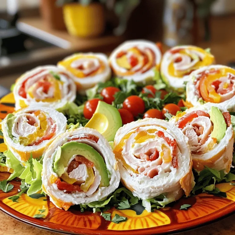 To make Turkey Club Pinwheels, you need: - 4 large flour tortillas - 8 ounces cream cheese, softened - 1 teaspoon garlic powder - 1 teaspoon dried dill - 8 ounces sliced turkey breast - 4 slices cooked turkey bacon (or any preferred crispy bacon alternative) - 1 cup shredded lettuce - 1 medium tomato, sliced - 1/2 avocado, sliced - Salt and pepper to taste Use a standard measuring spoon for the spices. For the cream cheese, ensure it's softened. This helps it spread easily on the tortillas. The turkey breast should be sliced thin. This makes rolling easier and keeps the pinwheels neat. You can swap flour tortillas for whole wheat or spinach ones for a different taste. If you want a dairy-free option, use a plant-based cream cheese. For the turkey bacon, any crispy bacon works well. You can even try smoked salmon for a unique twist. Add or change veggies too! Spinach, bell peppers, or cucumbers can add fun flavors and colors. First, gather all your ingredients. You will need: - 4 large flour tortillas - 8 ounces cream cheese, softened - 1 teaspoon garlic powder - 1 teaspoon dried dill - 8 ounces sliced turkey breast - 4 slices cooked turkey bacon - 1 cup shredded lettuce - 1 medium tomato, sliced - 1/2 avocado, sliced - Salt and pepper to taste Next, mix the cream cheese, garlic powder, dill, salt, and pepper in a bowl. Make sure it’s well combined. This will give your pinwheels a nice flavor. Lay out your tortillas on a clean surface. Spread the cream cheese mixture evenly over each tortilla. Make sure to reach the edges. This helps hold everything together. Now, layer the sliced turkey evenly on top of the cream cheese. Crumble the turkey bacon and sprinkle it over the turkey. Add a layer of shredded lettuce, then the tomato and avocado slices. To roll, start at one end and gently fold the tortilla over the filling. Keep it tight but not too tight to squish the filling out. Roll it all the way to the other end. Make sure the filling stays inside as you roll. If you have any loose ends, tuck them in while rolling. Once rolled, use a sharp knife to slice the pinwheel into 1-inch thick pieces. This size is perfect for grabbing and eating. Arrange your pinwheels cut side up on a colorful platter. This makes them look great! You can garnish with fresh herbs or cherry tomatoes for extra color. A drizzle of balsamic glaze adds flavor and makes it pretty. These Turkey Club Pinwheels are fun for parties, lunch, or quick snacks. Enjoy making them with your family! For the full recipe, check the earlier section. Start with room temperature cream cheese. It mixes better and gets smooth. Add garlic powder and dried dill. These spices add nice flavors. Mix in salt and pepper to taste. Ensure the mixture is spreadable. You want it to cover the whole tortilla evenly. Layer your turkey breast evenly. This gives a good bite every time. Crumble the turkey bacon for crunch. It adds texture to your pinwheels. Next, add fresh lettuce, tomatoes, and avocado. These ingredients offer freshness and color. Aim for balance in flavors and textures. Serve your pinwheels on a bright platter. Use fresh herbs or cherry tomatoes as garnish. This makes the dish pop. For added flair, drizzle a light balsamic glaze on top. It enhances the look and taste. Cut each pinwheel into even pieces for a clean look. Make sure the cut side shows all the colorful layers. {{image_2}} You can switch the turkey for chicken or ham. Both work well with this recipe. If you want a different taste, try roasted beef or even deli salami. These options keep the flavor fun and fresh. Each protein adds its own flair. Just remember to adjust the seasoning to match your choice. To make it vegetarian, use hummus instead of cream cheese. Spread a thick layer of hummus for creamy goodness. Replace the turkey with sliced cucumbers or roasted peppers. For a vegan option, choose plant-based bacon or skip it altogether. Use a mix of avocado and greens for a hearty bite. You’ll still get that satisfying crunch! Want to spice things up? Add jalapeños or hot sauce for a kick. You can also mix in fresh herbs like basil or cilantro for extra flavor. Try using flavored cream cheese, like chive or sun-dried tomato, for a twist. Don’t be shy! Experiment with your favorite ingredients until you find your perfect blend. For the full recipe, check out my detailed guide. To keep your Turkey Club Pinwheels fresh, wrap them tightly. Use plastic wrap or foil. This helps prevent air from drying them out. Store them in an airtight container for best results. Make sure to keep them in the fridge. The cream cheese may spoil if left out. You can enjoy Turkey Club Pinwheels cold or warm. If you prefer them warm, heat them in a microwave. Place them on a microwave-safe plate. Heat for about 15 to 20 seconds. Check to ensure they don't get too hot. Enjoy them cold for a refreshing snack. Turkey Club Pinwheels last about 3 to 5 days in the fridge. After that, they may lose flavor and texture. Always check for any signs of spoilage before eating. If they smell off or look strange, it's best to toss them. Enjoy them fresh for the best taste! Yes, you can make Turkey Club Pinwheels ahead of time. I often prepare them a few hours in advance. Just wrap them tightly in plastic wrap to keep them fresh. Store them in the fridge until you’re ready to serve. This helps the flavors blend together, making them even tastier. Turkey Club Pinwheels pair well with many sides. I love serving them with fresh veggie sticks. Carrot, cucumber, and bell pepper slices add crunch. You can also try serving them with a light dip, like hummus or ranch. For a fun twist, a side salad with a zesty dressing works great too. To keep your pinwheels from falling apart, roll them tightly. Start at one end and keep the filling inside as you roll. Use the cream cheese mixture as glue to hold everything together. If you slice them carefully with a sharp knife, they won’t squish. Enjoy your perfectly intact pinwheels! You learned about the key ingredients needed for Turkey Club Pinwheels and their measurements. We covered the best ways to prepare and roll them for perfect serving. Helpful tips and tricks helped you create a delicious cream cheese mix and presentation. You also saw variations for dietary needs and how to store leftovers. In conclusion, these pinwheels are fun and easy to make. Enjoy trying different flavors to fit your taste!