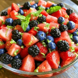 - 4 cups watermelon, cubed - 1 cup strawberries, hulled and halved - 1 cup blueberries - 1 cup blackberries I love using fresh fruits for this salad. Watermelon adds a sweet crunch. Strawberries bring a nice tartness. Blueberries and blackberries add a pop of color and flavor. Each fruit plays a role in making this salad bright and tasty. - 1 tablespoon honey or agave syrup - 2 tablespoons fresh lime juice - Zest of 1 lime - Fresh mint leaves for garnish For the dressing, I use honey or agave. Both sweeten the salad without overpowering it. Fresh lime juice adds zing and balances the sweetness. Lime zest enhances the lime flavor. Fresh mint leaves make the salad look great and taste fresh. - Mixing bowls - Whisk - Measuring cups You will need some simple tools. Mixing bowls help combine the fruit and dressing. A whisk mixes the lime dressing smoothly. Measuring cups ensure you get the right amounts. With these tools, you can create this salad easily. This Watermelon Berry Fruit Salad with Lime Dressing is refreshing and fun to make. You can find the full recipe above. Start with the watermelon. Cut it into cubes. You want bite-sized pieces for easy eating. Next, get the strawberries. Remove the green tops, called hulls. Then, slice each strawberry in half. This makes them easier to mix with the other fruits. For the dressing, grab a small bowl. Add honey or agave syrup to it. Pour in fresh lime juice. Whisk these two together until they blend well. Then, add the lime zest. This adds a nice zing to the dressing. Now, take a large mixing bowl. Add the cubed watermelon, halved strawberries, blueberries, and blackberries. Toss the fruits gently so they mix well. Next, drizzle the lime dressing over the fruit. Toss it again carefully. You want every piece of fruit to get some dressing. Let the salad sit for about 10 minutes. This helps all the flavors blend nicely. Just before serving, add fresh mint leaves on top for a pop of color and flavor. For a complete guide, check the Full Recipe. To make the best Watermelon Berry Fruit Salad, start with the watermelon. Look for one that feels heavy for its size. The skin should have a smooth finish and a dull spot. This spot shows it sat on the ground, ripening nicely. A ripe watermelon will be sweet and juicy. For berries, choose ones that look plump and vibrant. Check for any signs of mold or bruising. Fresh strawberries should be bright red with green leaves. Blueberries and blackberries should be firm and shiny. If you can, buy them from a local farmer’s market. This often means they are fresher and taste better. This fruit salad pairs well with many dishes. Serve it alongside grilled chicken or fish for a light meal. It also makes a great breakfast when added to yogurt or oatmeal. For gatherings, keep the salad in a big, clear bowl. This lets the bright colors show off the yummy fruits. To make it festive, consider using cookie cutters. Cut watermelon into fun shapes that kids will love. You can also layer the salad in clear cups for a nice touch. Top with extra mint leaves to add color and freshness. Timing is key for freshness. Make your salad no more than a few hours before serving. This keeps the fruits crisp and juicy. If you need to prepare it earlier, store the dressing in a separate container. Mix it in just before serving to avoid soggy fruit. For any leftovers, place the salad in an airtight container. This helps keep the flavors intact. The salad will stay fresh for about two days in the fridge. Watch for any signs of spoilage like a change in color or smell. Enjoy the full recipe to guide you through making this delightful dish! {{image_2}} You can change up this salad with other berries. Try raspberries or cherries for fun. Each berry adds its own taste and color. You can also add tropical fruits. Mango or pineapple pieces brighten the mix. These fruits pair well with watermelon. They add sweet and tangy notes. Switch the dressing for a new flavor. Use maple syrup or agave instead of honey. This change makes it sweeter without losing the fresh taste. You can also add herbs. Basil or cilantro gives a unique twist. These herbs add a fresh scent and flavor to the salad. Making this salad vegan is easy. Just swap honey for agave syrup. This keeps it sweet and plant-based. For gluten-free options, rest easy! All ingredients in this salad are gluten-free. You can enjoy it without worry. Just ensure any added ingredients are gluten-free too. For the full recipe, check the Watermelon Berry Fruit Salad. To keep your Watermelon Berry Fruit Salad fresh, place it in the fridge. Use an airtight container to prevent the fruits from drying out. Glass or plastic containers work well. Make sure to seal it tightly. This method keeps the salad crisp for longer. When stored correctly, this fruit salad lasts about three days in the fridge. Look for signs of spoilage. If the fruit looks mushy or has a sour smell, it’s time to toss it. Freshness is key for a tasty salad. Can you freeze fruit salad? Yes, but it may change the texture. To freeze, place the salad in a freezer-safe bag. Remove as much air as possible before sealing. When you’re ready to enjoy it, thaw in the fridge overnight. This way, you can still taste the flavors, but it may not be as crisp. Always remember, fresh is best! To make your salad burst with flavor, add herbs like basil or mint. They bring a fresh taste that pairs perfectly with fruit. You can also add a pinch of salt. Salt enhances the sweetness of the watermelon and berries. A splash of vanilla extract can give it a nice twist too. You can even try adding a sprinkle of cinnamon for warmth. Each of these tips will boost the flavor and make your salad shine. You can make this salad ahead of time, but keep some tips in mind. Prepare the fruits and dressing separately. Combine them just before serving for the best taste. If you mix them too early, the fruits may get soggy. You can store the chopped fruits in an airtight container in the fridge for up to a day. The dressing can also sit in the fridge, ready to go. This way, you save time and still enjoy a fresh salad. If you don't have lime, you can use lemon juice instead. Lemon adds a similar tangy flavor that works well. You can also try orange juice for a sweeter option. If you want a different twist, consider apple cider vinegar. It gives a nice zing but is less sweet. Each of these alternatives will change the taste a bit but will still keep your salad delightful. This blog post outlined how to make a fresh and tasty watermelon berry fruit salad. You learned about the key ingredients, like watermelon and berries, and how to mix them with lime juice and honey. I shared tips on picking fresh fruit and serving ideas for your gatherings. You also saw how to store leftovers and variations to try. Now, you have all the tools to create a delicious fruit salad your friends and family will love. Enjoy making this bright dish all summer long!