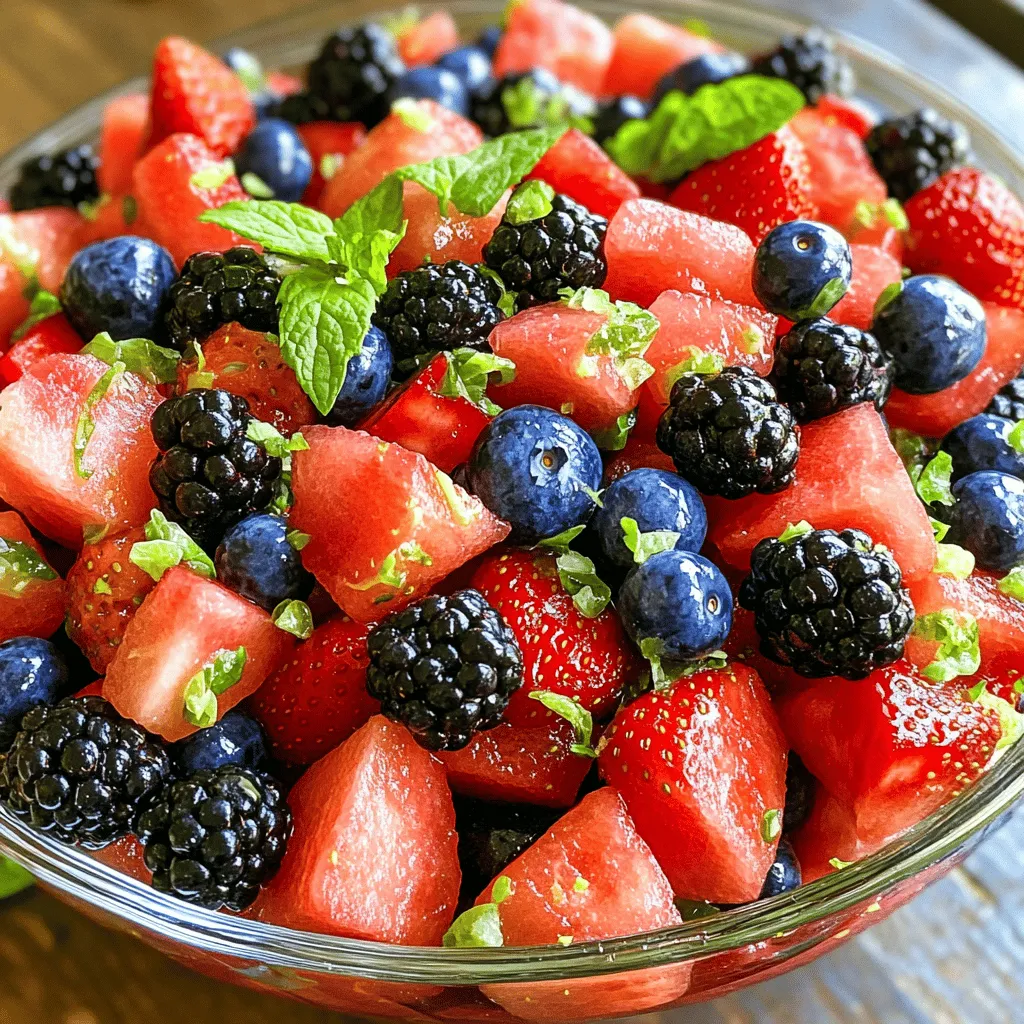 - 4 cups watermelon, cubed - 1 cup strawberries, hulled and halved - 1 cup blueberries - 1 cup blackberries I love using fresh fruits for this salad. Watermelon adds a sweet crunch. Strawberries bring a nice tartness. Blueberries and blackberries add a pop of color and flavor. Each fruit plays a role in making this salad bright and tasty. - 1 tablespoon honey or agave syrup - 2 tablespoons fresh lime juice - Zest of 1 lime - Fresh mint leaves for garnish For the dressing, I use honey or agave. Both sweeten the salad without overpowering it. Fresh lime juice adds zing and balances the sweetness. Lime zest enhances the lime flavor. Fresh mint leaves make the salad look great and taste fresh. - Mixing bowls - Whisk - Measuring cups You will need some simple tools. Mixing bowls help combine the fruit and dressing. A whisk mixes the lime dressing smoothly. Measuring cups ensure you get the right amounts. With these tools, you can create this salad easily. This Watermelon Berry Fruit Salad with Lime Dressing is refreshing and fun to make. You can find the full recipe above. Start with the watermelon. Cut it into cubes. You want bite-sized pieces for easy eating. Next, get the strawberries. Remove the green tops, called hulls. Then, slice each strawberry in half. This makes them easier to mix with the other fruits. For the dressing, grab a small bowl. Add honey or agave syrup to it. Pour in fresh lime juice. Whisk these two together until they blend well. Then, add the lime zest. This adds a nice zing to the dressing. Now, take a large mixing bowl. Add the cubed watermelon, halved strawberries, blueberries, and blackberries. Toss the fruits gently so they mix well. Next, drizzle the lime dressing over the fruit. Toss it again carefully. You want every piece of fruit to get some dressing. Let the salad sit for about 10 minutes. This helps all the flavors blend nicely. Just before serving, add fresh mint leaves on top for a pop of color and flavor. For a complete guide, check the Full Recipe. To make the best Watermelon Berry Fruit Salad, start with the watermelon. Look for one that feels heavy for its size. The skin should have a smooth finish and a dull spot. This spot shows it sat on the ground, ripening nicely. A ripe watermelon will be sweet and juicy. For berries, choose ones that look plump and vibrant. Check for any signs of mold or bruising. Fresh strawberries should be bright red with green leaves. Blueberries and blackberries should be firm and shiny. If you can, buy them from a local farmer’s market. This often means they are fresher and taste better. This fruit salad pairs well with many dishes. Serve it alongside grilled chicken or fish for a light meal. It also makes a great breakfast when added to yogurt or oatmeal. For gatherings, keep the salad in a big, clear bowl. This lets the bright colors show off the yummy fruits. To make it festive, consider using cookie cutters. Cut watermelon into fun shapes that kids will love. You can also layer the salad in clear cups for a nice touch. Top with extra mint leaves to add color and freshness. Timing is key for freshness. Make your salad no more than a few hours before serving. This keeps the fruits crisp and juicy. If you need to prepare it earlier, store the dressing in a separate container. Mix it in just before serving to avoid soggy fruit. For any leftovers, place the salad in an airtight container. This helps keep the flavors intact. The salad will stay fresh for about two days in the fridge. Watch for any signs of spoilage like a change in color or smell. Enjoy the full recipe to guide you through making this delightful dish! {{image_2}} You can change up this salad with other berries. Try raspberries or cherries for fun. Each berry adds its own taste and color. You can also add tropical fruits. Mango or pineapple pieces brighten the mix. These fruits pair well with watermelon. They add sweet and tangy notes. Switch the dressing for a new flavor. Use maple syrup or agave instead of honey. This change makes it sweeter without losing the fresh taste. You can also add herbs. Basil or cilantro gives a unique twist. These herbs add a fresh scent and flavor to the salad. Making this salad vegan is easy. Just swap honey for agave syrup. This keeps it sweet and plant-based. For gluten-free options, rest easy! All ingredients in this salad are gluten-free. You can enjoy it without worry. Just ensure any added ingredients are gluten-free too. For the full recipe, check the Watermelon Berry Fruit Salad. To keep your Watermelon Berry Fruit Salad fresh, place it in the fridge. Use an airtight container to prevent the fruits from drying out. Glass or plastic containers work well. Make sure to seal it tightly. This method keeps the salad crisp for longer. When stored correctly, this fruit salad lasts about three days in the fridge. Look for signs of spoilage. If the fruit looks mushy or has a sour smell, it’s time to toss it. Freshness is key for a tasty salad. Can you freeze fruit salad? Yes, but it may change the texture. To freeze, place the salad in a freezer-safe bag. Remove as much air as possible before sealing. When you’re ready to enjoy it, thaw in the fridge overnight. This way, you can still taste the flavors, but it may not be as crisp. Always remember, fresh is best! To make your salad burst with flavor, add herbs like basil or mint. They bring a fresh taste that pairs perfectly with fruit. You can also add a pinch of salt. Salt enhances the sweetness of the watermelon and berries. A splash of vanilla extract can give it a nice twist too. You can even try adding a sprinkle of cinnamon for warmth. Each of these tips will boost the flavor and make your salad shine. You can make this salad ahead of time, but keep some tips in mind. Prepare the fruits and dressing separately. Combine them just before serving for the best taste. If you mix them too early, the fruits may get soggy. You can store the chopped fruits in an airtight container in the fridge for up to a day. The dressing can also sit in the fridge, ready to go. This way, you save time and still enjoy a fresh salad. If you don't have lime, you can use lemon juice instead. Lemon adds a similar tangy flavor that works well. You can also try orange juice for a sweeter option. If you want a different twist, consider apple cider vinegar. It gives a nice zing but is less sweet. Each of these alternatives will change the taste a bit but will still keep your salad delightful. This blog post outlined how to make a fresh and tasty watermelon berry fruit salad. You learned about the key ingredients, like watermelon and berries, and how to mix them with lime juice and honey. I shared tips on picking fresh fruit and serving ideas for your gatherings. You also saw how to store leftovers and variations to try. Now, you have all the tools to create a delicious fruit salad your friends and family will love. Enjoy making this bright dish all summer long!