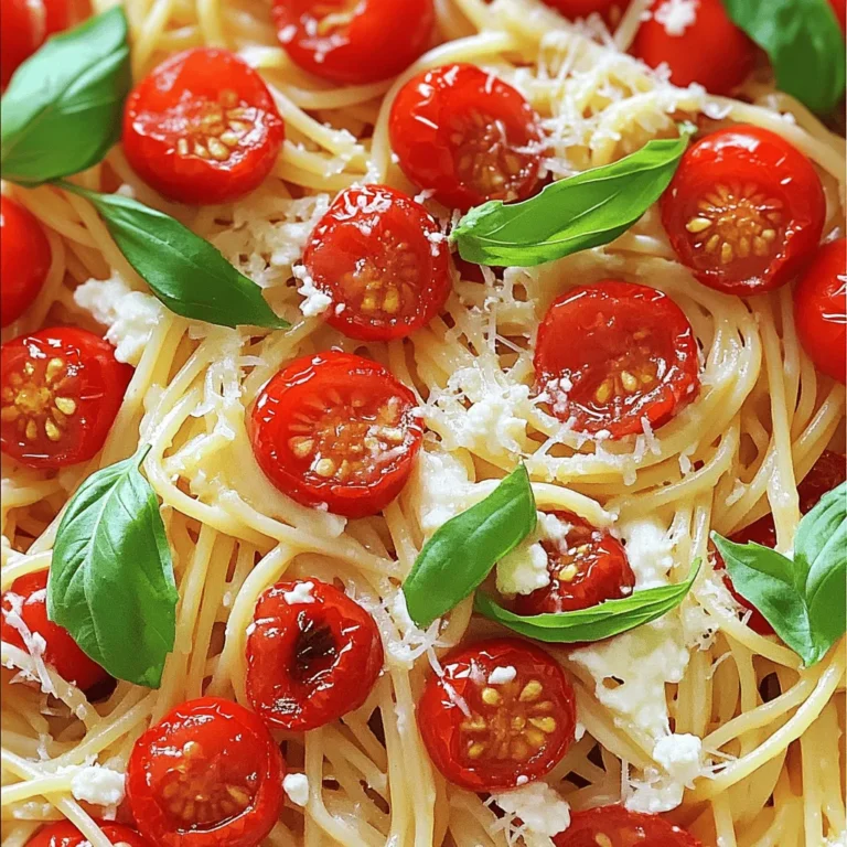 - 2 cups cherry tomatoes, halved - 8 oz pasta (spaghetti or penne) - 1 cup ricotta cheese These main ingredients bring the dish to life. The cherry tomatoes offer sweetness when roasted. The pasta serves as the perfect base to hold the rich sauce. Ricotta cheese adds creaminess and a delightful texture. - 1/2 cup grated Parmesan cheese - 2 garlic cloves, minced - 1 teaspoon dried Italian herbs (oregano, basil, thyme) These flavor enhancers boost the dish’s taste. Parmesan cheese adds a salty, nutty kick. Garlic brings warmth and aroma, while Italian herbs add depth and freshness. Together, they create a well-rounded flavor. - 1 tablespoon olive oil - Salt and pepper, to taste - Fresh basil leaves, for garnish The seasoning and garnish elevate the meal. Olive oil gives richness and helps roast the tomatoes. Salt and pepper enhance all the flavors. Fresh basil leaves add a pop of color and a fragrant touch. For the complete experience, check out the Full Recipe. The combination of these ingredients makes roasted tomato ricotta pasta a dish you’ll want to make over and over. To start, preheat your oven to 400°F (200°C). This temperature will help the tomatoes roast well. Next, grab a baking dish. In it, combine two cups of halved cherry tomatoes with one tablespoon of olive oil. Add salt and pepper to taste. Toss the tomatoes until they are well coated. Roast them in the oven for about 20 to 25 minutes. You will know they are done when they are blistered and caramelized. While the tomatoes roast, fill a large pot with water and bring it to a boil. Add eight ounces of pasta, like spaghetti or penne. Cook it according to the package instructions until it is al dente. When done, reserve half a cup of pasta water. Then, drain the pasta and set it aside. Now, let’s make the sauce. In a large sauté pan, drizzle some olive oil and add two minced garlic cloves. Sauté the garlic for one to two minutes. You want it fragrant but not burnt. Next, mix in one cup of ricotta cheese and the roasted tomatoes, along with any juices from the baking dish. Stir in half a cup of grated Parmesan cheese and one teaspoon of dried Italian herbs. Combine everything well. If needed, add the reserved pasta water to create a creamy sauce. Finally, add the cooked pasta to the pan. Toss it until the pasta is evenly coated in the sauce. Adjust the seasoning with salt and pepper if needed. You can find the full recipe in the earlier sections. Enjoy your cooking! Roasting your tomatoes can really boost their flavor. I recommend roasting them for about 20 to 25 minutes. This will bring out their natural sweetness. Use high-quality tomatoes for the best taste. Fresh cherry tomatoes work great in this dish. Also, fresh olive oil adds depth to the flavor. To make your sauce creamy, reserve some pasta water. This starchy water helps bind everything together. Start with a little and add more as needed. Mix ricotta cheese and Parmesan to adjust the sauce’s richness. The combo gives your pasta a nice, creamy texture. For a beautiful presentation, serve your pasta in wide, shallow bowls. This allows the colors to shine. You can also pair this dish with a fresh salad. A simple green salad balances the flavors. Crusty bread is perfect for soaking up the sauce too. If you want to try making this dish, check out the Full Recipe for all the details! {{image_2}} You can boost the protein in this dish easily. Grilled chicken adds a juicy touch. Shrimp also works well and cooks quickly. For a vegetarian option, use chickpeas. They add protein and a nice texture. Just toss them in at the end to warm up. Seasonal veggies can enhance this pasta. Think about adding spinach or kale for color. Zucchini or bell peppers fit well too. They provide extra nutrition and flavor. You can even add some peas for a sweet crunch. Feel free to mix and match! Exploring different cheeses can change the taste. Try goat cheese for a tangy twist. Feta can also add a salty bite. If you want a vegan option, use cashew cheese. It gives creaminess without dairy. You can easily find many recipes for vegan cheese online. Store your Roasted Tomato Ricotta Pasta in a tight container. This keeps it fresh. It lasts about three to four days in the fridge. Make sure to let it cool down before sealing it up. To freeze leftovers, place the pasta in an airtight container. Be sure to leave some space at the top for expansion. It can stay good for about two months in the freezer. When you're ready to eat, thaw it in the fridge overnight. Reheat it gently on the stove. Add a splash of water to keep it moist. Check for signs that your pasta is bad. If it smells off or the pasta looks dry, toss it out. You can repurpose leftovers by turning them into a pasta bake. Just layer it in a dish with more cheese and bake until bubbly. Yes, you can use different types of pasta. Gluten-free pasta works well in this dish. Whole wheat pasta is another great choice. Both options add a nice texture and flavor. Just adjust the cooking time based on the type you choose. Absolutely! You can prepare the roasted tomatoes and pasta ahead. Store them separately in the fridge. When ready to eat, just heat them together in a pan. Add a splash of pasta water to keep it creamy. Yes, this recipe is vegetarian. It uses ricotta and Parmesan cheese, making it rich and tasty. If you want a vegan option, substitute the cheeses with plant-based alternatives. Nutritional yeast can also add a cheesy flavor. This pasta pairs nicely with fresh salads or garlic bread. A simple arugula salad adds a peppery touch. For drinks, a crisp white wine like Sauvignon Blanc works well. It balances the dish's richness. You can find the full recipe for Roasted Tomato Ricotta Pasta earlier in this article. Enjoy making this delicious dish! Roasted Tomato Ricotta Pasta is a simple and tasty dish. You start with basic ingredients like cherry tomatoes, pasta, and ricotta. Then, enhance the flavors with cheese and herbs. Follow our step-by-step guide for perfect results. Remember to adjust for creaminess and use fresh ingredients for added flavor. You can even personalize the dish with proteins or veggies. Store leftovers correctly or repurpose them for a new meal. Enjoy making this dish your own with the tips provided. It's a dish worth sharing with friends and family.