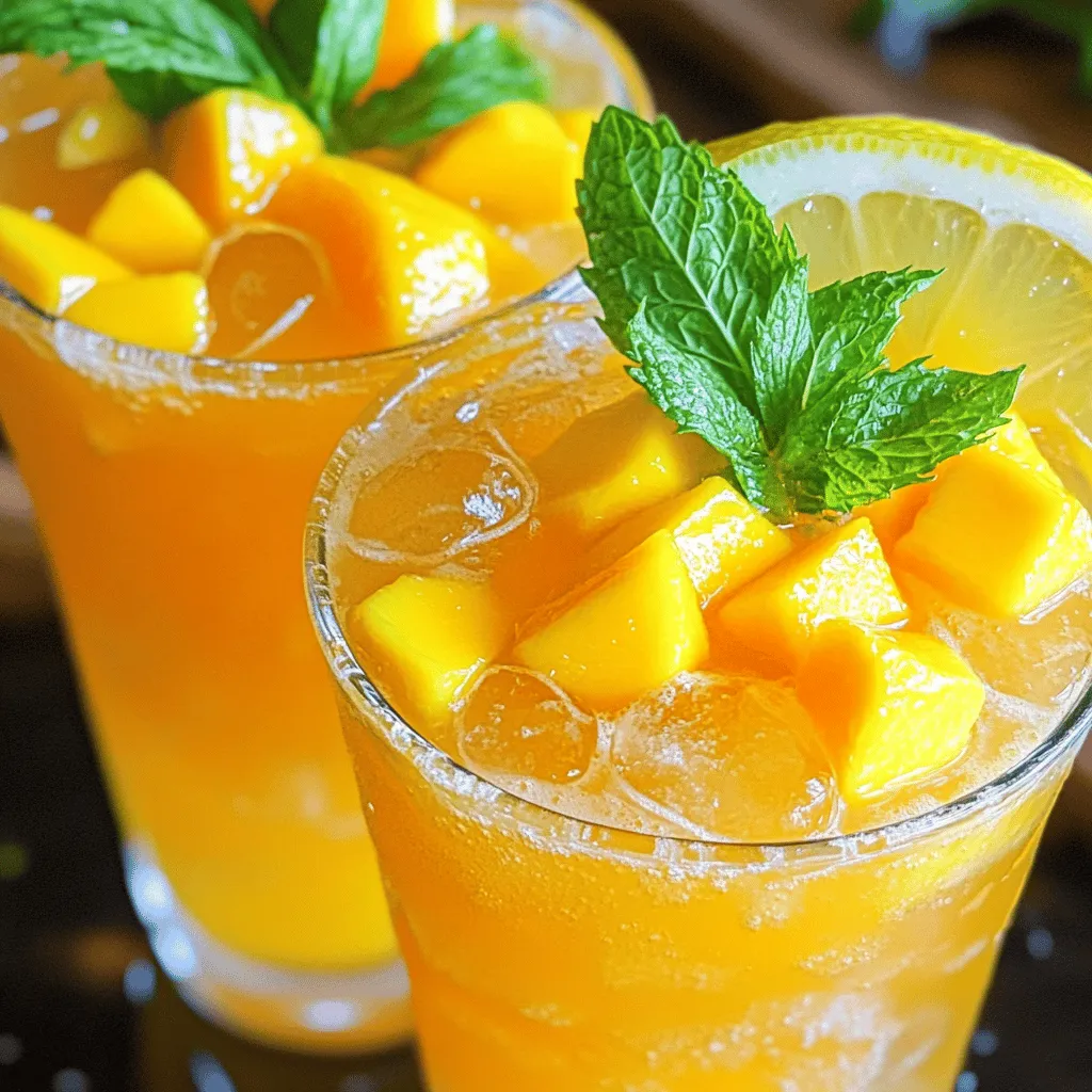 - 2 ripe mangoes, peeled and diced - 1 cup freshly squeezed lemon juice (about 4-5 lemons) - 4 cups cold water - 1/2 cup honey or agave syrup (adjust to taste) - 1/4 teaspoon sea salt - Ice cubes - Fresh mint leaves for garnish - Lemon slices for garnish When I make mango lemonade, I always use ripe mangoes. They add the best flavor. You can pick mangoes that yield slightly when pressed. If you can’t find ripe mangoes, try frozen ones. Just blend them until smooth. For the lemon juice, fresh is best. If you use bottled juice, it may taste different. Honey adds sweetness, but you can replace it with agave syrup. Adjust to your taste. If you want a less sweet drink, use less honey. Garnishes make the drink look great and add flavor. I love using fresh mint leaves on top. They give a nice aroma. Lemon slices on the rim of the glass add a pop of color. You could also try adding a splash of soda for fizz. A colorful straw makes it fun for kids. Use clear glasses to show off the pretty orange color of the drink. For the full recipe, check out the details provided above. To make the mango puree, start with two ripe mangoes. Peel and dice them into small chunks. Place the diced mangoes in a blender. Add one cup of cold water to the blender. Blend until you have a smooth puree. This step brings out the sweet, juicy flavor of the mangoes. Next, grab a large pitcher for the lemonade. Pour in one cup of freshly squeezed lemon juice. You will need about four to five lemons for this. Add half a cup of honey or agave syrup. Adjust the sweetness to your taste. Then, pour in the remaining three cups of cold water. Stir well until the honey dissolves completely. Now, it’s time to combine the two mixtures. Add the mango puree into the lemonade mixture. Stir everything together until well mixed. Taste the mixture to see if you need more sweetness. If it’s too sweet, add more lemon juice. Sprinkle in a quarter teaspoon of sea salt to enhance the flavors. Once you have the perfect flavor, fill your glasses with ice cubes. Pour the mango lemonade over the ice. Finally, garnish with fresh mint leaves and a slice of lemon on the rim. Enjoy your refreshing drink! For the full recipe, check out the details above. To choose ripe mangoes, look for fruit that feels slightly soft. The skin should show some yellow or red color. Smell the stem end; it should have a sweet scent. Avoid hard mangoes; they need more time to ripen. If you find a mango with some dark spots, it may be overripe. Always pick mangoes that feel heavy for their size. This means they are juicy and ready to eat. When making mango lemonade, you can adjust the sweetness. Start with half a cup of honey or agave syrup. Mix it in well, then taste the drink. If it’s not sweet enough, add more honey little by little. You can also add more lemon juice if it’s too sweet. The key is to balance the flavors. Remember, you can make it sweeter, but you cannot take sweetness away! Serve your mango lemonade in clear glasses. This lets the bright orange color shine. Add a few ice cubes to keep it cold. For a fun touch, garnish with fresh mint leaves and lemon slices. You can also use colorful straws for a festive look. Enjoying this drink outside on a sunny day makes it even better. For the full recipe, check the earlier section! {{image_2}} You can add fun flavors to your mango lemonade. Pineapple and coconut are great options. Just blend in a cup of fresh pineapple or coconut milk with the mango puree. This makes your drink taste like a tropical vacation. The sweet and tangy mix is sure to please everyone. If you want some fizz, try sparkling mango lemonade. After mixing the mango puree with lemon juice and water, add sparkling water instead of still water. This gives your drink a refreshing bubble. Serve it cold with ice for a fun summer treat. It’s a great way to impress your friends at any gathering. For an adult twist, you can turn your mango lemonade into a cocktail. Add a splash of vodka or rum to your glass. Mix well and garnish with fresh mint and lemon. This makes a fun drink for parties or sunset sips. It’s a simple way to enjoy a fruity cocktail without much fuss. Feel free to explore these variations for a unique take on the classic mango lemonade. Check out the Full Recipe for all the details! To store leftover mango lemonade, pour it into a clean pitcher or jar. Seal it tightly. This keeps the drink fresh and tasty. Always store it in the fridge. Avoid leaving it out at room temperature. Mango lemonade stays fresh for about three to five days in the fridge. The taste may change after that. If it starts to smell or taste off, it’s best to throw it away. Always check before drinking. You can freeze mango lemonade for longer storage. Pour it into ice cube trays or freezer-safe containers. Leave some space at the top, as liquids expand when frozen. Thaw it in the fridge or at room temperature when you want to enjoy it again. This method lets you savor summer flavors all year long. For the full recipe, refer to the earlier section. Mango lemonade offers many health benefits. Mangoes are rich in vitamins A and C. These vitamins boost your immune system and help your skin glow. Lemon juice provides vitamin C, which helps with iron absorption. It also aids digestion and freshens your breath. Honey adds natural sweetness and has antioxidants. Together, these ingredients create a tasty drink that hydrates and nourishes your body. Yes, you can use frozen mangoes. They work well in this recipe. Frozen mangoes save time and can be just as tasty. Just let them thaw a bit before blending. This helps achieve a smooth puree. You might need to adjust the sweetness since frozen fruit can be sweeter. Oxidation can darken your mango lemonade. To prevent this, add lemon juice as soon as you blend the mangoes. The acidity of the lemon helps keep the color bright. You can also serve the drink right after making it. This keeps it fresh and vibrant. If you need to store it, use an airtight container. Mango lemonade is an excellent choice for hydration. It contains water from both the lemonade and mangoes. The refreshing taste makes it easy to drink more. Plus, the natural sugars provide quick energy. It’s a perfect drink for hot summer days. For the full recipe, check out the Mango Lemonade Splash. Making mango lemonade at home is fun and easy. We explored ingredients, from ripe mangoes to sweeteners. I shared step-by-step instructions for creating a refreshing drink. Plus, we talked about selecting fruit and customizing flavors. Consider fun variations, like coconut or cocktails, to spice it up. Remember, store any leftovers properly, so they stay fresh. Enjoy this tasty drink and its health benefits anytime. You'll impress your friends and family with your skills!