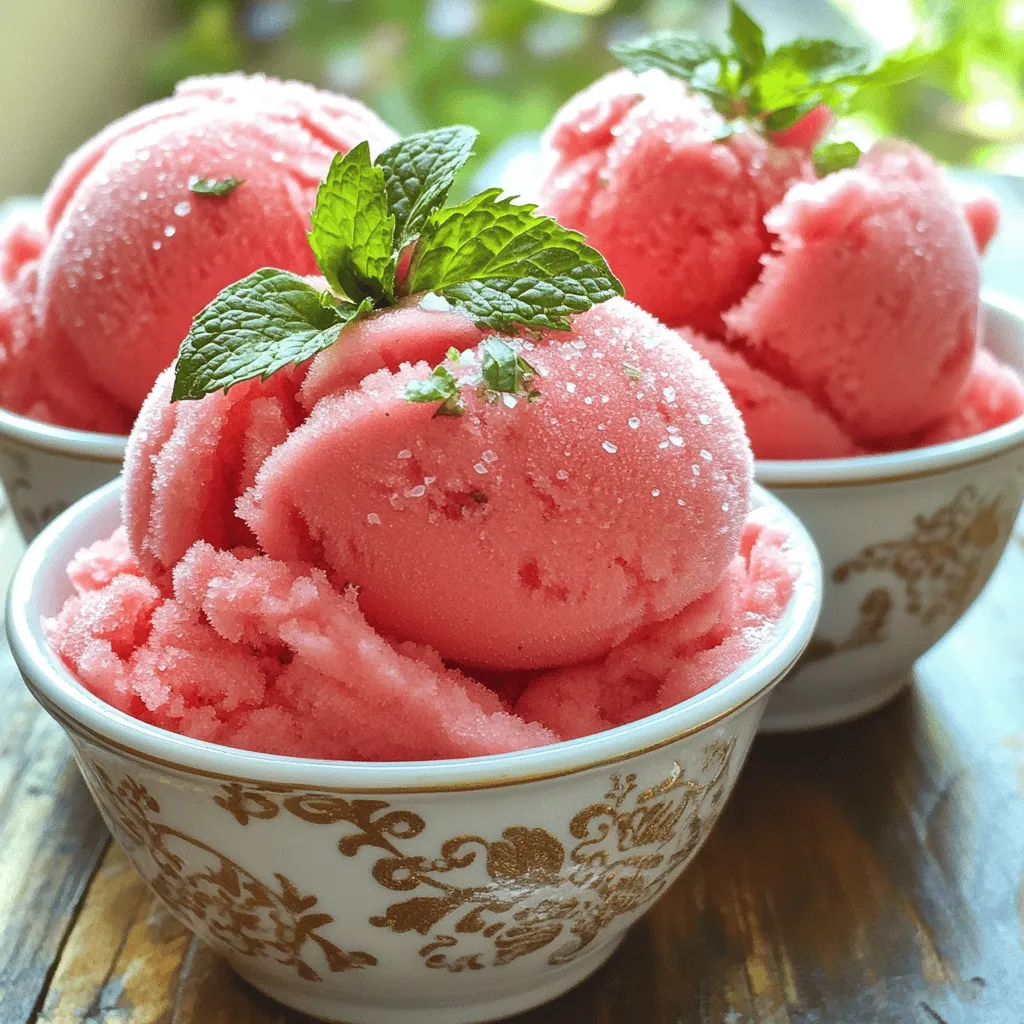 - 4 cups seedless watermelon, cubed and frozen - 2 tablespoons honey or agave syrup - Juice of 1 lime - Pinch of sea salt - Fresh mint leaves for garnish (optional) You can swap honey for maple syrup or stevia if you prefer. Agave syrup works well too. For lime juice, lemon juice adds a nice twist. If you want to use fresh watermelon, that’s fine. Just freeze it for about 2 hours before blending. Frozen watermelon gives a smoother texture for the sorbet. You can try different combinations to find what you like best! To make this sorbet, start with seedless watermelon. First, cut the watermelon into small cubes. Aim for about 1-inch pieces to help them freeze evenly. Next, spread the cubes on a baking sheet in a single layer. This prevents them from sticking together. Place the baking sheet in the freezer for at least 4 hours or until they are completely solid. If you want to speed up the process, freeze overnight for best results. Once your watermelon is frozen, it’s time to blend. Gather your frozen watermelon cubes and place them in a blender or food processor. Add 2 tablespoons of honey or agave syrup, the juice of one lime, and a pinch of sea salt for flavor. Blend the mixture until it turns smooth and creamy. If you notice clumps, pause and scrape down the sides. This helps everything mix well. You want it to be thick and fluffy. If it’s too sweet, you can adjust the taste by adding more lime juice or sweetener. After blending, transfer the sorbet to an airtight container. Spread it out evenly and freeze for about 1 to 2 hours. This helps it firm up before serving. When you’re ready to enjoy, scoop the sorbet into bowls or cones. For a fun touch, garnish with fresh mint leaves. They add color and a nice aroma. This refreshing watermelon sorbet is perfect for a hot summer day! For the complete guide, check the Full Recipe. To make great watermelon sorbet, you need frozen watermelon. This ensures a creamy texture. Freeze your watermelon cubes for at least four hours. The longer, the better! When you blend, use a high-speed blender. This helps break down the ice. If your blender struggles, pause and scrape down the sides. Then, blend again until smooth. This tip makes a big difference in creaminess. Taste is key! After blending, take a small spoonful and taste it. If it needs sweetness, add more honey or agave syrup. You can also add more lime juice for a tangy kick. Lime balances the sweetness well. Start with a little and adjust as needed. Remember, you can always add more, but you can't take it out. Pair your sorbet with other desserts or fruits. It goes well with brownies or shortcakes. You can also serve it in fun containers like cones or fancy bowls. For a nice touch, add fresh mint leaves on top. This adds color and a fresh flavor. Don't be afraid to get creative with your presentation! {{image_2}} You can mix different fruits into your watermelon sorbet. This adds fun flavors and makes it interesting. Some great options are berries like strawberries or blueberries. Pineapple also works well and brings a tropical twist. You can blend these fruits with watermelon for a vibrant sorbet. You don’t have to use honey or agave syrup. Try maple syrup or coconut sugar for a new taste. If you want it less sweet, use less sweetener. Always taste and adjust based on your preference. Each sweetener will change the flavor slightly, so experiment! Serve your sorbet in fun ways to impress your guests. Try making sorbet floats with soda or sparkling water. You can also create a refreshing cocktail by mixing it with some alcohol. For a nice touch, add fresh fruit or mint leaves as a garnish. These small details make your sorbet look even more appealing. Storing watermelon sorbet right keeps it fresh. Use an airtight container to seal in flavor. A glass or plastic container works well. Make sure it has a tight lid. This helps avoid freezer burn. Freezer burn makes sorbet icy and less tasty. To prevent freezer burn, press a piece of plastic wrap against the surface of the sorbet. This adds extra protection. Store it in the back of the freezer. The temperature stays more stable there. Watermelon sorbet stays fresh for up to two weeks in the freezer. After that, it may lose flavor and texture. Look for signs that it’s past its prime. If you see ice crystals forming, the sorbet is starting to go bad. It may also become grainy or hard. If the sorbet has an off smell, it’s time to toss it. Always trust your senses when it comes to food. Thawing watermelon sorbet correctly makes it easy to scoop. Take it out of the freezer and let it sit for about 5 to 10 minutes. This softens it just enough. If you need it ready faster, use a microwave. Set it for 10 seconds at a time. Check often to avoid melting it too much. For quick softening, run warm water over the outside of the container. This helps without affecting the sorbet's texture. Enjoy your refreshing treat! [Full Recipe] Making watermelon sorbet is quick and fun! Prep time is just 10 minutes. You need to freeze the watermelon cubes for at least 4 hours. After blending, let the sorbet freeze for another 1 to 2 hours. So, total time is around 5 hours, but most of it is just waiting. You can enjoy fresh sorbet in no time! You can use fresh watermelon, but it won't be the same. Fresh watermelon has more water. This can make your sorbet icy and less creamy. Frozen watermelon gives a smooth texture and rich flavor. If you want the best sorbet, stick to frozen watermelon cubes. Yes, this recipe fits both diets! It uses watermelon, lime, and sweetener. You can choose honey or agave syrup. Honey is not vegan, but agave syrup is. If you're vegan, use agave syrup to keep it plant-based. Both options give a sweet taste, so pick what you like best! To make watermelon sorbet, you need a blender or food processor. You also need a baking sheet and an airtight container for freezing. If you don't have a blender, you can use a hand mixer, but it may not create a smooth mix. Make sure you have good tools to make the best sorbet! Making watermelon sorbet is simple and fun. We reviewed the essential ingredients, steps, and variations. Remember to use frozen watermelon for the best texture. Adjust sweetness and try different fruits for unique flavors. Store your sorbet well to keep it fresh longer. With these tips, you now have everything to make a delicious treat. Enjoy your refreshing watermelon sorbet, and don’t hesitate to get creative with your flavors!