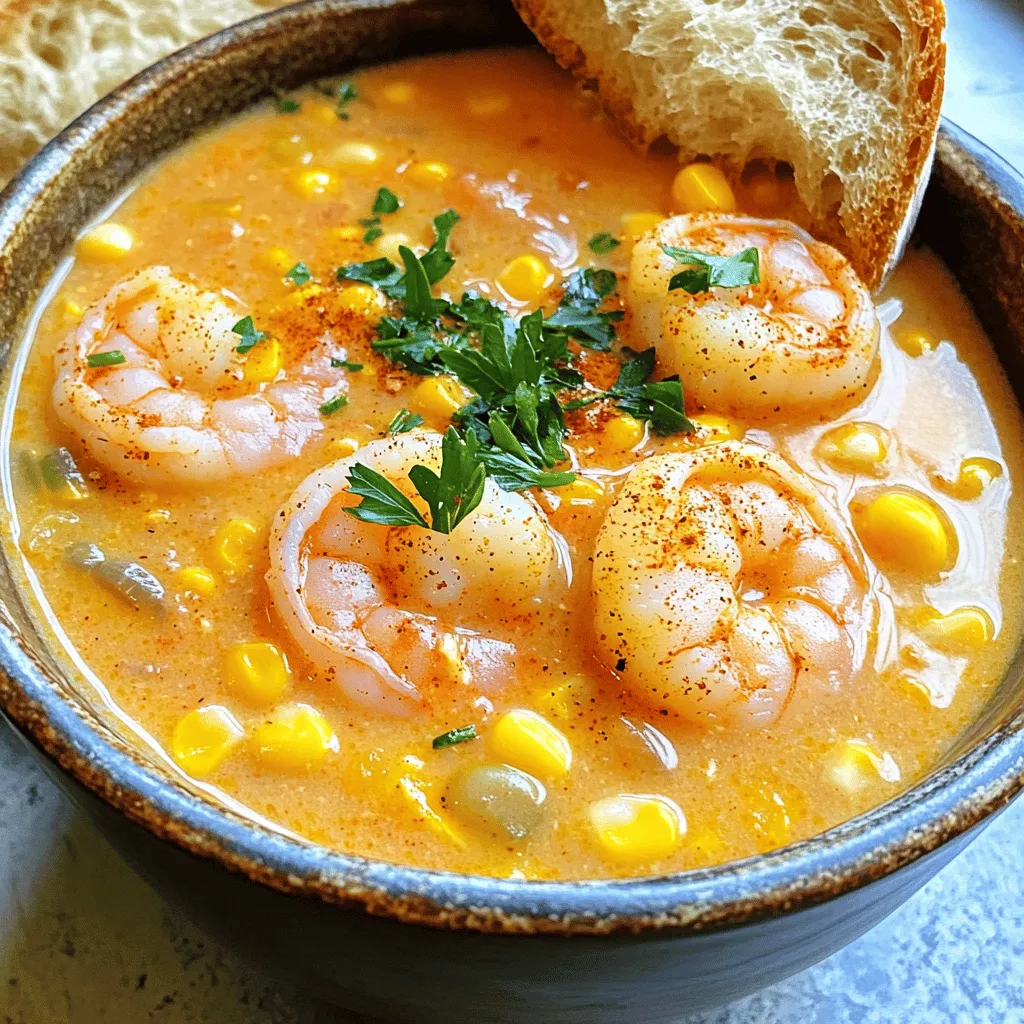 To make Minute Cajun Shrimp and Corn Chowder, gather these simple items: - 1 lb large shrimp, peeled and deveined - 2 cups corn kernels (fresh or frozen) - 1 medium onion, diced - 2 cloves garlic, minced - 1 red bell pepper, diced - 2 medium potatoes, peeled and diced - 4 cups chicken or vegetable broth - 1 cup coconut milk - 2 tablespoons Cajun seasoning - 1 teaspoon smoked paprika - 2 tablespoons olive oil - Salt and pepper to taste - Fresh parsley, chopped (for garnish) If you can't find fresh items, don't worry! Here are some swaps you can use: - Shrimp: Use frozen shrimp. Just thaw them in cold water. - Corn: Canned corn works too. Drain it before using. - Potatoes: You can use instant mashed potatoes for a quicker option. - Coconut milk: Substitute with heavy cream or regular milk if preferred. - Fresh parsley: Dried parsley can replace fresh, but use less. Choosing shrimp can be easy if you know what to look for. Here are some tips: - Freshness: Look for shrimp that smell like the sea, not fishy. - Color: Choose shrimp that look bright and shiny. Avoid dull ones. - Size: Large shrimp are best for chowder. They hold up well in cooking. - Sustainability: Check for eco-friendly labels. It's good for you and the ocean! These ingredients will help you create a rich and tasty chowder. For the full recipe, check out the link provided! Making Cajun shrimp and corn chowder is fun and quick. You start by sautéing some veggies and spices. Then, add broth, potatoes, corn, and shrimp. Finally, stir in coconut milk for creaminess. This dish is ready in about 30 minutes. 1. Heat Olive Oil: In a large pot, heat 2 tablespoons of olive oil over medium heat. 2. Sauté Veggies: Add 1 medium diced onion, 2 minced garlic cloves, and 1 diced red bell pepper. Cook until the onion turns translucent, about 4-5 minutes. 3. Add Potatoes: Mix in 2 diced peeled potatoes. Cook for another 5 minutes. This softens the potatoes a bit. 4. Season the Mix: Sprinkle in 2 tablespoons of Cajun seasoning and 1 teaspoon of smoked paprika. Stir well to coat the veggies. 5. Pour Broth: Add 4 cups of chicken or vegetable broth. Bring to a simmer and cook for 10-15 minutes until the potatoes are tender. 6. Add Corn and Shrimp: Stir in 2 cups of corn kernels and 1 lb of peeled shrimp. Then, add 1 cup of coconut milk. Cook for 5 minutes until the shrimp turn pink. 7. Taste and Adjust: Taste the chowder. Add salt and pepper as needed. 8. Let It Sit: Remove from heat and let it sit for a few minutes. This helps thicken it a bit. - Prep Ahead: Chop your veggies the night before to save time. - Use Frozen Shrimp: Frozen shrimp works great. Just thaw them before cooking. - Adjust Spice: If you want more heat, add extra Cajun seasoning. For the full recipe, check the previous section. Enjoy your delicious chowder! You can add layers of flavor to your chowder. Try adding a splash of hot sauce for heat. Fresh herbs like thyme or cilantro can brighten the dish. If you want a smoky flavor, use smoked sausage. You can also mix in some diced tomatoes for extra sweetness. Each twist makes the chowder unique and fun! Did you accidentally add too much salt? Add a peeled potato to the pot. It will soak up some saltiness. If your chowder is too thick, stir in more broth or coconut milk. If it’s too thin, let it simmer longer to reduce. These simple fixes can save your meal! Use a large pot for this recipe to hold all the ingredients. A sharp knife is a must for easy chopping. A wooden spoon helps mix without scratching your pot. I also recommend a ladle for serving. These tools make cooking smooth and enjoyable. You’ll find it easier to create your chowder masterpiece! For the full recipe, check out the detailed instructions above. {{image_2}} If you want to skip the shrimp, you can still enjoy this chowder. Try using chicken breast or sausage instead. Cut them into bite-sized pieces. Cook them first in the pot before adding the veggies. This adds a nice flavor to your chowder. You could also use firm tofu for a different texture. To make this chowder vegan or vegetarian, swap out the shrimp and broth. Use vegetable broth instead of chicken broth. You can add chickpeas or white beans for protein. They will bring a nice texture and flavor. For creaminess, use almond milk or cashew cream instead of coconut milk. This keeps it light and tasty. If you like spicy food, add more Cajun seasoning. You can also include fresh jalapeños or red pepper flakes. Start small and taste as you go. If the dish is too spicy, balance it with coconut milk. This will cool the heat while keeping the flavor. After enjoying your Cajun shrimp and corn chowder, let it cool down. Once it's cool, transfer it to an airtight container. This helps keep the flavors fresh. You can store the chowder in the fridge for up to three days. If you want it to last longer, freezing is a great option. When you're ready to enjoy your leftovers, take the chowder out of the fridge. Pour it into a pot and heat it over medium heat. Stir often to avoid burning. You can also use a microwave if you prefer. Just heat it in a microwave-safe bowl for 1-2 minutes. Make sure to stir halfway through for even heating. If you have extra chowder, freezing is easy. First, let it cool completely. Then, pour it into freezer-safe containers. Leave some space at the top for expansion. Label the containers with the date. You can freeze the chowder for up to three months. To thaw, move it to the fridge overnight. You can then reheat it as mentioned above. This way, you can enjoy a taste of Cajun comfort anytime! For the full recipe, check out the section above. To add heat to your chowder, use more Cajun seasoning. You can also add hot sauce to taste. For a fresh kick, try diced jalapeños or cayenne pepper. Adjust the amount based on your spice level. Remember, you can always add more spice, but you can't take it away! Yes, you can use frozen shrimp. They work just as well in this recipe. Just make sure to thaw them before cooking. You can do this by placing them in cold water for about 15-20 minutes. This helps them cook evenly in the chowder. Great sides for this chowder include crusty bread or a green salad. The bread is perfect for dipping. A light salad adds freshness and balances the chowder's flavor. You could also serve it with rice for a heartier meal. To thicken your chowder, let it sit for a few minutes after cooking. This allows it to thicken naturally. If you want it thicker, mash some of the potatoes in the pot. You can also mix a bit of cornstarch with water and stir it in as it simmers. This blog post covered many helpful topics for making Cajun Shrimp and Corn Chowder. We explored key ingredients and offered substitutions. I shared clear steps and quick tips for cooking. You learned about enhancing flavors and fixing common mistakes. We also discussed variations for different diets and how to store leftovers. Remember, cooking is fun! Use these tips to create a dish that everyone will enjoy. Experiment with flavors and enjoy your time in the kitchen.