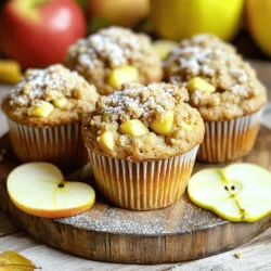 - 2 cups all-purpose flour - 1 teaspoon baking powder - 1/2 teaspoon baking soda - 1/2 teaspoon salt - 1 teaspoon cinnamon - 3/4 cup granulated sugar - 1/2 cup brown sugar, packed - 1/2 cup unsalted butter, melted - 2 large eggs - 1 teaspoon vanilla extract - 1 cup plain yogurt (or sour cream) - 2 cups apples, peeled and diced (about 2 medium apples) - 1/2 cup old-fashioned oats These ingredients make the muffins soft and tasty. The apples add moisture and sweetness. The yogurt helps keep them fluffy. Using butter gives a rich flavor that is hard to beat. The combination of cinnamon and sugars creates a warm aroma that fills your kitchen. - Gluten-free flour substitute - Vegan egg replacements - Nutmeg or additional spices If you want to change the recipe, try these options. Gluten-free flour works well if you need a gluten-free treat. You can swap eggs for flaxseeds or applesauce to make it vegan. Adding nutmeg can give a unique twist to the flavor. These substitutions let everyone enjoy the muffins. For the full recipe, check the details above. - Preheat the oven to 350°F (175°C). - Prepare muffin tins with liners or non-stick spray. - In a large bowl, combine the flour, baking powder, baking soda, salt, and cinnamon. - In another bowl, mix the granulated sugar, brown sugar, and melted butter until smooth. - Add the eggs and yogurt to the sugar mixture. Stir well to combine. - Pour the wet mixture into the dry ingredients. Stir gently until just combined. - Be careful not to overmix; a few lumps are fine. - Fold the diced apples into the batter, ensuring they are evenly spread. - In a small bowl, mix the oats with 1/4 cup of flour, 1/4 cup brown sugar, and 1/4 cup melted butter. - Stir until you form a crumbly mixture. This will add a great crunch. - Divide the muffin batter evenly among the prepared muffin tins, filling each cup about 2/3 full. - Generously sprinkle the oat crumb topping over each muffin. - Bake in the preheated oven for 20-25 minutes or until a toothpick comes out clean. Follow these steps, and you can make the perfect Apple Crumb Muffins. For full details, check the Full Recipe. To make your apple crumb muffins shine, focus on mixing. Avoid overmixing the batter. This keeps your muffins light and fluffy. When you mix too much, they can become tough. Stir gently until just combined. Also, use room temperature ingredients. Take your eggs and yogurt out ahead of time. This helps create a smooth batter and gives your muffins a better texture. Warm ingredients blend easily, resulting in a tasty treat. Serving your muffins nicely makes them even more enjoyable. Place them on a rustic wooden platter. A light dusting of powdered sugar adds a sweet touch. For color, arrange some sliced apples around the muffins. This shows off the apple goodness inside. You can also add a drizzle of honey or caramel on top. It adds a nice shine and extra flavor. Get creative with toppings like chopped nuts or a scoop of ice cream for a fun dessert twist. If your muffins come out dense, don’t worry. This can happen if you overmix or use too much flour. To fix this, try measuring flour correctly. Spoon it into the cup, then level it off with a knife. If you want sweeter muffins, adjust the sugar. You can cut back or add more depending on your taste. For a fun twist, try adding spices like nutmeg or a touch more cinnamon for extra flavor. {{image_2}} To make gluten-free apple crumb muffins, swap regular flour with gluten-free flour. You can use almond flour, coconut flour, or a gluten-free all-purpose blend. Each option brings a unique taste and texture. If you choose almond flour, remember it might make the muffins denser. Coconut flour absorbs more liquid, so use less. Always check the flour package for specific ratios. For vegan apple crumb muffins, replace eggs with flax eggs or applesauce. To make a flax egg, mix one tablespoon of ground flaxseed with three tablespoons of water. Let it sit for five minutes. Instead of yogurt, you can use plant-based yogurt or a mix of almond milk with a splash of vinegar. Both options keep your muffins moist and fluffy. You can add nuts or dried fruits to boost flavor. Chopped walnuts or pecans add a nice crunch. Dried cranberries or raisins lend a sweet touch. Feel free to mix in spices too. Nutmeg or ginger can enhance the warmth of the cinnamon. These simple tweaks create a new twist on classic flavors, making each batch unique. To keep your apple crumb muffins fresh, store them in an airtight container. This helps keep them soft and moist at room temperature. Place them in a cool, dry spot in your kitchen. If you want to store them for a longer time, you can put them in the fridge. Just remember to wrap them well to avoid drying out. Freezing is another great option. To freeze your muffins, let them cool completely first. Then, wrap each muffin in plastic wrap or foil. Place the wrapped muffins in a freezer bag or container. This way, they can last for about three months. When you’re ready to enjoy one, just thaw it at room temperature or pop it in the microwave for a few seconds. Apple crumb muffins last about 3 to 5 days at room temperature. Make sure they are in an airtight container to keep them fresh. If you choose to refrigerate them, you can extend their life up to a week. For freezing, use the proper methods I mentioned. This ensures they stay tasty and fresh. Just remember to label the bags with the date, so you know when you made them. This way, you can enjoy your delicious muffins at any time! For the full recipe, check out the details above. Apple crumb muffins are soft and sweet treats. They have a rich apple flavor and a crunchy topping. The apples make them moist, while cinnamon adds warmth. The crumb topping gives a nice texture contrast. These muffins are great for breakfast or a snack. Yes, you can make these muffins ahead. Bake them and let them cool. Then, store them in an airtight container. They stay fresh for about three days at room temperature. If you want to enjoy them later, you can freeze them. Just wrap each muffin tightly and place them in a freezer bag. To reheat, warm them in the oven or microwave. If you can't use yogurt, sour cream works well. You can also use buttermilk for a similar tangy taste. For a dairy-free option, try almond milk with a splash of vinegar. This will mimic the acidity of yogurt. To help your muffins rise, use fresh baking powder and baking soda. Mix the dry and wet ingredients gently. Overmixing can lead to dense muffins. Fill the muffin cups only two-thirds full for the best rise. Absolutely! You can substitute apples with pears or peaches. Berries like blueberries or raspberries also work well. Just keep in mind that different fruits may change the flavor and moisture level. Feel free to experiment for your perfect muffin blend. If you're ready to bake, check out the Full Recipe for all the details! Apple crumb muffins are a delicious treat that you can easily make. We covered the main ingredients, step-by-step instructions, and tips for success. You can also explore variations for gluten-free and vegan options. Storing and serving these muffins are a breeze, ensuring freshness when you enjoy them later. Remember, small tweaks can enhance your muffins even more. Try these recipes and enjoy a tasty snack that impresses everyone. Get baking and let the flavors surprise you!