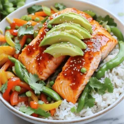 For this tasty dish, gather these ingredients: - 2 salmon fillets (6 oz each) - 1/4 cup sweet chili sauce - 1 tablespoon soy sauce - 1 tablespoon sesame oil - 1 cup jasmine rice - 2 cups vegetable broth (or water) - 1 cup mixed vegetables (e.g., bell peppers, snap peas, carrots) - 1 avocado, sliced - 1 green onion, chopped - Sesame seeds for garnish - Fresh cilantro for garnish (optional) Salmon is rich in omega-3 fatty acids. These good fats help your heart. Jasmine rice gives you energy. It is a good source of carbs. Mixed vegetables add fiber and vitamins. They keep your body healthy. Avocado is full of healthy fats. It also has potassium and fiber. To make this bowl, you need a few key tools: - A shallow dish for marinating the salmon - A medium saucepan for cooking rice - A non-stick skillet for sautéing vegetables - A baking sheet lined with parchment paper - A fork for fluffing the rice These tools will help you create a delicious Sweet Chili Salmon Bowl. You can find the full recipe to guide you through the steps. Start by marinating the salmon. In a shallow dish, whisk together the sweet chili sauce, soy sauce, and sesame oil. Place the salmon fillets skin-side down in the dish. Let the salmon marinate for at least 15 minutes. This step adds flavor and helps keep the fish moist. While the salmon marinates, cook the jasmine rice. In a medium saucepan, bring the vegetable broth or water to a boil. Add the jasmine rice and stir. Reduce the heat to low, cover the pot, and let it simmer for about 15 minutes. Once cooked, the rice should be fluffy and the liquid fully absorbed. Next, prepare the mixed vegetables. Heat a non-stick skillet over medium-high heat. Add a splash of water or a teaspoon of sesame oil. Toss in your mixed vegetables, like bell peppers, snap peas, and carrots. Sauté for about 3-5 minutes until they are tender but still crisp. This keeps their bright color and crunch. Now, it’s time to bake the salmon. Preheat your oven to 400°F (200°C). Line a baking sheet with parchment paper. Place the marinated salmon on the sheet. Bake for 12-15 minutes or until the salmon flakes easily with a fork. Cooking it just right makes the salmon tender and juicy. Once everything is ready, assemble your bowl. Fluff the cooked jasmine rice with a fork. Divide the rice evenly among bowls. Top each bowl with sautéed vegetables, a salmon fillet, and slices of avocado. The colors and textures will look amazing together. For the final touch, garnish each bowl. Sprinkle chopped green onion and sesame seeds on top. If you like, add fresh cilantro for extra flavor. Drizzle any leftover marinade from the salmon over the top for a burst of taste. Enjoy your Sweet Chili Salmon Bowl! This recipe is simple and gives you a healthy meal packed with flavor. You can find the full recipe above to help you along the way. To cook salmon just right, focus on timing. Bake your salmon at 400°F for 12-15 minutes. This method keeps it moist and flaky. Check for doneness by gently poking the fish. It should flake easily with a fork. If you prefer, you can grill or pan-sear it. Both methods create a tasty crust. Always marinate your salmon first to enhance its flavor. To make fluffy jasmine rice, rinse it first. This removes extra starch and prevents it from sticking. Use a ratio of 1 cup rice to 2 cups vegetable broth or water. Bring the liquid to a boil, then lower the heat. Cover it and let it simmer for 15 minutes. After cooking, let it sit for 5 minutes before fluffing with a fork. This step helps the rice grains separate nicely. If you want to mix things up, try different marinades. Teriyaki sauce gives a sweet, savory flavor. Honey and soy sauce also work well together. For a spicy kick, add chili garlic sauce. You can even use a lemon or lime juice blend for zest. Each substitute offers a unique taste, so feel free to experiment! Using the right tools makes cooking easier. A non-stick skillet is great for sautéing vegetables. A baking sheet lined with parchment paper helps with clean-up. A medium saucepan is needed for cooking rice. Use a fork for fluffing the rice and serving the bowl. These tools simplify the cooking process and give you great results. Don't forget to have measuring cups and spoons handy! For the full recipe, check out the Sweet Chili Salmon Bowl recipe above. {{image_2}} You can switch out salmon for other proteins. Chicken works well and absorbs flavors nicely. Try firm tofu for a plant-based option. Shrimp also adds a nice touch and cooks quickly. Each protein brings its own flavor and texture. You can use any of these proteins with the same marinade. Just adjust cooking times as needed. To make a vegan version, replace the salmon with marinated tofu. Use the same sweet chili sauce and soy sauce mix. You can also add more veggies, like zucchini or mushrooms. Quinoa or brown rice can be great swaps for jasmine rice. This way, you still enjoy a tasty, colorful bowl full of flavor. Add more flavor by using different sauces or spices. Try adding ginger or garlic to the marinade for a kick. You can also sprinkle some chili flakes for heat. A splash of lime juice brightens the dish well. Fresh herbs like basil or mint can elevate your bowl, too. Mix and match to find your favorite flavor combo! For the complete recipe, check out the Full Recipe section. To keep your Sweet Chili Salmon Bowl fresh, store it in an airtight container. Divide the salmon, rice, and vegetables into separate containers. This helps each part stay fresh and tasty. Make sure to let everything cool to room temperature before sealing. You can keep it in the fridge for up to three days. When you’re ready to enjoy your leftovers, reheat them gently. Use the microwave for quick heat. Place the rice and vegetables in a bowl, cover it with a damp paper towel, and microwave for about one minute. Stir halfway through to ensure even heating. For the salmon, a quick reheat in the oven at 350°F (175°C) for about 5-7 minutes helps keep it moist. Each ingredient has its own shelf life. Cooked jasmine rice lasts about 4-6 days in the fridge. Mixed vegetables can last 3-5 days, depending on how fresh they were. Salmon should be eaten within two days if cooked. Always check for freshness before eating. For more details, check the full recipe for guidance. You should marinate the salmon for at least 15 minutes. This time lets the flavors soak in. If you have more time, try marinating for 30 minutes. This extra time makes the salmon even more tasty. Yes, you can use frozen salmon. Just make sure to thaw it first. You can do this by placing it in the fridge overnight. If you’re in a hurry, run it under cold water for a quicker thaw. Good side dishes include: - Steamed broccoli - Roasted asparagus - A simple green salad - Edamame These sides add crunch and color to your meal. Yes, this bowl is healthy! Salmon is rich in omega-3 fatty acids and protein. The mixed veggies add vitamins and fiber. The bowl offers a nice balance of carbs, fats, and protein, making it a great choice. You can find sweet chili sauce at most grocery stores. Check the international aisle or the Asian food section. It is also available online, making it easy to get. This blog post guides you through making a Sweet Chili Salmon Bowl. You learned about the right ingredients, cooking steps, and tools needed. The tips help you cook tastier salmon and fluffy rice. There are options for different proteins and storage advice to keep your meal fresh. A Sweet Chili Salmon Bowl is fun to make and easy to enjoy. Don't hesitate to try it your way! Enjoy your cooking and the delicious rewards that follow!