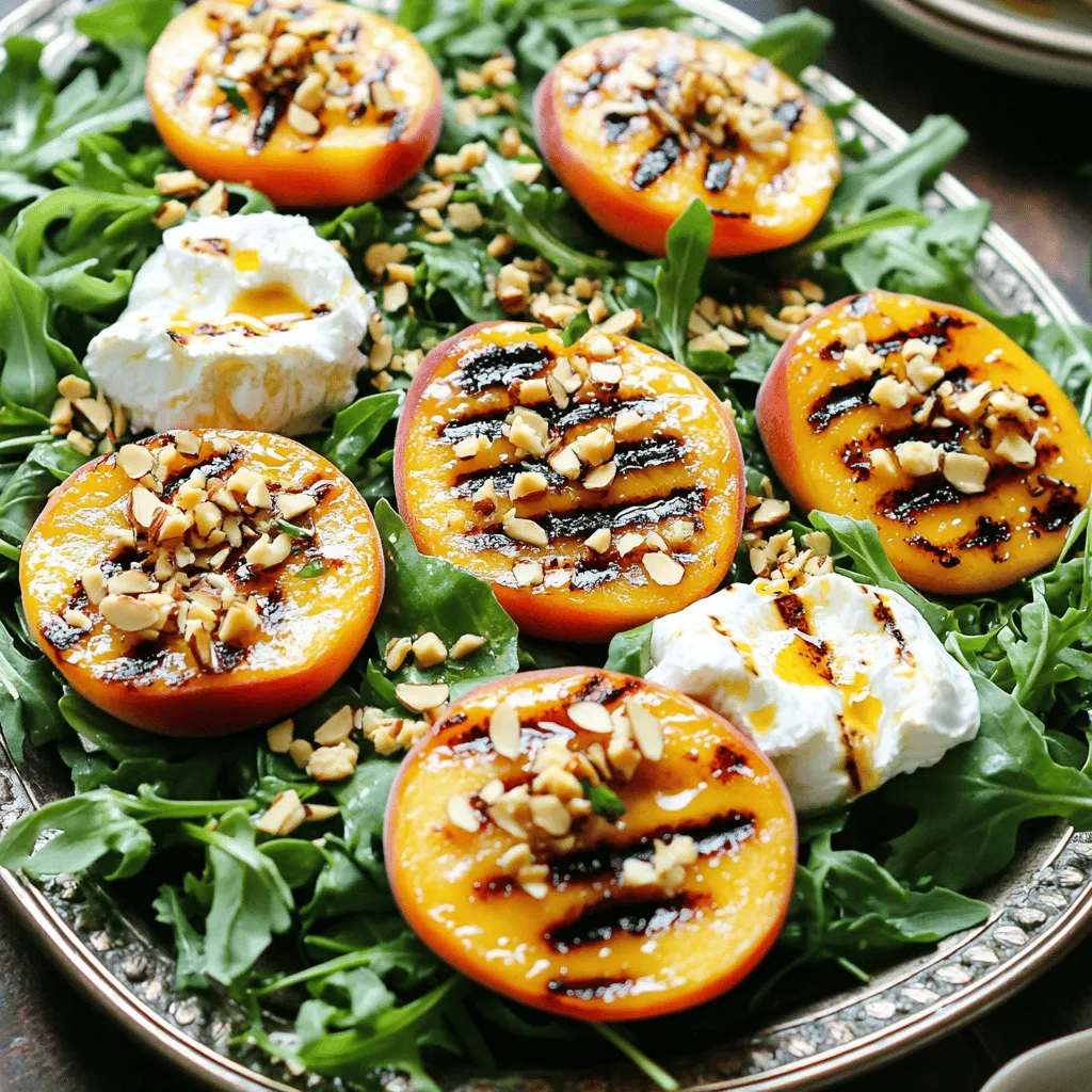 - 2 ripe peaches, halved and pitted - 8 ounces burrata cheese - 4 cups arugula - 1/4 cup toasted almonds, chopped - 1/4 cup fresh basil, roughly torn - 2 tablespoons honey - 2 tablespoons apple cider vinegar - 1 teaspoon Dijon mustard - 1/2 teaspoon red pepper flakes - 3 tablespoons olive oil - Salt and pepper to taste For this recipe, I love using ripe peaches. They give the salad a sweet and juicy touch. Burrata cheese adds creaminess and pairs well with the grill flavors. Arugula gives the salad a fresh peppery note. The toasted almonds add crunch, and fresh basil brings a bright herb taste. For the hot honey vinaigrette, I mix honey and apple cider vinegar. This blend creates a sweet and tangy dressing. The Dijon mustard adds a touch of spice. The red pepper flakes bring warmth to the vinaigrette. Don’t forget to season with salt and pepper for balance. You can find the full recipe here, which includes all ingredients and steps to make this delicious dish. First, preheat your grill to medium heat. Brush the peach halves with olive oil. This helps them grill nicely. Sprinkle a bit of salt and pepper on top for flavor. Place the peaches cut-side down on the grill. Grill them for about 3-4 minutes. You want to see nice grill marks. Once done, remove them from the grill. Let them cool slightly before using. In a bowl, whisk together the honey, apple cider vinegar, Dijon mustard, and red pepper flakes. This mix creates a sweet and spicy flavor. Slowly add in the olive oil while whisking. This helps blend it all together. Season with salt and pepper to taste. Make sure you adjust it to your liking. In a large bowl, combine the arugula, grilled peaches, chopped almonds, and torn basil. This mix gives the salad a fresh look. Drizzle the hot honey vinaigrette over the salad. Toss everything gently to coat. Finally, tear the burrata cheese into pieces. Place it on top of the salad for a stunning finish. For the full recipe, check below. - The right grill temperature for perfect peaches: Aim for medium heat when grilling peaches. This heat gives you the best grill marks and a lovely char without burning. Preheat your grill for about 10 minutes before placing the peaches on it. - Avoiding overcooking the fruit: Grill the peach halves for only 3-4 minutes on each side. You want them soft, but not mushy. Check them often to avoid overcooking. If they start to look too soft, it’s time to take them off the grill. - Presentation tips for an attractive salad: Serve your salad on a large, colorful platter. Layer the arugula first, then add the grilled peaches, burrata, and nuts. Drizzle the hot honey vinaigrette on top for a beautiful finish. Add some extra almond pieces and basil leaves for color. - Pairing suggestions for a complete meal: This salad pairs well with grilled chicken or fish. You can also add crusty bread or a light soup for a complete meal. - Alternatives to burrata cheese: If you can’t find burrata, try fresh mozzarella or goat cheese. Both have a creamy texture and will work well in this salad. - Different nuts or greens for varied flavors: Swap out almonds for walnuts or pecans. You can also replace arugula with spinach or mixed greens for a different taste and texture. For the complete recipe, check out the [Full Recipe]. {{image_2}} You can make this salad even better. To add more colors and textures, try these vegetables: - Cherry tomatoes for sweetness. - Grilled zucchini for a smoky flavor. - Roasted red peppers for a pop of color. If you want a vegan twist, swap burrata with these options: - Cashew cheese for creaminess. - Tofu for a protein boost. - Avocado for healthy fats. Want more heat? Add spicy ingredients like: - Jalapeños for a fresh crunch. - Sriracha drizzled on top for extra kick. You can also switch up the vinegar for unique tastes: - Balsamic vinegar for a rich, sweet flavor. - Red wine vinegar for a tangy bite. Fruits change with seasons. For summer, use juicy peaches. In fall, try: - Grilled apples for a sweet crunch. - Pears for a softer texture. In winter, consider: - Roasted citrus fruits for brightness. - Pomegranate seeds for a festive touch. These variations keep your salad fresh and exciting. For the full recipe, check out the detailed steps above. To keep your Grilled Peach Burrata Salad fresh, store it in an airtight container. Place it in the fridge right after serving. This salad stays fresh for about 2 days. However, the peaches may soften, and the burrata can lose its creamy texture. Can you freeze hot honey vinaigrette? Yes, you can freeze it! Pour the vinaigrette into a freezer-safe container. It can last for up to 3 months in the freezer. When ready to use, thaw it in the fridge overnight. After thawing, give it a good shake or stir before serving. To reheat grilled peaches, use the stovetop or microwave. For the stovetop, warm them in a pan on low heat for a few minutes. If using a microwave, heat them in short intervals to avoid cooking them too much. This helps keep the flavors intact while reheating. Enjoy this dish with the full recipe for the best results! When choosing peaches, look for ones that feel slightly soft. A ripe peach should have a sweet smell. Check for a vibrant color, usually yellow or orange. Avoid peaches with blemishes or green spots. The best peaches are firm yet yield a little when you press gently. Yes, you can prep parts of the salad ahead. Grill the peaches early and store them in the fridge. You can also wash and dry the arugula. Keep the vinaigrette in a sealed jar until you need it. Assemble the salad just before serving for the best taste and freshness. This salad pairs well with grilled chicken or fish. Consider serving crusty bread or a light soup as sides. A chilled white wine or sparkling water adds a nice touch to your meal. These options complement the flavors without overpowering them. To make a milder vinaigrette, skip the red pepper flakes. Use honey, apple cider vinegar, and Dijon mustard. Whisk together with olive oil, salt, and pepper. This version will still taste great but won’t have the heat. You can always add spices later if desired. For the full recipe, click here: [Full Recipe]. In this blog post, I shared a tasty grilled peach burrata salad recipe. You learned how to select ripe peaches, prepare a hot honey vinaigrette, and assemble a colorful dish. Remember to try different variations and ingredient swaps for fun twists. This salad is fresh, bright, and perfect for any meal. With my tips on storage and serving, you can enjoy it anytime. Get ready to impress your family and friends with this easy recipe. Enjoy your cooking and happy eating!