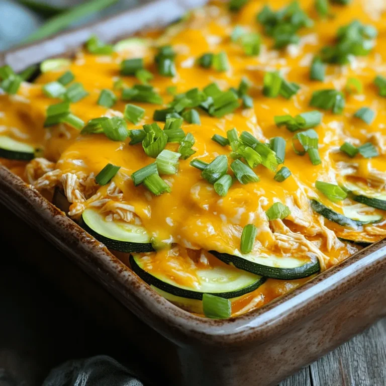 - 2 large zucchinis - 2 cups cooked chicken - 1 cup buffalo sauce - 1 cup shredded cheddar cheese - 1 cup cream cheese - 1/2 cup plain Greek yogurt - 1/2 teaspoon garlic powder - 1/2 teaspoon onion powder - 1/4 cup chopped green onions - Salt and pepper - Cooking spray or olive oil - Additional toppings (e.g., blue cheese crumbles) - Fresh herbs (e.g., parsley or cilantro) You can change the spice level by using different sauces. If you want a milder taste, go for a BBQ sauce. For a lighter dish, you can use low-fat cream cheese and yogurt. This keeps the dish creamy while cutting calories. Adjusting these ingredients helps you make this casserole fit your diet and taste. You can enjoy buffalo chicken zucchini casserole your way! Check the Full Recipe for more details on these substitutions. 1. First, preheat your oven to 350°F (175°C). This temperature helps the casserole cook evenly. 2. Grease a 9x13 inch baking dish with cooking spray or olive oil. This step prevents sticking. 3. In a large bowl, mix 2 cups of shredded chicken with 1 cup of buffalo sauce. Stir well to coat the chicken fully. 1. Start with the first layer by placing half of the zucchini slices in the baking dish. Overlap them slightly for even cooking. 2. Next, add half of the buffalo chicken mixture over the zucchini. Spread it evenly for a great taste in every bite. 3. Then, take half of the cream cheese mixture and spoon it over the chicken. Smooth it out to cover the chicken well. 4. Repeat the layers, starting with the remaining zucchini, then the buffalo chicken, and finishing with the remaining cream cheese mixture. 1. Cover the casserole with aluminum foil. This keeps moisture in during the first baking phase. 2. Bake in the preheated oven for 25 minutes. This softens the zucchini and warms the chicken. 3. Remove the foil and bake for an additional 10-15 minutes. This will make the cheese bubbly and light golden. 4. Once it’s done, let the casserole rest for 5-10 minutes. This helps the layers set before you serve. You can find the full recipe in the article to get all the details! To get the best out of your casserole, slice the zucchini thin. Aim for even rounds about 1/4 inch thick. This helps them cook evenly and blend well with the other flavors. When layering, place half of the zucchini on the bottom of the dish. This creates a nice base. Alternate layers with the buffalo chicken mixture and cream cheese mix. Repeat this until you use all your ingredients. Proper layering makes every bite delicious. Adjusting the spice level is easy. For a mild dish, use a milder buffalo sauce. Medium sauce adds a nice kick, and for heat lovers, hot sauce is the way to go. You can also spice it up with garlic powder or smoked paprika. A sprinkle of cayenne pepper can add extra heat. Always taste as you go to find the perfect balance. To save time, consider using rotisserie chicken. It’s already cooked and shredded, cutting down on prep time. You can also prep components ahead of time. Slice the zucchini and mix the chicken with buffalo sauce a day before. Keeping these items in the fridge makes it easy to assemble your casserole when you’re ready. This method also helps flavors meld together nicely. For the full recipe, check out the details above. {{image_2}} You can switch up the protein in this dish. Turkey or beef works great instead of chicken. Just make sure to cook it first. For a vegetarian option, use chickpeas or lentils. These options keep the dish hearty and tasty. Want to boost the flavor? Try adding spices like paprika or cumin. They give a warm kick. You can also mix in veggies like bell peppers or spinach. These add color and nutrition to your casserole. Pair this casserole with a fresh salad or crusty bread. These sides balance the meal and add crunch. For garnishing, sprinkle with chopped green onions or fresh herbs. This touch makes your dish more appealing and tasty. Check out the Full Recipe for more details! To keep your leftover Buffalo Chicken Zucchini Casserole fresh, first let it cool completely. Then, transfer it to an airtight container. This helps prevent moisture loss and keeps flavors intact. If you have a lot, you can divide it into smaller containers for easy portions. Glass or BPA-free plastic containers work great for storage. When reheating, the oven is the best choice. Preheat it to 350°F (175°C). Place your casserole in a baking dish and cover it with foil. This keeps moisture in. Bake for about 20 minutes or until heated through. If you use a microwave, warm it in 30-second intervals. Stir between each interval to avoid hot spots. Add a splash of water if it seems dry. To freeze before baking, assemble the casserole but don’t bake it. Cover it tightly with plastic wrap and then with foil. This helps prevent freezer burn. Label it with the date. When you’re ready to cook, thaw it in the fridge overnight. Bake it as usual, adding extra time if needed. Enjoy your delicious meal any day of the week! For full details, refer to the Full Recipe. How long can I store leftovers? You can store leftovers in the fridge for up to three days. Make sure to place them in an airtight container. If you want to keep them longer, consider freezing them. Can I make this casserole ahead of time? Yes, you can prepare this casserole a day in advance. Just assemble it, cover it, and store it in the fridge. When you're ready to bake, just add a few extra minutes to the cook time if it’s cold from the fridge. Can I use raw chicken for this recipe? I do not recommend using raw chicken. The recipe needs cooked, shredded chicken for the best flavor and texture. You can use rotisserie chicken for convenience. What if I can't find buffalo sauce? If you can't find buffalo sauce, you can make your own. Mix hot sauce with melted butter for a quick substitute. Adjust the heat to your liking. Is this recipe gluten-free? Yes, this recipe is gluten-free if you use gluten-free buffalo sauce. Always check the labels to be sure of your ingredients. Can I make it dairy-free? You can make this casserole dairy-free by using dairy-free cream cheese and yogurt. There are great options available in stores now. This blog post provided a complete guide to making a buffalo chicken casserole. You learned about key ingredients, step-by-step instructions, and helpful tips. I shared variations for protein and flavor, plus storage and reheating advice. Embrace this tasty dish, and feel free to customize it. Enjoy your cooking adventure, and make it your own!