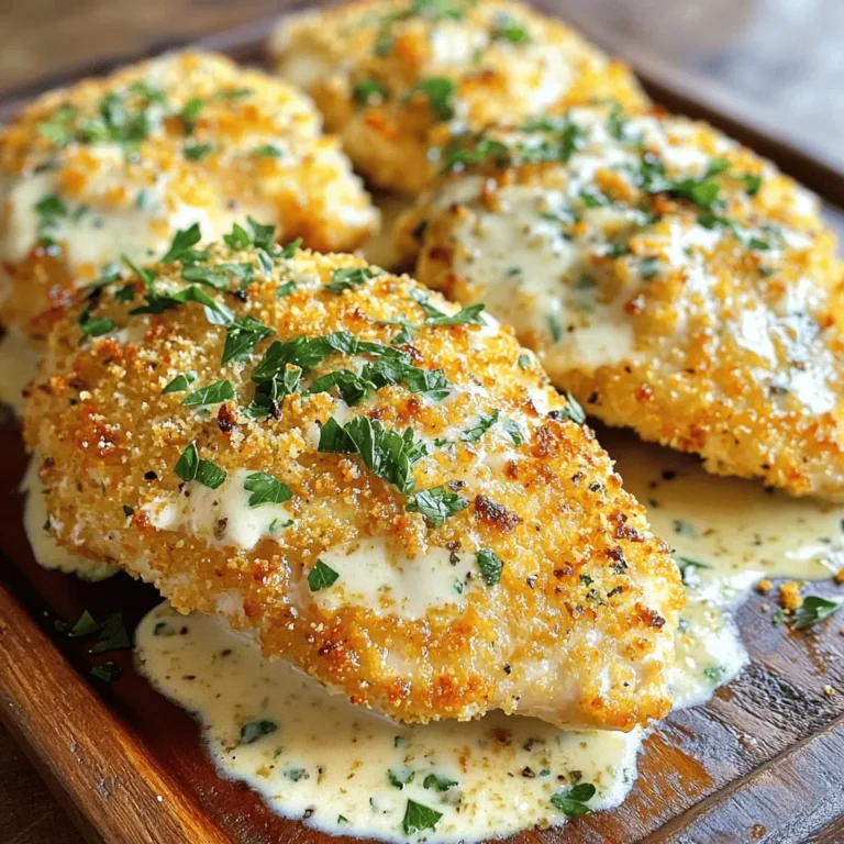 - 4 boneless, skinless chicken breasts - 1 cup breadcrumbs (preferably panko for extra crispiness) - 1/2 cup grated Parmesan cheese - 1 teaspoon garlic powder - 1 teaspoon dried Italian herbs (such as oregano and basil) - 2 large eggs - Salt and pepper to taste - 1 tablespoon olive oil For the Garlic Cream Sauce: - 1 tablespoon butter - 3 cloves garlic, minced - 1 cup heavy cream - 1/2 cup grated Parmesan cheese - Salt and pepper to taste - Fresh parsley, chopped (for garnishing) - Lemon zest for a fresh twist - Red pepper flakes for heat - Fresh herbs like thyme or rosemary - Baking sheet - Parchment paper - Shallow bowls for coating - Skillet for sauce - Meat thermometer for checking doneness - Whisk or fork for beating eggs Start by preheating your oven to 400°F (200°C). This ensures even cooking. Next, line a baking sheet with parchment paper. This step helps with easy cleanup. In a shallow bowl, mix together the breadcrumbs, grated Parmesan cheese, garlic powder, dried Italian herbs, salt, and pepper. This mixture adds great flavor to the chicken. In another bowl, crack the eggs. Beat them with a pinch of salt and pepper. This egg wash helps the breadcrumbs stick well. Take each chicken breast and dip it into the egg mixture. Let any extra egg drip off. Then, coat the chicken in the breadcrumb mixture. Make sure every part of the chicken is covered. This way, you get a crispy crust. After coating, arrange the chicken breasts on your prepared baking sheet. Drizzle olive oil over the top. This oil helps the chicken brown nicely. Bake in the preheated oven for 20-25 minutes. Keep an eye on them! The chicken should turn golden brown. Use a meat thermometer to check if it reaches 165°F (75°C). This ensures it's fully cooked. While the chicken bakes, you can prepare the garlic cream sauce. In a skillet, melt the butter over medium heat. Once it's melted, add the minced garlic. Sauté for 1-2 minutes until it's fragrant. Be careful not to burn the garlic; that would change the taste. Next, pour in the heavy cream. Bring it to a gentle simmer. Stir in the grated Parmesan cheese. Mix until the sauce is smooth and creamy. Finally, season the sauce with salt and pepper to taste. Once your chicken is done baking, let it rest for a few minutes. Then, serve it drizzled with the garlic cream sauce. Garnish with chopped fresh parsley. Enjoy your meal! For the full recipe, check the recipe section. To make your chicken extra crispy, use panko breadcrumbs. They are lighter and crunchier than regular ones. Don’t skip the egg wash; it helps the coating stick well. Press the breadcrumbs firmly onto the chicken to cover every part. A drizzle of olive oil before baking adds more crunch. For a richer flavor in your garlic cream sauce, add a splash of white wine. It gives depth and a nice tang. You can also mix in a pinch of red pepper flakes for a kick. Fresh herbs like thyme or rosemary can elevate the taste too. Adjust the salt and pepper to your liking for a perfect balance. Serve the crispy chicken on a large platter for a beautiful look. Drizzle the garlic cream sauce generously over the chicken. Garnish with chopped fresh parsley for color and freshness. Pair it with a crisp salad or roasted vegetables for a complete meal. For a comforting touch, serve it with pasta or rice. You can find the full recipe for a complete guide on how to prepare this dish. {{image_2}} You can make this dish your own by adding spices and herbs. Try adding paprika for a smoky flavor. If you want some heat, red pepper flakes work great. Fresh herbs like thyme or rosemary can also enhance the chicken's taste. Mix these into the breadcrumb mix for more flavor. If you want a lighter cream sauce, use half-and-half instead of heavy cream. For a dairy-free option, you can try coconut milk. This gives a unique twist but keeps it creamy. If you don’t have Parmesan cheese, nutritional yeast can add a cheesy flavor without dairy. To make this dish healthier, consider baking instead of frying. You can also use whole wheat breadcrumbs for more fiber. Replace the butter with olive oil in the sauce for a heart-friendly fat. Adding sautéed vegetables like spinach or mushrooms to the sauce boosts nutrition and flavor. These variations let you customize the Crispy Parmesan Chicken with Garlic Cream Sauce to fit your taste and dietary needs. For the complete recipe, check out the Full Recipe link above. Once you finish your meal, let the chicken cool down. Place the crispy chicken in an airtight container. It will stay fresh for up to three days in the fridge. Make sure the garlic cream sauce is stored separately for the best flavor. To reheat, use an oven for the best results. Set your oven to 350°F (175°C). Place the chicken on a baking sheet and cover it with foil. Heat for about 10-15 minutes or until warm. Reheat the garlic cream sauce in a small pot over low heat. Stir often to prevent burning. For longer storage, freezing works well. Wrap each chicken breast tightly in plastic wrap. Place them in a freezer-safe bag or container. The chicken can last up to three months in the freezer. To use, thaw the chicken in the fridge overnight before reheating. To make your chicken extra crispy, use panko breadcrumbs. They give a light, crunchy texture. Coat each chicken breast well in the breadcrumb mix. Make sure to cover every inch. Drizzle olive oil over the chicken before baking. This adds flavor and helps with crispiness. Bake at 400°F for 20-25 minutes until golden brown. Yes, you can make the garlic cream sauce in advance. Prepare it, then let it cool. Store it in an airtight container in the fridge. When ready to serve, gently reheat it on the stove. Stir it often to keep it smooth. Add a splash of cream if it thickens too much. Crispy Parmesan Chicken pairs well with many sides. Here are some ideas: - Garlic mashed potatoes - Steamed broccoli or green beans - A fresh garden salad - Pasta with olive oil and herbs - Rice pilaf with herbs These options add color and flavor to your meal. They also balance the rich cream sauce nicely. Yes, you can try other cheeses. Mozzarella gives a nice stretch. Cheddar adds a sharp taste. Goat cheese offers a tangy kick. Just remember to adjust the amount based on the cheese's strength. To check if the chicken is done, use a meat thermometer. It should reach 165°F (75°C) in the thickest part. If you don’t have one, cut into the chicken. The juices should run clear, not pink. Yes, you can make this dish gluten-free. Use gluten-free breadcrumbs instead of regular ones. Also, check that your cream and cheese are gluten-free. This way, you can enjoy the same great taste without gluten. You learned how to make Crispy Parmesan Chicken today. We covered the essential ingredients and kitchen tools. You now have clear steps for preparation, baking, and making the garlic cream sauce. Use tips for a perfectly crispy finish and find ways to customize the dish. Remember to store leftovers correctly for the best taste. Enjoy your meal, and let your cooking shine!