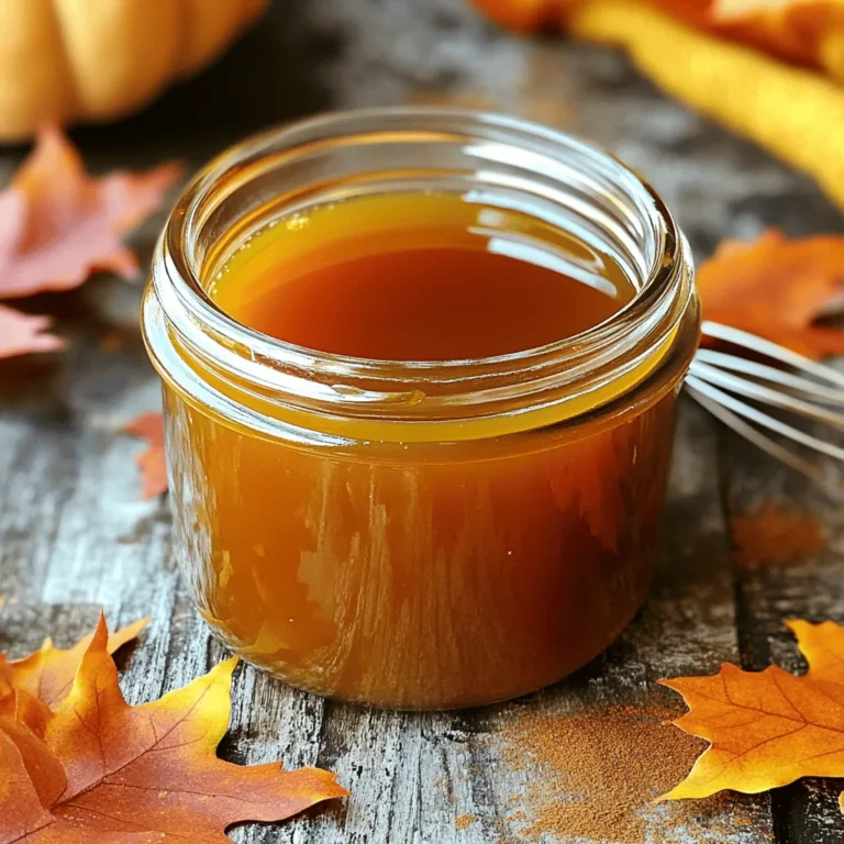 To make pumpkin spice syrup, you need some key ingredients. Each one plays a role in creating that warm fall flavor. - Pumpkin puree options: You can use canned pumpkin puree or make your own. Canned is easy and convenient, while homemade can taste fresher. - Sugars: You will need both brown and granulated sugar. Brown sugar adds richness, while granulated sugar balances the sweetness. - Spices and flavorings: Pumpkin pie spice is a must. It includes cinnamon, nutmeg, and ginger. You will also add a bit of vanilla extract for depth and a pinch of salt to enhance flavors. - Storage supplies: Have a clean, sterilized bottle or jar ready. This is where you will store your syrup once it cools. Using these ingredients will help you create a delicious syrup. For the full details, check out the Full Recipe. Combining the sugars and water Start by taking a medium saucepan. Add 2 cups of water, 1 cup of brown sugar, and 1 cup of granulated sugar. Heat it over medium heat. Stir the mixture until the sugars dissolve completely. This step creates a sweet base for your syrup. Adding pumpkin and spices Once it simmers, stir in 1 cup of pumpkin puree and 2 teaspoons of pumpkin pie spice. Add a pinch of salt too. Whisk continuously for about 3-4 minutes. This helps make the syrup smooth and tasty. Thickening and cooling the syrup Let it simmer gently for 5-10 minutes. Stir it occasionally. This allows the flavors to blend and the syrup to thicken. When it's done, remove the saucepan from heat. Stir in 1 teaspoon of vanilla extract. Let the syrup cool slightly before you store it. Preparing the saucepan Make sure your saucepan is clean before you start. This helps to prevent any unwanted flavors in your syrup. Monitoring the simmering process Keep a close eye on your syrup as it simmers. This step is important to avoid burning. Stir often to keep the mixture even. Final touches before storage After cooling, pour the syrup into a clean, sterilized bottle or jar. Store it in the fridge for up to 2 weeks. Shake well before using. For the complete recipe, check the Full Recipe section. Choosing the right pumpkin puree makes a big difference. I recommend using pure pumpkin puree, which you can find in cans. Homemade puree can also work well if you make it thick. Look for brands that list only pumpkin as the ingredient. For ideal spice ratios, I suggest using two teaspoons of pumpkin pie spice. This blend usually has cinnamon, nutmeg, and ginger. Adjust the amount to suit your taste. Start with the basic recipe, then tweak it as you go. A little extra spice can add warmth to your syrup. One common mistake is overcooking the syrup. Too much heat can change the flavor and make it bitter. Keep a close eye on it, and stir often. Aim for a gentle simmer for the best results. Another mistake is skipping the cooling phase. Letting your syrup cool helps the flavors blend. If you skip this, the syrup may not taste as good. Patience is key! After you remove it from heat, let it sit for a few minutes. Then, transfer it to a jar for storage. {{image_2}} You can change up your pumpkin spice syrup with a few simple tweaks. Try adding different spices for a unique flavor. Cinnamon, nutmeg, or ginger can give your syrup a warm twist. Start with a quarter teaspoon of each spice. Adjust to your taste as you mix. You can also infuse the syrup with other flavors. Vanilla and almond extract pair well with pumpkin. Add a teaspoon of either extract when you finish cooking. This small change can make a big difference in taste. This syrup is not just for drinks; it can shine in many dishes. Use it for seasonal recipes to bring in fall vibes. Drizzle it over pancakes, waffles, or even oatmeal for a cozy breakfast. If you’re looking for healthier options, consider sugar substitutes. You can use stevia or monk fruit to lower the sugar content. Replace the brown and granulated sugar with your preferred substitute in equal amounts. This way, you can enjoy the sweet taste without the extra calories. For the full recipe of your delicious pumpkin spice syrup, check out the [Full Recipe]. To store your pumpkin spice syrup, choose a clean glass bottle or jar. Glass keeps the syrup fresh and tasty. Before using, make sure to sterilize it. You can do this by boiling it in water for a few minutes. This kills germs and helps your syrup last longer. Once your syrup cools, pour it into the container. Seal it tightly to keep air out. Store it in the fridge for best results. The cold air helps preserve the flavors and keeps it safe to eat. Your homemade pumpkin spice syrup can last in the fridge for up to two weeks. Always check the date you made it. If you notice any change in color or smell, it’s best to toss it. Signs of spoilage include a sour smell or mold. If you see any of these signs, do not use it. Always shake the syrup well before pouring. This helps mix any settled ingredients. Enjoy your syrup in coffee, pancakes, or desserts! You can use pumpkin spice syrup in many tasty ways. It works great in coffee drinks. Just add a splash to your morning brew for a cozy flavor. It also shines in lattes and hot chocolate. Pour it over pancakes or waffles for a sweet treat. Mix it into yogurt or oatmeal for a fall twist. Yes, you can easily make a larger batch of pumpkin spice syrup. Just double or triple the ingredients. Keep the same cooking times. If you make a big batch, store it in clean bottles. It will last in the fridge for up to two weeks. You can find pumpkin spice syrup at many stores. Look for it at grocery stores or specialty shops. Many online retailers also sell it. Homemade syrup often tastes fresher and has no added chemicals. Store-bought syrup may be easier, but making it is fun and tasty. Check out the Full Recipe for a simple guide to making your own. In this post, I shared how to make pumpkin spice syrup. You learned about the key ingredients, like pumpkin puree, sugars, and spices. I also guided you through step-by-step cooking instructions and offered tips for great flavor. Remember to avoid common mistakes, like overcooking the syrup. You can customize flavors and store your syrup properly for the best results. Enjoy using this tasty syrup in drinks and desserts. Now, you're ready to make your own delicious pumpkin spice syrup!