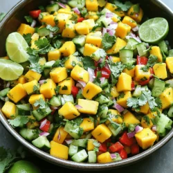 To make a Mango Cucumber Summer Salad, you need fresh and vibrant ingredients. Here’s what you will use: - Fresh Mangoes - Cucumber and other Vegetables - Dressings and Seasonings Choose ripe mangoes that smell sweet. They should feel soft to the touch. Dice them into small pieces for easy eating. The sweetness of the mango brings joy to this salad. Select a large cucumber for crunch. You can also add a red bell pepper for color. A red onion gives a mild bite to the salad. Fresh cilantro adds a bright flavor. If you like spice, use a jalapeño, but remove the seeds first. For the dressing, you will use lime juice and honey. Lime juice adds tang, while honey sweetens the dish. Finally, season with salt and pepper to enhance the flavors. You can find the full recipe in the recipe section! Combining the Ingredients Start with a large mixing bowl. Add the diced mangoes, cucumber, red bell pepper, and red onion. Make sure to use ripe mangoes for the best flavor. Mixing these colorful ingredients makes the salad look great. Mixing the Dressing In a small bowl, whisk together two tablespoons of lime juice and one tablespoon of honey. If you want a vegan option, use agave syrup instead of honey. This dressing adds a sweet and tangy taste that brightens the salad. Tossing the Salad Drizzle the lime-honey mixture over the salad. Now, gently toss everything together until all the ingredients are coated evenly. Season with salt and pepper to taste. Give it another gentle toss. Let the salad sit for about ten minutes. This helps the flavors blend well. For the full recipe, check out the details above. Enjoy your refreshing mango cucumber summer salad! Chilling the Salad Chilling your mango cucumber salad makes it even better. When the salad is cool, the flavors brighten. I suggest putting it in the fridge for at least one hour before serving. This step enhances the taste and gives a refreshing crunch. Adjusting Flavors Taste is key when making this salad. After you mix the ingredients, try a bite. If you want more zing, add more lime juice. For sweetness, drizzle in a bit more honey. Feel free to play around with salt and pepper to suit your taste. Making Ahead of Time You can prepare this salad a few hours in advance. Just keep it in the fridge and cover it tightly. This allows the flavors to mingle well. However, if you add avocado or other soft items, wait until right before serving. This keeps everything fresh and crisp. For more details, check out the Full Recipe. {{image_2}} You can make your Mango Cucumber Summer Salad even better with some fun twists. Here are a few ideas: - Adding Cheeses: Try adding feta or goat cheese. These cheeses add creaminess and a salty kick. Crumble it over the salad just before serving for a tasty touch. - Different Herbs: Fresh herbs can change the taste. Swap cilantro for mint or basil. Both add a unique flavor that brightens the salad. - Alternative Dressings: The lime-honey dressing is great, but you can mix it up! Use a yogurt dressing for creaminess. Or, try a simple olive oil and balsamic vinegar mix for a different tang. These variations let you customize the salad to match your taste. Explore these ideas to create your perfect dish! For the complete recipe, check out the [Full Recipe]. Best Storage Method To keep your mango cucumber summer salad fresh, use an airtight container. This helps prevent air from getting in, which can make the salad soggy. Make sure you store it in the fridge right after serving to maintain its crispness. Shelf Life in the Fridge When stored properly, this salad will last about 2-3 days in the fridge. The mango and cucumber stay fresh, but the longer it sits, the softer it gets. It's best to eat it within this time to enjoy its bright flavors. Freezing Tips I do not recommend freezing this salad. Freezing can change the texture of the mango and cucumber. They may become mushy once thawed. It’s better to make smaller batches if you want to enjoy it fresh every time. For best results, prepare only what you can eat within a few days. For the full recipe of this delightful summer salad, check out the [Full Recipe]. Yes, you can use frozen mangoes. They work well in this recipe. Just thaw them first. Drain any excess water before you mix them into the salad. This way, your salad won't become too watery. If you want a honey substitute, use agave syrup. It adds sweetness without the honey flavor. Maple syrup is another good choice. It gives a unique taste that blends nicely with the salad. This salad is very healthy! It has fresh fruits and veggies. Mangoes are full of vitamins. Cucumbers are hydrating and low in calories. This dish is full of fiber, too. You can enjoy it without feeling guilty. For the full recipe, check out the [Full Recipe]. This blog post outlined a fresh salad using mangoes, cucumbers, and tasty dressings. You learned how to prepare and mix these ingredients step-by-step. Remember, chilling your salad improves flavor. You can tweak it by adding cheese or herbs. Proper storage keeps leftovers fresh, too. I hope these tips inspire you to try new flavors and enjoy healthy meals every day.