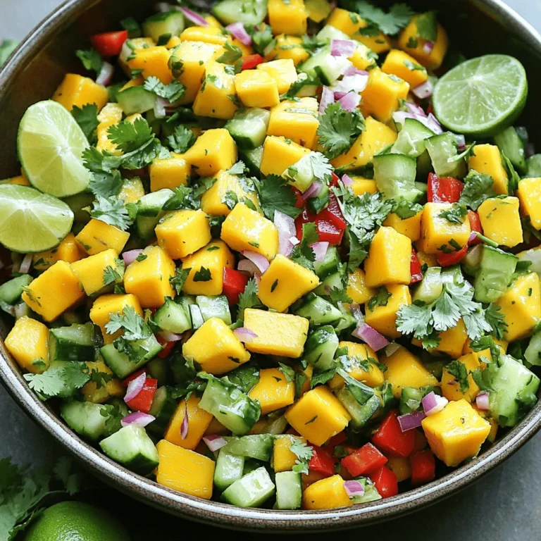 To make a Mango Cucumber Summer Salad, you need fresh and vibrant ingredients. Here’s what you will use: - Fresh Mangoes - Cucumber and other Vegetables - Dressings and Seasonings Choose ripe mangoes that smell sweet. They should feel soft to the touch. Dice them into small pieces for easy eating. The sweetness of the mango brings joy to this salad. Select a large cucumber for crunch. You can also add a red bell pepper for color. A red onion gives a mild bite to the salad. Fresh cilantro adds a bright flavor. If you like spice, use a jalapeño, but remove the seeds first. For the dressing, you will use lime juice and honey. Lime juice adds tang, while honey sweetens the dish. Finally, season with salt and pepper to enhance the flavors. You can find the full recipe in the recipe section! Combining the Ingredients Start with a large mixing bowl. Add the diced mangoes, cucumber, red bell pepper, and red onion. Make sure to use ripe mangoes for the best flavor. Mixing these colorful ingredients makes the salad look great. Mixing the Dressing In a small bowl, whisk together two tablespoons of lime juice and one tablespoon of honey. If you want a vegan option, use agave syrup instead of honey. This dressing adds a sweet and tangy taste that brightens the salad. Tossing the Salad Drizzle the lime-honey mixture over the salad. Now, gently toss everything together until all the ingredients are coated evenly. Season with salt and pepper to taste. Give it another gentle toss. Let the salad sit for about ten minutes. This helps the flavors blend well. For the full recipe, check out the details above. Enjoy your refreshing mango cucumber summer salad! Chilling the Salad Chilling your mango cucumber salad makes it even better. When the salad is cool, the flavors brighten. I suggest putting it in the fridge for at least one hour before serving. This step enhances the taste and gives a refreshing crunch. Adjusting Flavors Taste is key when making this salad. After you mix the ingredients, try a bite. If you want more zing, add more lime juice. For sweetness, drizzle in a bit more honey. Feel free to play around with salt and pepper to suit your taste. Making Ahead of Time You can prepare this salad a few hours in advance. Just keep it in the fridge and cover it tightly. This allows the flavors to mingle well. However, if you add avocado or other soft items, wait until right before serving. This keeps everything fresh and crisp. For more details, check out the Full Recipe. {{image_2}} You can make your Mango Cucumber Summer Salad even better with some fun twists. Here are a few ideas: - Adding Cheeses: Try adding feta or goat cheese. These cheeses add creaminess and a salty kick. Crumble it over the salad just before serving for a tasty touch. - Different Herbs: Fresh herbs can change the taste. Swap cilantro for mint or basil. Both add a unique flavor that brightens the salad. - Alternative Dressings: The lime-honey dressing is great, but you can mix it up! Use a yogurt dressing for creaminess. Or, try a simple olive oil and balsamic vinegar mix for a different tang. These variations let you customize the salad to match your taste. Explore these ideas to create your perfect dish! For the complete recipe, check out the [Full Recipe]. Best Storage Method To keep your mango cucumber summer salad fresh, use an airtight container. This helps prevent air from getting in, which can make the salad soggy. Make sure you store it in the fridge right after serving to maintain its crispness. Shelf Life in the Fridge When stored properly, this salad will last about 2-3 days in the fridge. The mango and cucumber stay fresh, but the longer it sits, the softer it gets. It's best to eat it within this time to enjoy its bright flavors. Freezing Tips I do not recommend freezing this salad. Freezing can change the texture of the mango and cucumber. They may become mushy once thawed. It’s better to make smaller batches if you want to enjoy it fresh every time. For best results, prepare only what you can eat within a few days. For the full recipe of this delightful summer salad, check out the [Full Recipe]. Yes, you can use frozen mangoes. They work well in this recipe. Just thaw them first. Drain any excess water before you mix them into the salad. This way, your salad won't become too watery. If you want a honey substitute, use agave syrup. It adds sweetness without the honey flavor. Maple syrup is another good choice. It gives a unique taste that blends nicely with the salad. This salad is very healthy! It has fresh fruits and veggies. Mangoes are full of vitamins. Cucumbers are hydrating and low in calories. This dish is full of fiber, too. You can enjoy it without feeling guilty. For the full recipe, check out the [Full Recipe]. This blog post outlined a fresh salad using mangoes, cucumbers, and tasty dressings. You learned how to prepare and mix these ingredients step-by-step. Remember, chilling your salad improves flavor. You can tweak it by adding cheese or herbs. Proper storage keeps leftovers fresh, too. I hope these tips inspire you to try new flavors and enjoy healthy meals every day.