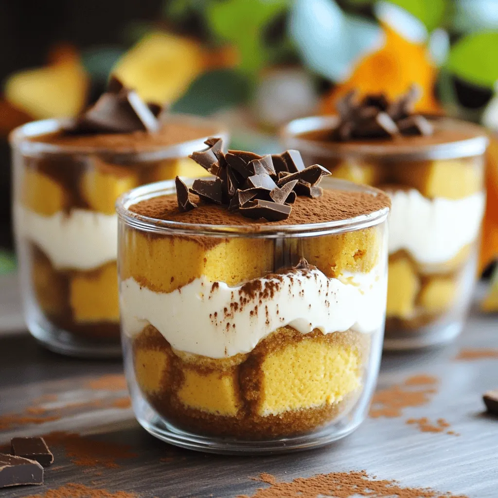 To create your Pumpkin Spice Latte Tiramisu Cups, gather the following ingredients: - 1 cup strong brewed coffee (cooled) - 1 tablespoon pumpkin pie spice - 1 cup mascarpone cheese - 1 cup heavy cream - 1/2 cup powdered sugar - 1 teaspoon vanilla extract - 1 cup pumpkin puree - 12 ladyfinger cookies - Cocoa powder for dusting - Dark chocolate shavings (optional for garnish) These ingredients form the heart of this delightful dessert. Each one plays a key role in building flavor and texture. The strong brewed coffee gives a rich base, while pumpkin pie spice adds warmth. Mascarpone cheese and heavy cream create a creamy layer that feels indulgent. Pumpkin puree enhances the autumn vibe and adds moisture. When choosing your coffee, opt for a strong brew. This ensures the ladyfingers soak up enough flavor. The ladyfingers should be light and airy, making them perfect for soaking. You can even choose gluten-free versions if needed. Cocoa powder adds a finishing touch, giving that classic tiramisu look. I recommend using high-quality mascarpone cheese for the best taste. It should be creamy and smooth to blend well with the other ingredients. If you like a richer flavor, dark chocolate shavings make an excellent garnish. They add a lovely contrast to the sweet layers. For the full recipe, check out the [Full Recipe]. Enjoy gathering these ingredients, as each one contributes to a memorable dessert experience! First, brew a strong cup of coffee. Let it cool down. In a medium bowl, mix the cooled coffee with pumpkin pie spice. Stir well to combine. Set this mixture aside for later use. In a separate bowl, beat together the mascarpone cheese, heavy cream, powdered sugar, and vanilla extract. Use a mixer until the mixture forms soft peaks. This step is key for a light texture. Now, gently fold in the pumpkin puree. You want a smooth and creamy blend. Take your ladyfinger cookies. Quickly dip each one into the spiced coffee. Ensure they soak but don’t get too soggy. In your serving cups, layer two soaked ladyfingers at the bottom. Next, add a layer of the pumpkin mascarpone mixture on top. Repeat this process until the cups are full. Finish with a final layer of mascarpone. Cover the cups with plastic wrap. Refrigerate them for at least four hours, or overnight if you can wait. This allows all those great flavors to meld. Before you serve, dust the top with cocoa powder and add dark chocolate shavings if desired. For the full recipe, see above. - Beating mascarpone to soft peaks: Start by beating the mascarpone cheese with heavy cream, powdered sugar, and vanilla. This will create a light and fluffy texture. Stop when you see soft peaks forming. If you beat it too long, it may become grainy. - Gentle folding technique: Once you add the pumpkin puree, use a spatula to fold it in gently. This keeps the mixture airy. Be careful not to stir too hard; you want to keep that creamy feel. - Ideal soaking time for the right texture: Quickly dip each ladyfinger into the cooled coffee mixture. A second or two is just right. This helps them absorb flavor without getting mushy. - Avoiding sogginess: After soaking, let the ladyfingers sit for a moment. This allows excess coffee to drip off, giving you a nice balance of flavor and texture. - Best practices for presentation: Use clear cups to show off the beautiful layers. A dusting of cocoa powder on top adds a nice touch. Dark chocolate shavings make it look even fancier. - Pairing ideas with beverages: These cups go great with a warm cup of coffee or a spiced chai. The flavors blend well and enhance the dessert experience. For the full recipe, check out the details above. {{image_2}} You can have fun with flavors in Pumpkin Spice Latte Tiramisu Cups. Try using different spices. For a twist, mix in nutmeg or ginger. These spices add warmth and depth to the dish. You can also incorporate chocolate or caramel layers. A chocolate layer brings richness and pairs well with coffee. Caramel adds sweetness and a creamy texture. Both options make your dessert more exciting. If you need gluten-free options, look for gluten-free ladyfingers. They work just as well as regular ones. You can also use dairy substitutes for mascarpone. Cream cheese or coconut cream can create a similar texture. Just make sure to adjust the sweetness. This keeps your dessert tasty while meeting dietary needs. Consider different serving styles to impress your guests. Mini dessert cups look cute and are easy to serve. They allow everyone to enjoy a small portion. You can also use jars for individual servings. Jarring creates a rustic look and makes sharing easy. Plus, they are perfect for parties or picnics. For the full recipe, check out the details above. To keep your pumpkin spice latte tiramisu cups fresh, store them in a tight container. Use plastic wrap or a lid to cover them well. This helps keep unwanted odors out. You can store them in the fridge for up to three days. After this time, the flavor and texture may start to fade, making them less enjoyable. Can you freeze tiramisu cups? Yes, you can! However, freezing may change the texture. Start by removing the cups from any plastic wrap. Place them in a freezer-safe container. They can last up to one month in the freezer. To thaw without losing texture, move the cups to the fridge for several hours before serving. This keeps them creamy and delicious. To refresh flavors after storage, consider adding a sprinkle of fresh cocoa on top. This adds a nice touch. You might also want to add dark chocolate shavings for extra flair. These simple garnishes can elevate your tiramisu cups, making them feel fresh and exciting again. Enjoy each bite of this unique dessert! Yes, you can make these tiramisu cups ahead of time. I suggest preparing them at least one day before you plan to serve. This gives the flavors time to mix well. The longer they sit, the better they taste! These cups will last about 3 to 4 days in the fridge. Be sure to cover them well. This keeps them fresh and tasty. After that, the texture may change, and they won't be as good. If you can't find mascarpone, you have options. Cream cheese works as a nice substitute. It will change the flavor a bit, making it tangier. You can also use ricotta cheese for a lighter taste. Just make sure to blend it well for smoothness. You now know how to make delicious Pumpkin Spice Latte Tiramisu Cups. We covered the required ingredients, step-by-step instructions, and useful tips for a perfect texture. Plus, I shared variations and storage info to keep your dessert fresh. These cups are a fun twist on a classic treat. Enjoy them with friends or family during fall gatherings. You’ll impress everyone with your skills! Remember, cooking is all about trying new things.