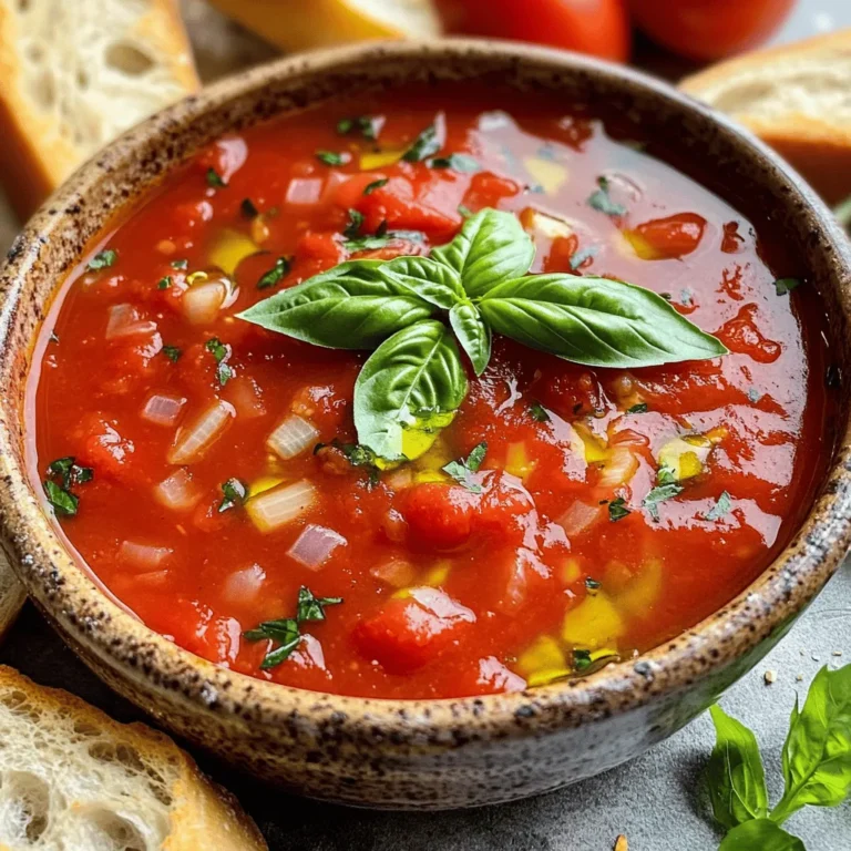 To make a rich homestyle canned tomato sauce, you need the following: - 4 pounds ripe tomatoes, roughly chopped - 1 large onion, diced - 4 cloves garlic, minced - 2 tablespoons olive oil These fresh ingredients form the base of your sauce. The tomatoes provide sweetness and acidity, while the onion and garlic add depth. Next, you'll want to enhance the flavor with: - 1 tablespoon dried oregano - 1 tablespoon dried basil - 1 teaspoon red pepper flakes (optional, for heat) - Salt and pepper to taste These herbs and spices create a classic Italian flavor. Oregano and basil bring warmth, while red pepper flakes can add a kick if you like heat. You might also choose to add: - 1 tablespoon sugar (optional, to balance acidity) - 1/4 cup fresh basil leaves, chiffonade, for garnish (optional) The sugar can help cut the acidity of the tomatoes. Fresh basil adds a bright touch when serving, making your dish look lovely. For the full recipe, check out the detailed instructions on making this delicious sauce! 1. Preparing tomatoes: Start by peeling and chopping your ripe tomatoes. If you want a smooth sauce, score the bottoms with an X. Blanch them in boiling water for 30 seconds. Then, transfer them to cold water to peel easily. After peeling, roughly chop the tomatoes. 2. Sautéing onions and garlic: In a large pot, heat 2 tablespoons of olive oil over medium heat. Add 1 large diced onion. Sauté it for about 5 minutes until it turns translucent. Next, stir in 4 minced garlic cloves. Cook for an extra 1-2 minutes, but be careful not to burn the garlic. 3. Combining ingredients for the sauce: Add the chopped tomatoes to the pot. Next, add 1 tablespoon of dried oregano, 1 tablespoon of dried basil, and salt and pepper to taste. If you want to balance the acidity, add 1 tablespoon of sugar. If you like some heat, sprinkle in 1 teaspoon of red pepper flakes. Stir everything well to mix. 1. Simmering the sauce: Bring the mixture to a simmer. Then, reduce the heat to low. Let it simmer gently for about 45 minutes to 1 hour. Stir occasionally until the sauce thickens to your liking. 2. Adjusting seasoning and texture: Once the sauce thickens, taste it. Adjust the seasoning with more salt, pepper, or herbs if needed. If you want a smoother texture, use an immersion blender or carefully blend it in batches. 3. Canning or storing the sauce: After you are happy with the taste and texture, remove the pot from heat. Let the sauce cool slightly. If you plan to can it, follow proper canning procedures to store it safely in sterilized jars. If not canning, store the sauce in airtight containers in the fridge for up to a week or freeze for longer storage. For the full recipe, check out the details above. - How to select ripe tomatoes: Look for tomatoes that are deep red and firm. They should smell sweet and earthy. Soft spots can mean overripe or bad tomatoes. Choose tomatoes that feel heavy for their size; this often means they are juicy. - Tips for perfect seasoning: Start with salt and pepper. Add dried herbs like oregano and basil early in cooking. This helps the flavors blend. Taste as you go! Adjust with more herbs or sugar if the sauce is too acidic. - Methods to achieve desired sauce consistency: If you want a thick sauce, let it simmer longer. For a thinner sauce, add a splash of water or broth. You can also puree the sauce for a smooth texture. Use an immersion blender for quick blending. - Immersion blender vs. traditional blending: An immersion blender is quick and easy. You can blend right in the pot. Traditional blending requires transferring the sauce, which can be messy. Both methods work well; choose what you prefer. - Alternative cooking methods: A slow cooker is great for busy days. Just add all ingredients and let it cook. A pressure cooker speeds up the process if you're short on time. Each method brings out flavors differently, so try both! {{image_2}} You can easily change your homestyle canned tomato sauce. Start by adding different herbs and spices. Try rosemary, thyme, or even sage for unique flavors. Each herb will give your sauce a new twist. Next, consider adding vegetables for a chunkier sauce. Carrots, bell peppers, or zucchini work well here. Chop them small and sauté them with the onions and garlic. They will blend nicely with the tomatoes. If you like heat, make a spicy homestyle sauce. Add more red pepper flakes or even diced jalapeños. This will give your sauce a nice kick. You can use this sauce in many ways. It makes a great base for pasta dishes. Pour it over spaghetti or use it in lasagna. This sauce also shines on pizza. Spread it on your dough before adding cheese and toppings. For stews, mix it in for added flavor. It pairs wonderfully with meat, like chicken or beef. If you prefer vegetarian options, it works great with beans or lentils. The sauce brings everything together in a tasty way. For the full recipe, check out the details above. To keep your homestyle canned tomato sauce safe, follow these steps: 1. Prepare jars: Use clean, sterilized jars. You can do this by boiling them for 10 minutes. 2. Fill jars: Pour the hot sauce into the jars, leaving about half an inch of space at the top. 3. Seal jars: Wipe the rim of each jar with a clean cloth. Place lids on and tighten the rings. 4. Process jars: Place jars in a boiling water bath for 35-40 minutes. This ensures safety and shelf life. 5. Cool jars: Let the jars cool completely before storing them. For best results, use glass canning jars made for preserving food. Store them in a cool, dark place. For short-term storage, place your sauce in an airtight container in the fridge. It stays fresh for up to one week. For longer-term storage, freezing is the way to go. Here are my tips: - Use freezer-safe containers: Leave some space at the top, as the sauce will expand when frozen. - Label containers: Write the date on each container. This helps you keep track of freshness. - Thaw safely: When ready to use, thaw the sauce in the fridge overnight or use the microwave. By following these steps, you'll have delicious homestyle canned tomato sauce ready to enjoy anytime! How long does homestyle canned tomato sauce last? Homestyle canned tomato sauce can last up to a year when stored correctly. Use sterilized jars for canning. Keep them in a cool, dark place. Once opened, store in the fridge for about a week. Can I use canned tomatoes instead of fresh? Yes, you can use canned tomatoes for this sauce. They can save time and still taste great. Look for whole or diced canned tomatoes without added sugars. They work well in this recipe. What dishes pair well with homestyle tomato sauce? This sauce is versatile. You can use it in pasta, pizza, or stews. It also works well as a base for chili or as a dip for bread. Is it necessary to peel tomatoes? Peeling tomatoes is not necessary but can improve the sauce's texture. If you prefer a smooth sauce, peel them. Use the blanching method to make peeling easy. Can I adjust the spice level easily? Yes, you can adjust the spice level to your taste. Add more red pepper flakes for heat. If you prefer a milder sauce, simply reduce the amount or omit them. This blog post covered how to make homestyle tomato sauce. We explored key ingredients like tomatoes, onions, and spices. You learned the step-by-step process, from preparation to cooking. Tips on selecting ripe tomatoes and achieving perfect seasoning were shared. In the end, making your own tomato sauce can be easy and fun. With a few adjustments, you can make it your own. Enjoy using this sauce in many dishes or saving it for later!