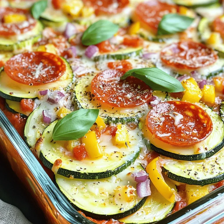 - 4 medium zucchinis, sliced into thin rounds - 1 cup marinara sauce - 1 cup mozzarella cheese, shredded - 1/2 cup pepperoni slices (or your preferred toppings) - 1/2 cup bell peppers, diced (any color) - 1/4 cup red onion, finely chopped - 2 teaspoons Italian seasoning - 1 teaspoon garlic powder - Salt and pepper to taste - Fresh basil leaves for garnish This casserole brings together simple, fresh ingredients. The zucchinis form a tasty base. They add flavor and a nice texture. Marinara sauce gives it a classic pizza taste. The mozzarella cheese melts perfectly, creating that gooey goodness we all love. You can spice things up with optional toppings. I often add pepperoni for a savory kick. Bell peppers add color and crunch. Red onion gives a mild sweetness. You can mix these toppings based on your taste. For seasoning, Italian herbs and garlic powder work wonders. They boost the flavor without extra effort. Don’t forget to add salt and pepper to taste. Fresh basil leaves make a great garnish. They give your dish a pop of color and fresh aroma. For the complete recipe, check out the [Full Recipe]. - Preheat your oven to 375°F (190°C). - Grease a 9x13-inch baking dish. - Combine sliced zucchinis, marinara sauce, Italian seasoning, and garlic powder in a bowl. - Mix well to ensure even coating of the zucchini slices. - Layer half of the zucchini mixture in the greased baking dish. - Add mozzarella cheese, pepperoni slices, bell peppers, and onions on top. - Cover the dish with foil and bake for 25 minutes. - Remove the foil and bake for an additional 15 minutes until golden brown. This recipe is simple and quick, making it a great choice for busy days. You can find the full recipe to guide you through every step. - Use fresh zucchinis for best results. Fresh veggies taste better and hold shape. - Optional: Pat dry the zucchini slices to reduce moisture. This step helps keep the casserole from becoming soggy. - Experiment with different cheeses or pizza toppings. Try adding feta, parmesan, or even goat cheese for unique flavors. - Add a pinch of red pepper flakes for heat. This little touch can bring your dish to life. - Serve with a side salad for a complete meal. A crisp salad balances the warm, cheesy casserole. - Pair with garlic bread for a comforting dinner experience. The rich flavors of garlic bread go well with the casserole. For the full recipe, check out the Zesty Zucchini Pizza Casserole. {{image_2}} To make a vegetarian version, swap out the pepperoni. You can add mushrooms, spinach, or artichokes instead. These choices add great flavor and nutrients. Mushrooms give a nice umami taste. Spinach adds vibrant color and vitamins. Artichokes provide a unique texture. Feel free to mix and match based on your taste. For a low-carb option, consider using cauliflower rice instead of zucchini. This change cuts down on carbs. You can also remove unnecessary toppings. Focus on the core ingredients to keep it light. The casserole will still taste delicious while being low in carbs. To make this casserole gluten-free, check your marinara sauce. Ensure it does not contain gluten. Also, review all other ingredients. Most items are naturally gluten-free, but it’s good to double-check. This way, everyone can enjoy the dish without worry. Store leftovers in an airtight container for up to 3-4 days. This keeps the flavors fresh. When you’re ready to eat, just open the container and enjoy. You can freeze the casserole, either unbaked or baked. Make sure it’s well-wrapped to avoid freezer burn. For best results, thaw it in the fridge overnight before reheating. This way, it warms evenly. For the best texture, reheat in the oven. This keeps the cheese nice and gooey. If you’re in a hurry, use the microwave for quick reheating. Just be careful not to overheat it, or the zucchini may become mushy. Yes, you can add vegetables like mushrooms, onions, or spinach for added nutrition. These veggies boost flavor and keep the dish fresh. Feel free to mix in what you love. Just chop them small so they cook well. Replace cheese with a dairy-free cheese alternative or nutritional yeast. Both options give great flavor. Nutritional yeast adds a cheesy taste without dairy. This change makes the dish friendly for those with lactose issues. Yes, it's lower in carbs and calories than traditional pizza, and packed with nutrients. Zucchini is rich in vitamins and minerals. This casserole lets you enjoy pizza flavors while sticking to a healthier diet. Add more garlic, crushed red pepper flakes, or jalapeños for heat. Spice levels are easy to adjust. Start with a little and add more until it fits your taste. Enjoy the kick! This zucchini pizza casserole is easy and fun to make. We covered the key ingredients, including fresh zucchini, marinara sauce, and mozzarella. You learned to layer and bake the casserole to get that golden crust. We also explored tasty variations, storage tips, and answers to common questions. Enjoy this dish as a healthy and delicious meal option. With simple tweaks, you can make it your own. Whether you're a veggie lover or just want a new recipe, this casserole delivers.