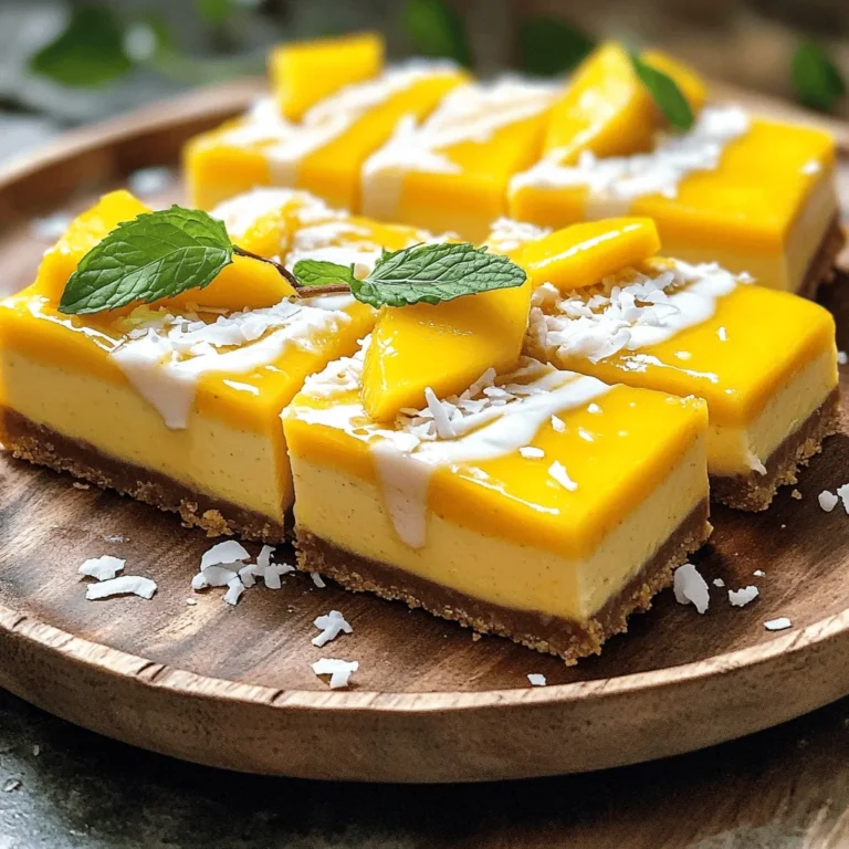 To make vegan mango cheesecake bars, you need a few key ingredients: - 1 ½ cups raw cashews (soaked in water for at least 4 hours) - 1 cup mango puree (fresh or canned) - ¼ cup coconut cream - ¼ cup maple syrup - 2 tablespoons lemon juice - 1 teaspoon vanilla extract - 1 ½ cups almond flour - ½ cup dates (pitted and chopped) - 1 teaspoon cinnamon - Pinch of salt These ingredients create a creamy, sweet filling with a lovely crust. Using high-quality ingredients makes a big difference in flavor. Choose organic cashews for a richer taste. Fresh mango gives the best flavor, but canned works well too. Look for pure coconut cream without additives. A high-quality maple syrup enhances sweetness. Opt for fresh lemon juice instead of bottled for brightness. You can easily swap some ingredients to fit your needs: - For nuts: Use sunflower seeds or pumpkin seeds instead of cashews. - For gluten-free: Ensure your almond flour is certified gluten-free. - For dates: Replace with agave syrup or another sweetener. - For coconut cream: Use silken tofu for a lighter option. These swaps keep the recipe fun and accessible for everyone. If you want the full recipe, check the section above! To start, gather your crust ingredients. You will need almond flour, chopped dates, cinnamon, and a pinch of salt. In a food processor, combine these items. Pulse until the mixture sticks together. If it feels too dry, add a little water. Do this one tablespoon at a time. Once mixed well, press this crust firmly into an 8x8 inch baking pan. Line the pan with parchment paper first. Make sure to spread the mixture evenly. This step is crucial for a good base. Now, let’s make the filling. Drain the soaked cashews and add them to the food processor. Next, add the mango puree, coconut cream, maple syrup, lemon juice, and vanilla extract. Blend until the mixture is smooth and creamy. You may need to scrape down the sides to ensure all ingredients mix well. This step helps to achieve a uniform texture. Once you have a creamy consistency, it’s time to pour this filling over the prepared crust. Use a spatula to spread it evenly across the base. Cover the pan with plastic wrap now. Place it in the refrigerator for at least four hours. This time allows the bars to set well. If you need them faster, freeze for about two hours. Once they are fully set, lift the bars out using the parchment paper. Cut them into squares or rectangles. For a special touch, garnish the bars with fresh mango slices or a drizzle of coconut cream. You can also add edible flowers for a stunning look. For more details, check the Full Recipe. To get a creamy texture, soak your cashews for at least 4 hours. This softens them and makes blending easy. Blend until smooth and creamy, scraping down the sides. If your mixture is too thick, add a splash of water. This helps create a silky blend that melts in your mouth. You can boost flavor with a few extras. Try adding a pinch of turmeric for color and a slight earthiness. Fresh lime juice can add a nice tang. Want a little crunch? Toss in some chopped nuts like macadamias or pistachios into the filling. You can also layer in fruit, like fresh mango bits, for added sweetness. For a stunning look, slice your bars into neat squares. Serve them on a colorful plate. A simple garnish can elevate your dish. I love topping mine with fresh mango slices or a drizzle of coconut cream. Edible flowers can also add a touch of elegance. These small details make your dessert more appealing and fun to eat. {{image_2}} You can change the flavor of your vegan mango cheesecake bars by using other fruits. Try adding ripe bananas for a sweet twist. You can also use berries like strawberries or blueberries for a tart kick. Just blend the fruit into the filling. This adds color and fun to your dessert. You can even mix fruits for a tropical vibe. Remember to adjust the sweetness if your fruit is very sweet. If you want to switch up the sweeteners, consider using agave nectar or coconut sugar. These options provide a unique taste. You can also try different creams. Instead of coconut cream, use cashew cream or silken tofu for a lighter texture. Both will keep your bars creamy and rich. Just blend these ingredients in the food processor until smooth. Making gluten-free bars is simple. The almond flour in the crust is already gluten-free. If you want, you can use oat flour instead. Just make sure it’s certified gluten-free. For the crust, you can blend oats into a fine flour. This gives you a great base. Always check that any additional ingredients you use are gluten-free to keep your bars safe for everyone. For the full recipe, check out [Full Recipe]. To keep your vegan mango cheesecake bars fresh, store them in an airtight container. This helps prevent them from drying out. If you use a glass container, it allows you to see the bars easily. Place parchment paper between layers if you stack them. This keeps them from sticking together. You can freeze these bars for longer storage. First, let them chill completely in the fridge. Then, cut them into squares. Wrap each square in plastic wrap, then place them in a freezer-safe bag. When you want to enjoy them, take out a bar and let it sit at room temperature for about 15 minutes. You can also thaw them in the fridge overnight for a softer texture. These vegan mango cheesecake bars stay fresh in the fridge for about 5 days. If you freeze them, they can last up to 3 months. Just remember, they taste best when fresh! For the full recipe, check out the instructions above. Yes, you can use frozen mango. Just thaw the mango first. This helps it blend smoothly. Frozen mango can give a similar taste and texture. Ensure you drain any excess water before adding it to the mix. If you cannot use cashews, try silken tofu or soaked almonds. These options give a creamy texture too. You can also use sunflower seeds for a nut-free option. Just remember to soak them for a few hours. The cheesecake is set when it feels firm to the touch. You can also gently shake the pan. If it wobbles a little in the center, it needs more time. Chilling it in the fridge for at least four hours helps it set perfectly. Yes, you can make these bars a day or two in advance. Just store them in the fridge. This allows the flavors to meld and develop. It’s a great way to save time when you have guests. These bars are a healthier dessert option. They are made with whole, natural ingredients. Cashews provide healthy fats, while mango adds vitamins. The bars also contain no refined sugar. They are a guilt-free treat you can enjoy! In this blog post, we explored the key ingredients for vegan mango cheesecake bars. We covered steps to prepare the crust, make the filling, and serve the dessert. I shared tips for texture, flavor, and presentation. We also discussed variations to suit your taste and provided storage info for keeping your bars fresh. These bars are not just fun to make; they’re also a tasty treat you can share. Whether you follow the recipe closely or try your own twist, enjoy every bite of this delightful dessert!