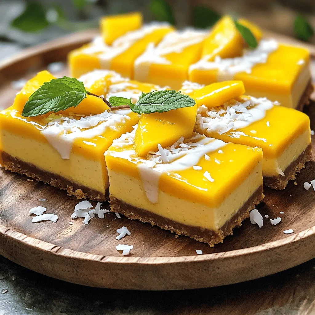 To make vegan mango cheesecake bars, you need a few key ingredients: - 1 ½ cups raw cashews (soaked in water for at least 4 hours) - 1 cup mango puree (fresh or canned) - ¼ cup coconut cream - ¼ cup maple syrup - 2 tablespoons lemon juice - 1 teaspoon vanilla extract - 1 ½ cups almond flour - ½ cup dates (pitted and chopped) - 1 teaspoon cinnamon - Pinch of salt These ingredients create a creamy, sweet filling with a lovely crust. Using high-quality ingredients makes a big difference in flavor. Choose organic cashews for a richer taste. Fresh mango gives the best flavor, but canned works well too. Look for pure coconut cream without additives. A high-quality maple syrup enhances sweetness. Opt for fresh lemon juice instead of bottled for brightness. You can easily swap some ingredients to fit your needs: - For nuts: Use sunflower seeds or pumpkin seeds instead of cashews. - For gluten-free: Ensure your almond flour is certified gluten-free. - For dates: Replace with agave syrup or another sweetener. - For coconut cream: Use silken tofu for a lighter option. These swaps keep the recipe fun and accessible for everyone. If you want the full recipe, check the section above! To start, gather your crust ingredients. You will need almond flour, chopped dates, cinnamon, and a pinch of salt. In a food processor, combine these items. Pulse until the mixture sticks together. If it feels too dry, add a little water. Do this one tablespoon at a time. Once mixed well, press this crust firmly into an 8x8 inch baking pan. Line the pan with parchment paper first. Make sure to spread the mixture evenly. This step is crucial for a good base. Now, let’s make the filling. Drain the soaked cashews and add them to the food processor. Next, add the mango puree, coconut cream, maple syrup, lemon juice, and vanilla extract. Blend until the mixture is smooth and creamy. You may need to scrape down the sides to ensure all ingredients mix well. This step helps to achieve a uniform texture. Once you have a creamy consistency, it’s time to pour this filling over the prepared crust. Use a spatula to spread it evenly across the base. Cover the pan with plastic wrap now. Place it in the refrigerator for at least four hours. This time allows the bars to set well. If you need them faster, freeze for about two hours. Once they are fully set, lift the bars out using the parchment paper. Cut them into squares or rectangles. For a special touch, garnish the bars with fresh mango slices or a drizzle of coconut cream. You can also add edible flowers for a stunning look. For more details, check the Full Recipe. To get a creamy texture, soak your cashews for at least 4 hours. This softens them and makes blending easy. Blend until smooth and creamy, scraping down the sides. If your mixture is too thick, add a splash of water. This helps create a silky blend that melts in your mouth. You can boost flavor with a few extras. Try adding a pinch of turmeric for color and a slight earthiness. Fresh lime juice can add a nice tang. Want a little crunch? Toss in some chopped nuts like macadamias or pistachios into the filling. You can also layer in fruit, like fresh mango bits, for added sweetness. For a stunning look, slice your bars into neat squares. Serve them on a colorful plate. A simple garnish can elevate your dish. I love topping mine with fresh mango slices or a drizzle of coconut cream. Edible flowers can also add a touch of elegance. These small details make your dessert more appealing and fun to eat. {{image_2}} You can change the flavor of your vegan mango cheesecake bars by using other fruits. Try adding ripe bananas for a sweet twist. You can also use berries like strawberries or blueberries for a tart kick. Just blend the fruit into the filling. This adds color and fun to your dessert. You can even mix fruits for a tropical vibe. Remember to adjust the sweetness if your fruit is very sweet. If you want to switch up the sweeteners, consider using agave nectar or coconut sugar. These options provide a unique taste. You can also try different creams. Instead of coconut cream, use cashew cream or silken tofu for a lighter texture. Both will keep your bars creamy and rich. Just blend these ingredients in the food processor until smooth. Making gluten-free bars is simple. The almond flour in the crust is already gluten-free. If you want, you can use oat flour instead. Just make sure it’s certified gluten-free. For the crust, you can blend oats into a fine flour. This gives you a great base. Always check that any additional ingredients you use are gluten-free to keep your bars safe for everyone. For the full recipe, check out [Full Recipe]. To keep your vegan mango cheesecake bars fresh, store them in an airtight container. This helps prevent them from drying out. If you use a glass container, it allows you to see the bars easily. Place parchment paper between layers if you stack them. This keeps them from sticking together. You can freeze these bars for longer storage. First, let them chill completely in the fridge. Then, cut them into squares. Wrap each square in plastic wrap, then place them in a freezer-safe bag. When you want to enjoy them, take out a bar and let it sit at room temperature for about 15 minutes. You can also thaw them in the fridge overnight for a softer texture. These vegan mango cheesecake bars stay fresh in the fridge for about 5 days. If you freeze them, they can last up to 3 months. Just remember, they taste best when fresh! For the full recipe, check out the instructions above. Yes, you can use frozen mango. Just thaw the mango first. This helps it blend smoothly. Frozen mango can give a similar taste and texture. Ensure you drain any excess water before adding it to the mix. If you cannot use cashews, try silken tofu or soaked almonds. These options give a creamy texture too. You can also use sunflower seeds for a nut-free option. Just remember to soak them for a few hours. The cheesecake is set when it feels firm to the touch. You can also gently shake the pan. If it wobbles a little in the center, it needs more time. Chilling it in the fridge for at least four hours helps it set perfectly. Yes, you can make these bars a day or two in advance. Just store them in the fridge. This allows the flavors to meld and develop. It’s a great way to save time when you have guests. These bars are a healthier dessert option. They are made with whole, natural ingredients. Cashews provide healthy fats, while mango adds vitamins. The bars also contain no refined sugar. They are a guilt-free treat you can enjoy! In this blog post, we explored the key ingredients for vegan mango cheesecake bars. We covered steps to prepare the crust, make the filling, and serve the dessert. I shared tips for texture, flavor, and presentation. We also discussed variations to suit your taste and provided storage info for keeping your bars fresh. These bars are not just fun to make; they’re also a tasty treat you can share. Whether you follow the recipe closely or try your own twist, enjoy every bite of this delightful dessert!