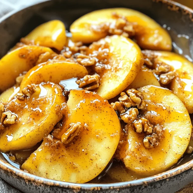 - 4 medium apples (Granny Smith or Honeycrisp preferred) - 2 tablespoons brown sugar - 1 teaspoon ground cinnamon - 1 tablespoon lemon juice - 1 tablespoon unsalted butter, melted - 1 teaspoon vanilla extract - Pinch of salt - Optional: Chopped walnuts or pecans for topping To make Air Fryer Cinnamon Apples, start with fresh apples. I love using Granny Smith or Honeycrisp for their sweet and tart balance. You’ll need about four medium apples. Slice them evenly for the best cook. Next, brown sugar adds sweetness and enhances caramelization. A teaspoon of ground cinnamon gives a warm, cozy flavor. Then, you’ll want to add a bit of lemon juice. This brightens the dish and keeps the apples from browning. Melted unsalted butter adds richness and helps the sugar stick. A splash of vanilla extract adds depth. A pinch of salt will bring all these flavors together. For a crunchy finish, consider topping your apples with chopped walnuts or pecans. Check out the Full Recipe for a complete guide on how to cook these tasty treats! - Preheat your air fryer to 350°F (175°C) for about 5 minutes. - Core and slice the apples into even pieces. Preparing apples is simple and fun. I like to use Granny Smith or Honeycrisp apples. These apples have a nice balance of sweet and tart. Core the apples first. Then slice them evenly. Aim for about a quarter-inch thickness. This helps them cook evenly. - Combine apples with brown sugar and cinnamon. - Drizzle lemon juice, melted butter, and vanilla extract. In a large bowl, mix the sliced apples with brown sugar and cinnamon. Make sure each apple slice gets coated well. This adds a sweet, spicy flavor. Then, drizzle the lemon juice, melted butter, and vanilla extract over the apples. The lemon juice brightens the taste. Toss everything together gently until mixed. - Transfer apple mixture to air fryer basket. - Cook for about 15 minutes; shake halfway through. Now it's time to cook! Transfer the apple mixture to the air fryer basket. Spread the apples out in one layer. This ensures they cook nicely. Set the timer for about 15 minutes. Halfway through, shake the basket. This helps the apples brown evenly. When done, the apples should be soft and a bit caramelized. Enjoy your delicious treat! You can find the full recipe for more details. For the best flavor, choose Granny Smith or Honeycrisp apples. These apples are crisp and sweet-tart, making them perfect for this dessert. You want apples that hold their shape when cooked. To get the right tenderness, keep an eye on the cooking time. Cook for about 15 minutes, shaking the basket halfway. The apples should be soft but not mushy. If they need more time, add a few minutes. To add a twist, try adding nutmeg or allspice. These spices can give your cinnamon apples a warm flavor boost. Just a pinch will do! For serving, I love to add a scoop of vanilla ice cream on top. The cold ice cream melts slightly over the warm apples. You can also drizzle honey or maple syrup for a sweet touch. It makes the dish feel extra special! Try this delicious recipe for Air Fryer Cinnamon Apples from the [Full Recipe]. Enjoy! {{image_2}} You can make Air Fryer Cinnamon Apples even healthier. Try using less sugar or switch to natural sweeteners like honey or maple syrup. Both options taste great and cut down on added sugars. You can also mix in fruits like pears or peaches. These fruits add extra flavor and nutrition. Just slice them up and toss them with the apples. They will cook well together and make a tasty treat. To switch up the flavor, consider adding spices. Ginger or cardamom can add a warm touch. Just a small amount can make a big difference. You can also use different extracts. Instead of vanilla, try almond extract. It gives a nice twist to the dish. Experimenting with these flavors can make your dessert unique and exciting. To keep your air fryer cinnamon apples fresh, store them in an airtight container. Place them in the fridge within two hours of cooking. This helps prevent spoilage and keeps the apples tasty. They can last up to four days in the fridge. When you're ready to enjoy them again, reheat the apples in the air fryer. Set it to 350°F (175°C) for about five minutes. This will warm them up and help them regain their tender texture. Yes, you can freeze air fryer cinnamon apples! To do this, let them cool completely first. Then, place them in a freezer-safe bag or container. Remove as much air as you can before sealing. They can last for about three months in the freezer. When you want to eat them, thaw the apples in the fridge overnight. Reheat them in the air fryer at 350°F (175°C) for about ten minutes. This will bring back their delicious flavor and soft bite. Enjoy your warm, gooey treat anytime! Can I use pre-sliced apples for this recipe? Yes, you can use pre-sliced apples. They save time and work well. Just check that they are fresh. Fresh apples will give you the best taste. If they are too thin, they might cook faster. How do I know when the apples are done cooking? The apples are done when they are tender and golden brown. You can test them with a fork. If they pierce easily, they are ready. Cooking usually takes about 15 minutes. Don't forget to shake the basket halfway through for even cooking. What if my apples turn mushy? If your apples turn mushy, it may be due to cooking too long. Make sure to set a timer. You can also try using firmer apple types. Granny Smiths are great to avoid mushiness. How to enhance flavor if it tastes bland? To boost flavor, add a pinch more cinnamon or a splash of vanilla. You can also sprinkle a bit of salt. This will help bring out the natural sweetness of the apples. Adding chopped nuts for crunch adds flavor too. If you want more sweetness, drizzle honey or maple syrup on top. For the full recipe, check out the details above. Air fryer cinnamon apples are a simple and delicious treat. We covered the best ingredients, like Granny Smith or Honeycrisp apples, mixed with brown sugar and cinnamon. The step-by-step guide made cooking easy, and I shared tips on perfecting flavor and texture. You can also explore healthier options and variations for unique tastes. For a delightful dessert or snack, these apples offer warmth and comfort. Enjoy your creation, and feel free to experiment with new flavors next time!