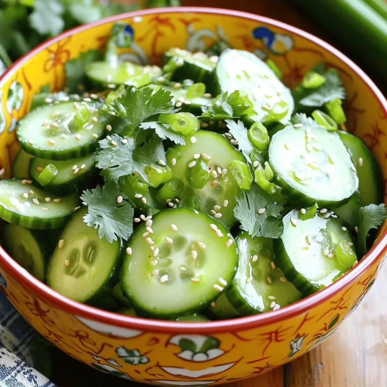 - Cucumber - Rice vinegar - Soy sauce - Sesame oil - Sugar - Fresh ginger - Garlic - Sesame seeds - Green onions - Cilantro - Salt and pepper The first step to making this Easy Asian Cucumber Salad is gathering your ingredients. Each item plays a key role in the taste. Cucumbers are the star here. They give the salad a fresh crunch. I recommend using two large cucumbers, thinly sliced. This adds texture and makes it fun to eat. Rice vinegar brings a tangy taste. It balances the flavors well. Soy sauce adds a savory depth. Just a little bit enhances the dish without overpowering it. Sesame oil provides a nutty aroma. It makes the salad feel special. Sugar adds a hint of sweetness, which works nicely with the vinegar. Fresh ginger and garlic add a zesty kick. Just a small amount of each will do. Sesame seeds sprinkle on top give a delightful crunch. Green onions add a mild onion flavor. Chopped cilantro brings freshness and color. Finally, salt and pepper tie everything together. This salad is low in calories but high in flavor. Cucumber is hydrating and full of vitamins. The dressing adds a bit of fat and energy, thanks to the sesame oil. If you can’t find rice vinegar, you can use apple cider vinegar. It has a similar flavor profile. For a gluten-free option, swap soy sauce for tamari. Use honey instead of sugar for a natural sweetener. If you're not a fan of sesame, you can skip it. This salad is flexible and can adapt to your tastes. You can check the Full Recipe for more detailed instructions and tips. Start by slicing the cucumbers thinly. Thin slices help the flavors mix well. You can use a knife or a mandoline slicer for this. If you like, leave the skin on for extra crunch. Place the sliced cucumbers into a large mixing bowl. This bowl will hold all your salad ingredients. In a small bowl, whisk together the rice vinegar, soy sauce, sesame oil, sugar, grated ginger, and minced garlic. Mix until the sugar dissolves completely. This dressing is what gives your salad its bright flavor. You can taste it and adjust as needed. Add the sliced cucumbers to the bowl with the dressing. Toss them gently to coat every slice. You want each piece to absorb the dressing. Then, sprinkle sesame seeds and chopped green onions over the top. This adds a nice crunch and color to your salad. For the best taste, let the salad sit in the fridge for about 15 to 30 minutes. This allows the cucumbers to soak up all the flavors. You can cover the bowl with plastic wrap or a lid. It’s a great time to prepare any other dishes you plan to serve. When you’re ready to serve, season the salad with salt and pepper to taste. Adjust the seasoning based on your liking. Finally, add fresh cilantro leaves as a garnish. This adds a pop of color and fresh flavor. Enjoy your Easy Asian Cucumber Salad! For the full recipe, check it out above. When making Easy Asian Cucumber Salad, you want fresh cucumbers. Look for cucumbers that are firm and smooth. They should feel heavy for their size. I prefer English cucumbers for this dish. They have fewer seeds and a nice, crisp texture. If you use regular cucumbers, you might want to peel them. This helps reduce bitterness. You can easily boost the flavor of this salad. Try adding a teaspoon of chili flakes for some heat. You can also add sliced radishes for crunch and color. If you love herbs, fresh mint or basil adds a great twist. For a protein boost, toss in cooked shrimp or tofu. These add-ins make the salad more filling and fun. Serve this salad cold for the best taste. It pairs well with grilled meats or rice dishes. You can also use it as a light snack. Place the salad in a bowl and garnish with extra cilantro. Serve it at picnics or as a side at dinners. Enjoy it fresh from the fridge for a quick treat. For the full recipe, check out the details above. {{image_2}} To make a spicy version, add chili flakes to the dressing. Start with a pinch and taste it. If you like more heat, add more flakes. The spice pairs well with the cool cucumbers. This gives your salad an exciting kick. You can also try fresh sliced chili for a fresh touch. This salad is already vegan-friendly, but you can enhance it. Use maple syrup instead of sugar for sweetness. You can also add sliced avocado for creaminess. Another option is to mix in some shredded carrots for extra color and crunch. These tweaks make the salad even more vibrant and healthy. Want to make your salad heartier? Add protein! Grilled chicken or shrimp works well. Tofu is a great choice for a vegan option. Simply cube it and toss it in with the cucumbers. You can also sprinkle edamame for a nice crunch. These additions turn a side dish into a full meal. If you want more ideas, check out the Full Recipe. To keep your Easy Asian Cucumber Salad fresh, place it in an airtight container. This helps prevent air from spoiling the salad. Store the salad in the fridge right after you finish eating. For maximum freshness, eat the salad within two days. If you notice any liquid pooling at the bottom, drain it before serving again. This keeps the salad crisp and tasty. The salad stays good for about 2-3 days in the fridge. After that, the cucumbers may become soggy. Always check for any off smell or changes in color before eating leftovers. For the full recipe, check out the details above. You should marinate the salad for 15 to 30 minutes. This time lets the cucumbers soak up all those tasty flavors. If you want a stronger taste, you can leave it longer. Just be careful, as cucumbers can get too soft. Yes, you can make this salad a few hours ahead. It tastes even better after chilling. Just keep it in the fridge until you’re ready to serve. If you make it too early, the cucumbers might get soggy. This salad pairs well with many dishes. You can serve it with grilled chicken, fish, or tofu. It also goes great with rice or noodles. The fresh taste of the salad balances rich flavors nicely. To reduce the saltiness, cut back on the soy sauce. You can also add more cucumbers or other veggies. This will dilute the salt taste. Another option is to rinse the salad before serving to wash away excess salt. Yes, you can use tamari instead of soy sauce. Tamari is a gluten-free soy sauce that works well in this recipe. It has a similar taste and keeps the flavor balanced. You can also try coconut aminos for a different twist. This blog post covered the key ingredients for Easy Asian Cucumber Salad. We explored how to prepare the cucumbers, make the dressing, and combine everything for a tasty dish. You learned tips for freshness and flavorful variations, plus how to store leftovers. Remember, this salad is easy to customize and perfect for any meal. You can adjust flavors and add proteins to suit your taste. Enjoy your fresh and vibrant salad experience!