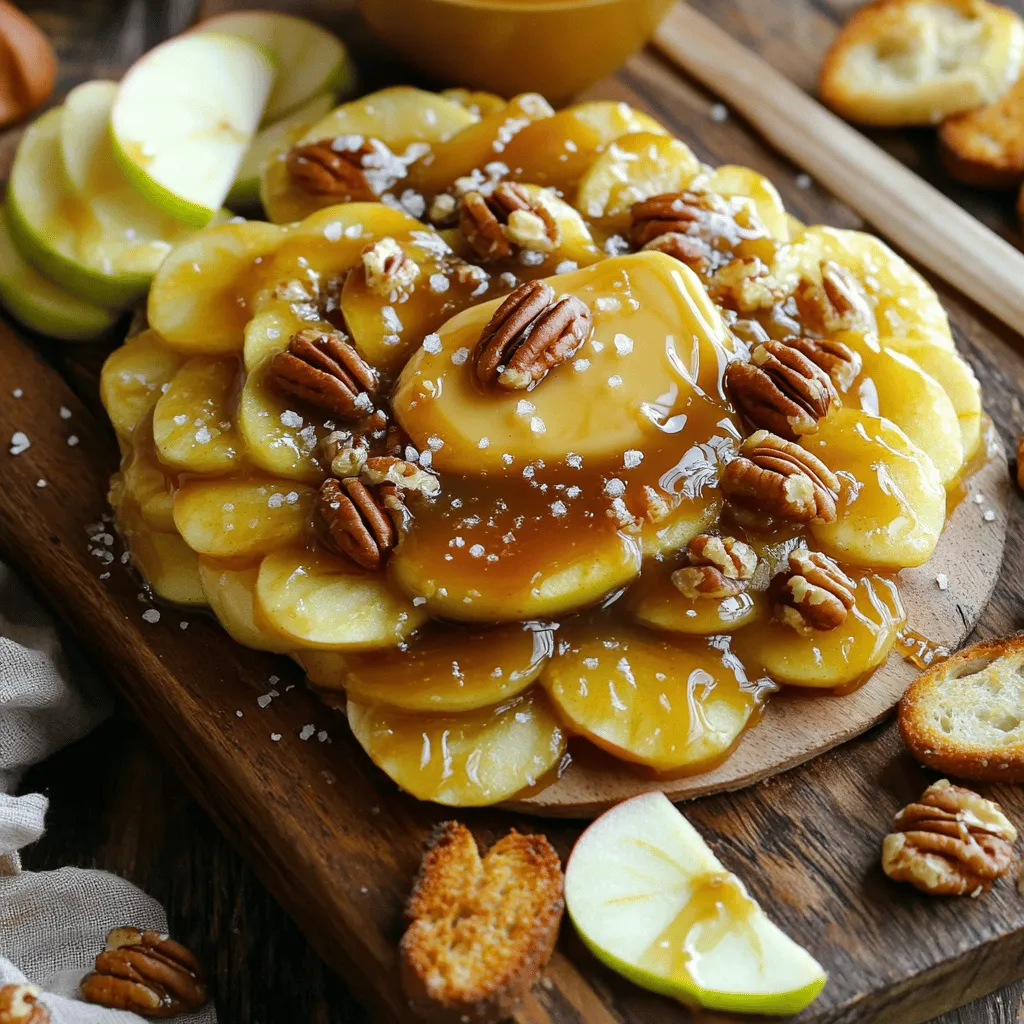 Let's dive into the ingredients you'll need for the Caramel Apple Pie Butter Board. This delightful treat combines sweet and creamy flavors. Here's what you need: - 1 cup unsalted butter, softened - 2 cups Granny Smith apples, peeled, cored, and diced - 1/2 cup brown sugar - 1 teaspoon cinnamon - 1/4 teaspoon nutmeg - 1 tablespoon lemon juice - 1/2 cup caramel sauce (store-bought or homemade) - 1/2 cup chopped pecans or walnuts (optional) - 1 to 2 cups toasted crostini or apple slices for serving - Sea salt for garnish Each ingredient plays a key role. The unsalted butter gives a rich, creamy base. Granny Smith apples add tartness, balancing the sweet caramel and brown sugar. Cinnamon and nutmeg bring warmth and spice. Lemon juice brightens the mix, while chopped nuts add crunch. You can serve this board with toasted crostini or fresh apple slices. They make perfect dippers for your buttery, caramel goodness. Try this recipe for a crowd-pleaser that’s easy to share! If you want the full details, check out the Full Recipe for step-by-step instructions. - In a medium saucepan, combine diced apples, brown sugar, cinnamon, nutmeg, and lemon juice. - Cook over medium heat for 5-7 minutes until apples are tender. The apple mixture sets the sweet and spiced base for your butter board. Using Granny Smith apples gives a nice tartness that balances the sweetness of the brown sugar and caramel. Stir the mixture often so the apples cook evenly and do not stick to the pan. - Spread softened butter evenly on a large serving board. - Layer cooked apple mixture on top of the butter. The butter acts as a creamy canvas for your flavors. Make sure the butter is very soft. This will help the apples stick and add rich taste. Spread the apple mixture carefully to cover the butter completely. - Drizzle caramel sauce over apples. - Optional: Sprinkle chopped pecans or walnuts on top. - Garnish with sea salt before serving. The caramel sauce adds a gooey sweetness that pulls the dish together. If you want a crunch, add chopped nuts. The sea salt at the end heightens all flavors, making each bite pop. Serve with toasted crostini or apple slices. You can find the full recipe for more details. For the best flavor, I love using Granny Smith apples. They are tart and crisp, which balances the sweetness of the caramel. This apple gives the pie a nice texture, too. If you want a sweeter taste, you can try Fuji or Honeycrisp apples. They add a juicy bite and work well in desserts. Making homemade caramel sauce is easier than you might think. Just melt sugar in a pan, then add cream and butter. It comes together quickly. However, store-bought caramel is a time-saver. It’s convenient and still tastes great! If you’re short on time, feel free to grab a jar from the store. To make your butter board stunning, arrange the apples in a circle. Drizzle caramel in a zigzag pattern over the apples. You can add chopped nuts for a crunchy look. Serve it with crostini or apple slices on the side. This makes it easy for guests to dip and enjoy! You can find the Full Recipe for more detailed steps on making this delightful treat. {{image_2}} You can play with the flavor of your caramel apple pie butter board. Adding spices like ginger or cloves gives it a nice twist. These spices add warmth and depth. You may also try mixing in toppings like dried fruits or chocolate. Dried cranberries or raisins can bring a chewy texture. Chocolate chips can add a sweet surprise. If you want a lighter version, there are easy swaps. You can use lighter butter alternatives like coconut or almond butter. They can still give you that creamy base. Another tip is to cut down on sugar. You can use sugar substitutes like honey or maple syrup. These options keep the flavor while reducing calories. This butter board is great with many dippers. You can try graham crackers for a sweet crunch. Pretzels also work well, adding a salty bite. Serve it as a fun dessert or as part of a charcuterie board. It makes a lovely centerpiece and invites guests to dig in. For the best experience, pair it with toasted crostini or apple slices. They add a fresh and crispy touch. For the complete recipe, check the full recipe. To store leftover caramel apple pie butter board, cover it tightly with plastic wrap. Place it in the fridge. This keeps the flavors fresh. You can safely enjoy the leftovers for up to three days. After that, the apples may lose their crunch. If you want to warm the apple mixture, use a small saucepan. Heat it over low heat for a few minutes. Stir gently until warm. You can also microwave it in a bowl for about 30 seconds. However, serving it straight from the fridge is just as good. The cool butter pairs nicely with the warm apple mix. Keep all ingredients separate until serving for the best taste. Store apples in the fridge to prevent browning. Use lemon juice on cut apples to keep them fresh. Timing is key; assemble the butter board close to serving time. This way, everything tastes its best. A butter board is a fun way to serve soft butter and toppings. You spread butter on a board and add tasty items on top. It became popular on social media for its beautiful look and easy sharing. You can mix flavors and textures, making it perfect for gatherings. Yes! You can prepare the apple mixture ahead of time. Cook the apples and let them cool. Store them in the fridge for up to two days. Spread the butter on the board just before serving. This keeps it fresh and easy. If you don’t have caramel sauce, try using honey. It adds a nice sweetness. You can also use chocolate sauce for a rich flavor. Both options work well with the apples and butter. Serve the butter board with toasted crostini or fresh apple slices. Arrange the board with a mix of dippers. This invites guests to create their own bites. You can also add a few sprigs of mint for color. Enjoy the fun of sharing! This blog post covered how to make a delicious apple butter board. We explored the main ingredients, including Granny Smith apples and caramel sauce. I shared step-by-step instructions for preparing and assembling the dish. You learned tips for choosing apples and making caramel sauce. We discussed fun variations and how to store leftovers effectively. This simple and tasty dish can impress any crowd. Enjoy making it fresh or as part of a buffet. You can customize it to suit your taste, ensuring a treat for everyone.