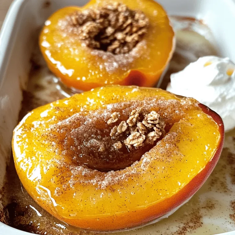To make Cinnamon Sugar Baked Peaches, you need simple, fresh ingredients. Here’s what you will need: - 4 ripe peaches, halved and pitted - 2 tablespoons unsalted butter, melted - 1/4 cup brown sugar - 1 teaspoon ground cinnamon - 1/2 teaspoon vanilla extract - Pinch of salt - 1/2 cup granola (optional, for topping) - Vanilla ice cream or whipped cream (for serving, optional) Using ripe peaches is key. They should yield slightly when you press them. The butter adds richness, while brown sugar and cinnamon bring warmth and sweetness. Vanilla extract enhances the flavor. If you want some crunch, granola on top works great. You can serve these peaches with vanilla ice cream or whipped cream for a creamy touch. For the full recipe, check out the detailed steps below. - Preheat your oven to 350°F (175°C). - In a small bowl, mix together brown sugar, cinnamon, and salt. First, preheat your oven. This step warms the oven to the right temperature. Next, grab a small bowl. In it, mix the brown sugar, cinnamon, and a pinch of salt. This mixture will make your peaches sweet and tasty. - Place halved peaches in a baking dish, drizzle with melted butter, and sprinkle with cinnamon sugar mixture. - Bake covered for 20 minutes, then uncover and bake for an additional 15 minutes. Now, take your halved peaches and place them cut side up in a baking dish. Drizzle the melted butter over the peaches. This will help the sugar stick and add flavor. Next, sprinkle the cinnamon sugar mixture generously over each peach half. Cover the dish with foil and bake for 20 minutes. After that, remove the foil and bake for another 15 minutes. This lets the peaches get soft and caramelized. - Allow to cool before serving. - Top with granola and serve with ice cream or whipped cream. When the peaches are done, let them cool for a few minutes. This way, they won’t burn your mouth. For a fun twist, sprinkle some granola on top. You can also serve them with vanilla ice cream or whipped cream. This makes a lovely dessert that everyone will enjoy. You can find the full recipe for more details. - Selecting ripe peaches: Choose peaches that are firm yet slightly soft to the touch. They should smell sweet and fruity. Look for a nice golden color with a hint of blush. This means they are ripe and full of flavor. - Adjusting sweetness: You can change the amount of brown sugar based on your taste. If you like it sweeter, add a bit more. If you prefer less sugar, reduce it. Taste the cinnamon sugar mix before adding it to the peaches. - Overbaking the peaches: Keep an eye on the baking time. If you bake them too long, they turn mushy. You want them soft but still holding their shape. Check them at the 20-minute mark and adjust as needed. - Not evenly distributing the cinnamon sugar: Make sure to sprinkle the cinnamon sugar mix evenly over each peach half. This helps the flavor spread. If some peaches get more sugar, they may taste sweeter than others. - Adding a splash of lemon juice: A little lemon juice brightens the flavor of the peaches. It adds a nice tartness that balances the sweetness. Just a teaspoon will do! - Experimenting with different spices: Feel free to try other spices like nutmeg or ginger. These spices can give your peaches a unique twist. Just add a pinch to the cinnamon sugar mix for a fun change. For the full recipe, check out the detailed instructions above! {{image_2}} You can use nectarines or apricots in place of peaches. They bake well and taste great. Nectarines offer a smooth skin and a sweet flavor. Apricots bring a unique tang that pairs nicely with cinnamon. Each fruit adds its own twist to the dish while maintaining that warm, cozy feel. Want to elevate your baked peaches? Try adding nuts for texture. Chopped almonds or walnuts can give a nice crunch. You can also sprinkle a pinch of ginger or nutmeg on top. These spices add depth and warmth, making each bite more exciting. Experimenting with flavors can create a new favorite dessert. If you're looking for vegan options, use plant-based butter instead of regular butter. This simple swap keeps the dish delicious and friendly for vegan diets. For those needing gluten-free options, try serving with gluten-free granola. It adds a nice crunch without the gluten. You can enjoy this dessert while meeting dietary needs. Check the Full Recipe for more details. To store leftovers, place the baked peaches in an airtight container. Keep them in the refrigerator. They will stay fresh for about three days. Make sure to cover them well to prevent drying out. For long-term storage, you can freeze the baked peaches. First, let them cool completely. Then, place them in a freezer-safe container. They can last up to three months in the freezer. When ready to enjoy, just thaw them in the fridge overnight. To reheat baked peaches, preheat your oven to 350°F (175°C). Place the peaches on a baking sheet. Cover them with foil to keep moisture in. Heat for about 10-15 minutes. This keeps the peaches soft and tasty. Avoid using the microwave, as it can make them mushy. Enjoy your delicious treat! Baked peaches last about three to five days in the fridge. Store them in an airtight container. Make sure they cool completely before sealing. This keeps them fresh and tasty. Yes, you can make this recipe without sugar. You can use natural sweeteners like honey or maple syrup. Adjust the amount based on your taste. This makes the dish less sweet but still yummy. You can use almond extract instead of vanilla extract. It gives a nice flavor twist. If you don’t have that, leave it out. The baked peaches will still taste great without it. Yes, you can use canned peaches. Just drain them well before baking. Canned peaches may be softer, so adjust cooking time. Keep an eye on them while they bake. They can be just as delicious! This recipe for baked peaches highlights simple steps and key ingredients. You learned how to prepare and bake peaches that are sweet and warm. Remember to avoid common errors, like overbaking or uneven spice distribution. Experiment with different fruits and flavors to find your favorite twist. Store any leftovers properly, so you can enjoy them later. Baking peaches is fun and tasty, making it a great dessert choice. Dive in, and enjoy every bite of this easy treat!
