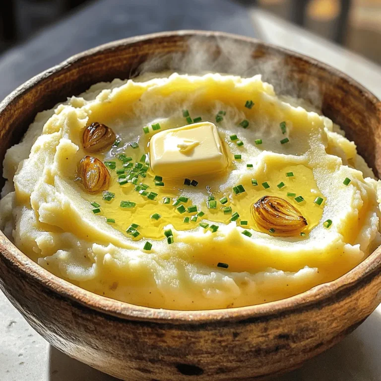 - 2 lbs Yukon Gold potatoes, peeled and quartered - 1 whole bulb of garlic - 1/2 cup unsalted butter, softened - 1 cup heavy cream - Salt and pepper to taste - Fresh chives, chopped (for garnish) - Potato masher or ricer - Baking sheet - Large pot To make roasted garlic mashed potatoes, you need quality ingredients. Yukon Gold potatoes are my go-to choice. They have a nice creamy texture, which makes the dish rich. You will also need a whole bulb of garlic for that sweet and mellow flavor. Next, grab some unsalted butter. It adds richness without overpowering the dish. Heavy cream is essential for creaminess. I recommend using fresh chives to garnish. They add a pop of color and a mild onion flavor. For tools, you will need a potato masher or ricer. Either will help create a smooth mash. A baking sheet is necessary for roasting the garlic. Finally, a large pot will hold your potatoes while boiling. With these ingredients and tools, you can create a delicious comfort food classic. For the complete method, check out the Full Recipe. To start, preheat your oven to 400°F (200°C). This step is key to getting soft and sweet garlic. Next, take a whole bulb of garlic and slice off the top. This exposes the cloves and helps them roast nicely. Drizzle a little olive oil over the bulb and wrap it in aluminum foil. Place it on a baking sheet and let it bake for 30-35 minutes. You will know it’s done when the cloves feel soft and look caramelized. While the garlic roasts, it’s time to prepare the potatoes. Use 2 lbs of Yukon Gold potatoes, peeled and quartered. Put them in a large pot and cover them with cold water. Add a pinch of salt to the water. Bring it to a boil over medium-high heat. Cook the potatoes until they are fork-tender, which takes about 15-20 minutes. Once cooked, drain the water and return the potatoes to the pot. This keeps them warm and ready for mashing. Now comes the fun part! Squeeze the roasted garlic cloves out of their skins into the pot with the potatoes. The smell will be amazing! Add in 1/2 cup of softened unsalted butter and 1 cup of heavy cream. This will give your mashed potatoes a rich and creamy texture. Use a potato masher or ricer to mash everything together until you reach a smooth consistency. Season with salt and pepper to taste. You can adjust the cream if you’d like a thinner mix. Enjoy your delicious roasted garlic mashed potatoes! For the full recipe, check out the details above. To get the right texture in your mashed potatoes, cream plays a key role. Start with one cup of cream. If you want a richer flavor, add more cream. For a thicker mash, use less cream. You can always add more, but it’s hard to take it out once added. For smooth potatoes, a ricer works best. It creates a fine texture without lumps. If you prefer a chunkier style, use a potato masher. Mash just until combined. This keeps some potato pieces intact. To boost the flavor, consider adding herbs. Fresh thyme or rosemary pairs well with garlic. Chopped parsley also adds a fresh touch. Feel free to mix and match to find your favorite combo. Different potatoes change the flavor too. Yukon Gold is creamy and buttery. Russets are fluffier and lighter. Try red potatoes for a hint of sweetness. Each type brings its own unique taste. Roasted garlic mashed potatoes make a great side dish. They pair perfectly with roasted chicken or grilled steak. These potatoes also complement rich dishes like beef stew or meatloaf. For a beautiful presentation, use a serving bowl. Create a swirl with a spoon for an inviting look. Top with fresh chives for color and flavor. A drizzle of olive oil adds shine and richness. For the full recipe, check out the Comforting Roasted Garlic Mashed Potatoes section. {{image_2}} You can easily change the taste of roasted garlic mashed potatoes. Try adding sour cream or cream cheese for a tangy twist. This addition gives your dish a creamy texture and a bit of zest. You can also sprinkle in some Parmesan cheese. This brings a rich, savory note that pairs well with the garlic flavor. Just a small amount can elevate your mashed potatoes to new heights. You can make these mashed potatoes vegan. Use plant-based butter and milk instead of dairy. This swap keeps the creaminess without using animal products. For those who need gluten-free options, rest easy. This recipe is naturally gluten-free. Just ensure your plant-based butter is labeled gluten-free as well. These simple adjustments make the dish friendly for more diets. You can enjoy delicious roasted garlic mashed potatoes, no matter your needs. For the full recipe, visit the section above. To store leftovers, let the roasted garlic mashed potatoes cool. Then, place them in an airtight container. This will keep them fresh for about three days. When you want to eat them again, take out the portion you need. For reheating, use a microwave or stove. If using a microwave, heat in short bursts. Stir between each burst to avoid hot spots. If reheating on the stove, add a splash of cream or milk. This helps to restore the creamy texture. Can you freeze roasted garlic mashed potatoes? Yes, you can freeze them! Freezing is a great way to save extra servings for later. For proper freezing, first, cool the potatoes completely. Then, scoop them into freezer-safe bags or containers. Make sure to remove as much air as possible to prevent freezer burn. Label the bags with the date. When you want to thaw them, move them to the fridge overnight. You can also reheat them straight from the freezer, but it may take longer. Stir in some cream or butter while reheating to help with the texture. Enjoy your roasted garlic mashed potatoes any time you like! For the full recipe, check out the complete guide above. To make roasted garlic mashed potatoes creamy, use heavy cream and butter. These ingredients add richness and smoothness. Start by mashing the potatoes well. I like to use a potato ricer for the best texture. After mashing, add in the roasted garlic, butter, and cream. Mix everything together until it's smooth. If it's too thick, add a little more cream. Taste and adjust the salt and pepper to your liking. This way, you’ll achieve that perfect creamy texture. Yes, you can use other types of potatoes. While Yukon Gold potatoes are great, Russet or red potatoes work too. Russet potatoes give a fluffier texture. Red potatoes have a waxy texture, which can make them creamier. Just remember, the type of potato affects the flavor and texture. So, choose what you enjoy most. You can keep roasted garlic mashed potatoes in the fridge for about 3 to 5 days. Make sure to store them in an airtight container. If they change color or smell funny, it's best to throw them out. To reheat, add a splash of cream to bring back the creaminess. Enjoy them warm for the best taste! For the full recipe, check out the Comforting Roasted Garlic Mashed Potatoes. Roasted garlic mashed potatoes are a delightful comfort dish. We covered the best ingredients, tools, and tips for making them shine. Remember to experiment with flavors and textures. You can adjust cream amounts or try different herbs. Don't forget storage tips to enjoy leftovers later. With these insights, you’re ready to create this tasty treat. Get cooking and enjoy every creamy bite!