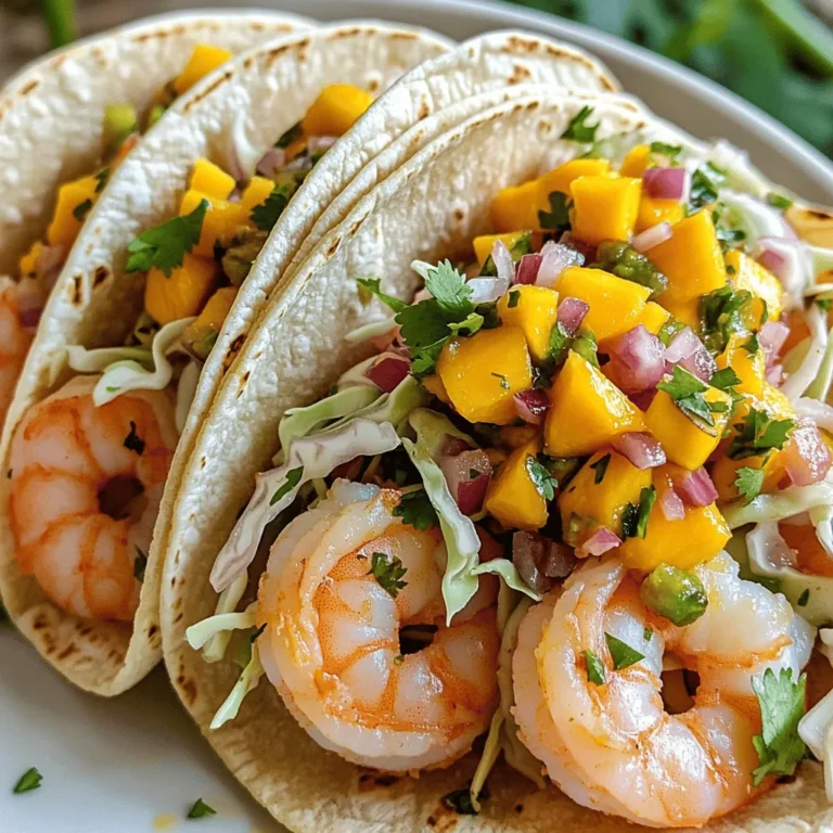 - Shrimp: 1 lb peeled and deveined - Spices: chili powder, cumin, paprika, cayenne pepper - Tortillas: 8 small corn tortillas - Fresh Produce: mango, red onion, jalapeño, lime - Seasoning: salt to taste - Shredded cabbage - Fresh cilantro The key to making spicy shrimp tacos is using fresh, high-quality ingredients. The shrimp should be firm and bright, with no fishy smell. The spices add depth and warmth. I love using a mix of chili powder, cumin, paprika, and cayenne pepper. Each one brings a unique flavor. For the mango salsa, ripe mango is a must. It adds sweetness and balances the heat from the shrimp. I also use red onion for crunch and color. A bit of jalapeño gives a kick, but you can adjust it to your taste. Fresh lime juice brightens everything up, making the salsa fresh and zesty. Don't forget the toppings! Shredded cabbage adds a nice crunch, and fresh cilantro brings a burst of flavor. You can add more toppings if you like. Some people enjoy avocado or sour cream. For the full recipe, check the section on cooking steps. Enjoy your cooking adventure! To start, grab a mixing bowl. Combine diced mango, red onion, and minced jalapeño. Squeeze fresh lime juice over the top. Season with salt to taste, then mix well. This salsa adds sweetness and heat to your tacos. Next, take a large mixing bowl. Toss the shrimp with olive oil and your spices: chili powder, cumin, paprika, cayenne pepper, salt, and pepper. Make sure each shrimp is well-coated. This step packs in great flavor. Now, heat a large skillet over medium-high heat. Once hot, add the seasoned shrimp. Sauté them for about 2-3 minutes on each side. Look for a nice pink color to know they are done. Remove from heat when cooked through. In a separate skillet, warm the corn tortillas. Heat them for about 30 seconds on each side. This keeps them soft and pliable. Warming the tortillas makes them easy to fold. Finally, place a few shrimp in each tortilla. Top with shredded cabbage and a generous spoonful of mango salsa. Finish off by garnishing with chopped cilantro. This adds freshness and color to your dish. For the full recipe, check the details above. Each step brings you closer to tasty spicy shrimp tacos with mango salsa! To know when shrimp are done, watch for their color. They should turn pink and opaque. Another sign is their shape; they should curl into a "C." If they are still gray or firm, give them another minute. You might want to adjust spice levels too. If you like it hot, add more cayenne. For a milder taste, skip the cayenne or use less chili powder. Always taste as you go! To boost flavor in your mango salsa, consider adding diced avocado. It gives a creamy texture that pairs well with mango. You can also add minced garlic for a savory kick. When prepping, chop all ingredients evenly. This helps them mix well. Let the salsa sit for a few minutes before serving. This allows the flavors to meld together beautifully. Warming tortillas properly makes a big difference. Use a skillet over medium heat. Heat each tortilla for about 30 seconds on each side. This keeps them soft and pliable. You can choose different types of tortillas too. Corn tortillas are classic, but flour tortillas work well too. For a fun twist, try using whole wheat or spinach tortillas for added flavor and nutrition. For the complete recipe, check out the Full Recipe section. {{image_2}} You can swap shrimp for chicken or tofu in this recipe. For chicken, use boneless breast or thighs. Cut them into small pieces. Cook them for about 5-7 minutes instead of 2-3 minutes. Tofu is great for a vegan option. Use firm tofu, cut it into cubes, and cook until golden. This takes about 4-5 minutes per side. To make a plant-based version, try mushrooms or beans. Portobello mushrooms work well. Slice them and season like shrimp. Sauté for about 5-6 minutes until tender. Black beans are another good choice. Rinse and heat them with spices for extra flavor. Both options give a satisfying texture. Feel free to try other salsa flavors. Pineapple salsa adds sweetness and tang. Just chop fresh pineapple and mix it with red onion and lime juice. You can also experiment with a tomato-based salsa. Use diced tomatoes, onion, and cilantro. Seasonal fruits like peaches or strawberries can bring fresh flavors, too. Enjoy mixing and matching! Check the [Full Recipe] for the basics, and get creative with your tacos! To keep your spicy shrimp tacos fresh, put them in an airtight container. Place the shrimp and the tortillas in separate containers. This way, the tortillas stay soft. Store the mango salsa in its own container too. This keeps it bright and tasty. Try to eat the leftovers within two days for the best flavor. To warm the shrimp, use a skillet on low heat. This helps keep the shrimp juicy. Stir gently until heated through. For the tortillas, warm them in the skillet for about 15 seconds on each side. This will make them soft and easy to fold again. Yes, you can freeze leftovers! For the shrimp, place them in a freezer bag. Remove as much air as possible before sealing. You can freeze the mango salsa too. Just make sure to leave some space in the container. When ready to eat, thaw in the fridge overnight. Heat the shrimp gently and enjoy! For the full recipe, check back to the beginning! To check if your shrimp is done, look for a few key signs: - The shrimp should turn pink. - The flesh should be opaque, not translucent. - The shrimp should curl into a C shape. These signs show that the shrimp are perfectly cooked. Overcooking can make them tough and rubbery. Aim for 2-3 minutes per side on medium-high heat. Yes, you can make mango salsa ahead of time. Here are some tips: - Prepare it up to one day before serving. - Store it in an airtight container in the fridge. - Add salt right before serving to keep it fresh. This way, the flavors have time to blend, making it even tastier. Pair your spicy shrimp tacos with these tasty sides: - Cilantro lime rice for a fresh twist. - Black beans for added protein and flavor. - A simple green salad for crunch. - Cold beverages like iced tea or margaritas to cool down the spice. These options enhance your meal and create a fun dining experience. For the full recipe, check out the [Full Recipe]. This article covered all the essentials for making delicious shrimp tacos. We explored key ingredients, from fresh shrimp to vibrant mango salsa. The step-by-step guide helps you cook and assemble these tasty tacos with ease. I shared tips for perfecting shrimp and enhancing your salsa. You can even try variations like chicken or tofu. With these techniques and ideas, you can enjoy flavorful tacos that impress. Happy cooking!