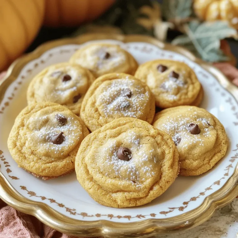 To make delicious chewy pumpkin spice cookies, you will need the following ingredients: - 1 cup canned pumpkin puree - 1/2 cup unsalted butter, softened - 1 cup brown sugar, packed - 1/2 cup granulated sugar - 1 large egg - 2 teaspoons vanilla extract - 2 cups all-purpose flour - 1 teaspoon baking soda - 1 teaspoon baking powder - 1 teaspoon ground cinnamon - 1 teaspoon ground ginger - 1/2 teaspoon ground nutmeg - 1/4 teaspoon ground cloves - 1/2 teaspoon salt - 1 cup chocolate chips or chopped nuts (optional) Canned pumpkin puree gives these cookies their rich flavor and moisture. Make sure to use unsalted butter for the best taste. The mix of brown and granulated sugars adds a nice sweetness and depth. The egg and vanilla extract help bind everything together. For the dry components, all-purpose flour provides structure, while baking soda and baking powder give them lift. The spices—cinnamon, ginger, nutmeg, and cloves—are essential for that cozy fall flavor. Don't forget salt; it balances the sweetness and enhances flavor. Optional mix-ins like chocolate chips or nuts can add a fun twist. You can find the full recipe to guide you through the process. 1. Preheat your oven to 350°F (175°C). Line a baking sheet with parchment paper. 2. In a large bowl, cream the softened butter with brown sugar and granulated sugar. Mix until it’s light and fluffy. 3. Gradually add the pumpkin puree, egg, and vanilla extract. Stir until everything is mixed well. 1. In a separate bowl, combine flour, baking soda, baking powder, cinnamon, ginger, nutmeg, cloves, and salt. Whisk them together. 2. Slowly add the dry mix to the wet mixture. Stir gently until just combined. Be careful not to over-mix. 1. Use a tablespoon or cookie scoop to drop spoonfuls of dough onto your baking sheet. Leave some space between each cookie. 2. Bake in the oven for 12 to 15 minutes. Look for lightly golden edges. The centers should stay soft. 3. After baking, let the cookies cool on the sheet for 5 minutes. Then, move them to a wire rack to cool completely. For the full recipe, check the ingredients section. Enjoy making these chewy pumpkin spice cookies! To get that chewy texture in your cookies, avoid over-mixing. Mix just until you combine the wet and dry ingredients. This keeps air from getting in, which can make cookies tough. Baking time is key for soft centers. Bake your cookies for about 12 to 15 minutes. Look for lightly golden edges and soft centers. They will continue to firm up as they cool. Add more spices to boost flavor. Consider using a pinch of cardamom or allspice for warmth. You can even add a dash of cayenne for a little kick! Choosing the right mix-ins can also enhance taste. Chocolate chips are a favorite, but try using chopped nuts or dried fruits. They add texture and flavor that pairs well with pumpkin. How you plate your cookies can make a big difference. Use a festive plate and dust with powdered sugar. This makes them look extra special. For drink pairings, serve with warm spiced apple cider or a cozy cup of tea. These drinks complement the pumpkin spice flavors perfectly. Enjoy your fall treat! Check the Full Recipe for all the details. {{image_2}} You can customize these chewy pumpkin spice cookies easily. If you want to use alternative sugars, try coconut sugar or maple syrup. Both add a nice flavor and sweetness. Just remember, if you use liquid sweeteners, you may need to reduce other liquids in the recipe. For those needing gluten-free options, almond flour or a gluten-free blend works well. Using these flours may change the texture slightly, but they still taste great. To make your cookies extra special, consider seasonal mix-ins. Adding white chocolate chips gives a creamy touch. Dried cranberries add a tart burst that brightens each bite. These additions make the cookies look festive too. You can also play with spices. Instead of just cinnamon and nutmeg, try cardamom or allspice for a unique twist. This can elevate the flavor profile and surprise your taste buds. If you want a vegan version, it's simple to adapt this recipe. Replace the egg with ground flaxseed or applesauce. Both are excellent binders. For the butter, use coconut oil or vegan butter to keep that rich taste. Adjusting the recipe for a vegan-friendly treat allows everyone to enjoy these cookies. They’ll be just as chewy and delicious without any animal products. Check out the Full Recipe for all the details on how to make these tasty variations. To keep your chewy pumpkin spice cookies fresh, use airtight containers. Glass or plastic containers work well. These containers help prevent air from making your cookies dry. Store them at room temperature for up to a week. For longer storage, try the fridge; they can last about two weeks there. You can freeze both unbaked dough and baked cookies. To freeze unbaked dough, scoop it onto a baking sheet and freeze until firm. Then, transfer the dough balls to a freezer-safe bag. They can stay frozen for up to three months. When ready to bake, just add a few extra minutes to the baking time. For baked cookies, let them cool completely. Then, wrap them tightly in plastic wrap and place them in a freezer bag. They will keep well for about three months too. Check your cookies for any hard spots or mold. If they smell off, it’s best to toss them. A good way to extend their shelf life is to keep them away from heat and moisture. If they start to go stale, you can warm them briefly in the oven. This will help bring back some softness. For the exact recipe, you can check the Full Recipe. To make chewy pumpkin spice cookies, first gather your ingredients. You need canned pumpkin puree, unsalted butter, brown sugar, granulated sugar, an egg, and vanilla extract. You will also need all-purpose flour, baking soda, baking powder, spices like cinnamon and ginger, and salt. 1. Preheat your oven to 350°F (175°C) and line your baking sheet with parchment paper. 2. In a bowl, cream the softened butter with both sugars until fluffy. 3. Mix in the pumpkin, egg, and vanilla until combined. 4. In another bowl, whisk the dry ingredients. 5. Gradually add the dry mix to the wet mix, stirring gently. 6. If you want, fold in chocolate chips or nuts. 7. Drop spoonfuls of dough onto the sheet, leaving space. 8. Bake for 12-15 minutes until the edges are golden. 9. Cool on the baking sheet for 5 minutes, then transfer to a rack. You can find the full recipe above. Yes, you can use fresh pumpkin instead of canned puree. However, fresh pumpkin needs more prep work. You will need to cook and mash it first. This adds time but can give a fresher taste. Canned pumpkin is convenient and saves time. It also has a smooth texture, which is great for cookies. If you use fresh, ensure it is well cooked and pureed for the best results. If you want a vegan option or are out of eggs, there are several substitutes. You can use: - 1/4 cup unsweetened applesauce - 1/4 cup mashed banana - 1 tablespoon ground flaxseed mixed with 2.5 tablespoons water (let it sit for 5 minutes) These options will help bind the cookies while keeping them moist. Chewy cookies can stay fresh for about a week when stored properly. Keep them in an airtight container at room temperature. If you want to keep them longer, you can freeze them. They can last for up to three months in the freezer. Just make sure to let them cool completely before freezing. Yes, adding nuts can enhance the flavor and texture of your cookies. Walnuts and pecans work well with pumpkin spice. Chop them up and fold them into the dough before baking. This adds a nice crunch and pairs beautifully with the soft cookie. You now have a complete guide to make delicious chewy pumpkin spice cookies. We explored key ingredients, detailed steps, and valuable tips to help you succeed. Remember, achieving that perfect chewy texture requires care with mixing and baking time. Don’t hesitate to try variations or mix-ins to make your cookies special. With proper storage, you can enjoy these treats for days. Now, gather your ingredients and bake some fall-flavored joy!