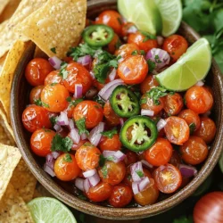 - 2 cups cherry tomatoes, halved - 1 small red onion, finely chopped - 2 cloves garlic, minced - 1-2 jalapeños, deseeded and minced - 1/4 cup fresh cilantro, chopped - Juice of 1 lime - 2 tablespoons olive oil - Salt and pepper to taste - Baking sheet - Parchment paper - Mixing bowl Roasted cherry tomato salsa is a bright and fresh dish. You need ripe cherry tomatoes. They bring sweetness and a burst of flavor. The red onion adds crunch and a bit of sharpness. Garlic gives depth, while jalapeños add heat. You can adjust the spice by using fewer or more jalapeños. Cilantro adds a nice herbal note. Lime juice brightens the salsa with a zesty kick. Olive oil helps blend all the flavors together. Salt and pepper enhance the taste. To make this salsa, you need some basic kitchen tools. A baking sheet helps roast the tomatoes evenly. Parchment paper makes cleanup simple and keeps the salsa from sticking. A mixing bowl is essential for combining all the fresh ingredients. You can find the full recipe for roasted cherry tomato salsa in the recipe section. Enjoy making this fresh flavor explosion! - Preheat oven to 400°F (200°C). - Wash and halve the cherry tomatoes. - Chop the red onion and mince the garlic. - Deseed and mince the jalapeños. - In a mixing bowl, combine cherry tomatoes, onion, garlic, and jalapeños. - Drizzle olive oil over the mix. - Season with salt and pepper to taste. - Toss everything gently to coat well. - Spread the mixture evenly on a baking sheet lined with parchment paper. - Roast for 20-25 minutes until blistered and caramelized. - Let the roasted mix cool for a few minutes. - Transfer the roasted mixture to a bowl. - Add chopped cilantro and lime juice. - Stir well and taste. Adjust seasoning, if needed. This recipe creates a fresh flavor explosion. Check out the Full Recipe for more details! - Use ripe cherry tomatoes for sweetness. They make the salsa taste fresh and bright. - Adjust jalapeños based on desired spice level. More jalapeños mean more heat. - Prepare ingredients in advance for quicker assembly. This helps save time when making salsa. - Roast tomatoes earlier in the day for easier meal prep. Roasted tomatoes are great for snacks or meals. - Serve with tortilla chips in a colorful bowl. A vibrant bowl makes the dish pop. - Garnish with lime wedges and extra cilantro for added freshness. This gives a nice look and taste boost. For the full recipe, check out the section above. {{image_2}} Want more heat? Add extra jalapeños or a pinch of cayenne pepper. This will kick up the spice level and excite your taste buds. If you like it really hot, try both! The heat balances well with the sweetness of the tomatoes. For a fun twist, incorporate roasted bell peppers or corn. Roasted bell peppers bring a smoky taste, while corn adds a nice crunch. You can roast these along with the tomatoes. This variation makes the salsa even more colorful and tasty. You can change the herbs too. Substitute cilantro with parsley or basil for a different taste profile. Each herb gives the salsa a new flavor. Basil adds a sweet touch, while parsley keeps it fresh. Experiment and find your favorite mix! Check out the Full Recipe for all the details on making this delicious salsa! Store your roasted cherry tomato salsa in an airtight container in the fridge. It stays fresh for up to 5 days. Keeping it sealed helps maintain its bright flavors and texture. You can freeze the salsa in a sealed container for up to 3 months. Just make sure to leave some space in the container. This allows for expansion as it freezes. When you're ready to use your frozen salsa, thaw it in the refrigerator overnight. This slow thaw keeps the flavors intact and helps preserve its quality. Yes, you can use other small tomatoes. However, cherry tomatoes are the best choice for sweetness. Their natural sugars shine when roasted, giving you a rich flavor. The spice level can be adjusted with the amount of jalapeños used. If you like heat, add more jalapeños. For a milder version, use just one or remove the seeds. This salsa is great as a dip with chips. It also makes a tasty topping for grilled meats or stirred into pasta dishes. Try it with tacos or on a fresh salad! Roasting intensifies the sweetness and adds a smoky flavor to the salsa. The heat brings out the tomatoes' natural sugars, making each bite a burst of flavor. For the full flavor experience, check out the Full Recipe. This blog post covered how to make a tasty roasted cherry tomato salsa. You learned about fresh ingredients, seasonings, and the tools needed. We went through each step, from preparation to roasting. I shared tips for flavor and storage options. Finally, we explored variations to suit your taste. Enjoy making your salsa, and remember, fresh is best! You can customize it however you like.