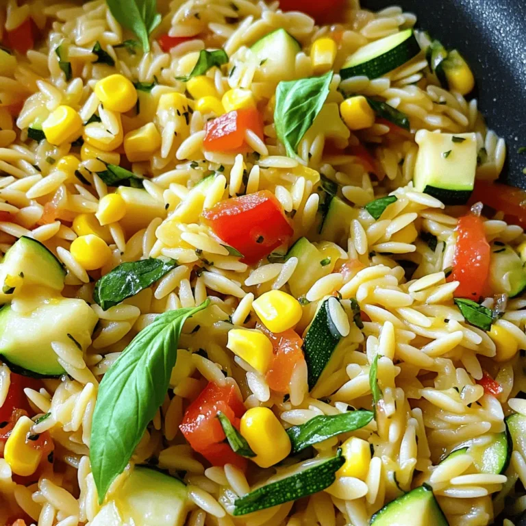 - 1 cup orzo pasta - 2 cups vegetable broth - 1 medium zucchini, diced - 1 cup fresh corn kernels (or frozen) - 1 red bell pepper, diced - 1 small onion, diced - 2 cloves garlic, minced - 1 tablespoon olive oil - 1 teaspoon dried oregano - Salt and pepper to taste - Fresh basil leaves for garnish - Lemon zest (from 1 lemon) When picking zucchini, look for firm and shiny skin. Choose corn that feels heavy for its size. Fresh corn has a sweet smell. If you can't find fresh corn, frozen works well. For a gluten-free meal, swap orzo with rice or quinoa. If you're vegan, just skip the cheese and use vegetable broth. Each serving of this dish has about 250 calories. It contains 7 grams of protein and 45 grams of carbs. This makes it a healthy choice for lunch or dinner. To start, grab a large skillet and heat one tablespoon of olive oil over medium heat. Once it shimmers, add one small diced onion and two cloves of minced garlic. Sauté these for about 3-4 minutes until the onion is soft and clear. Next, toss in one diced red bell pepper and one medium diced zucchini. Cook these veggies for an additional 3-5 minutes until they start to soften. After the vegetables are ready, add one cup of fresh corn kernels. If you don’t have fresh corn, frozen works just fine. Stir in one teaspoon of dried oregano and mix well. This step adds a nice herby flavor to the dish. Now, pour in two cups of vegetable broth and bring it to a gentle boil. Once boiling, stir in one cup of orzo pasta. Reduce the heat to low, letting it simmer for about 10-12 minutes. Keep an eye on it and stir occasionally. This helps prevent the orzo from sticking to the bottom of the skillet. Cooking times are key here. The orzo should be tender and have absorbed most of the broth by the end of the 12 minutes. If you notice it's getting too thick, feel free to add a splash more broth. Once cooked, season with salt, pepper, and the zest of one lemon. This adds a burst of flavor that brightens the dish. After cooking, let it sit for a couple of minutes off the heat. This resting time allows all the flavors to meld together. When ready to serve, plate the orzo in bowls and garnish with fresh basil leaves. The bright green basil adds a pop of color and freshness. You can pair this dish with a side salad or some crusty bread for a complete meal. If you want to add protein, grilled chicken or shrimp make great options. Enjoy your colorful, tasty meal! For the detailed recipe, check the Full Recipe. Using fresh herbs can make your dish shine. I love adding fresh basil at the end. This keeps its bright flavor. Chop the leaves just before serving. This way, they stay fresh and fragrant. To enhance flavors, taste as you go. Start with a pinch of salt and a dash of pepper. If the dish needs more flavor, add it slowly. A splash of lemon juice can brighten it up too. After cooking, let the dish cool before storing. Use an airtight container to keep it fresh. In the fridge, it lasts about three days. To reheat, place it in a pan with a splash of broth. Heat over low until warm. This keeps the flavors intact and prevents it from drying out. Many home cooks struggle with orzo. It can turn mushy if overcooked. Check the package for cooking times. Stir often to avoid sticking. When cooking vegetables, add them in stages. Start with onions and bell peppers, then add zucchini. This prevents overcooking and keeps everything bright and crunchy. {{image_2}} For gluten-free options, swap orzo with rice or quinoa. These grains cook well and bring a nice texture. You can also use gluten-free pasta if you prefer a similar shape. If you want other vegetables, try bell peppers, cherry tomatoes, or spinach. These can add color and flavor. You can mix and match based on what you have at home or what is in season. Adding proteins like chicken or shrimp can make this dish heartier. Cook the proteins separately before adding them to the orzo. This way, they stay tender and juicy. You can also incorporate spices for varied flavor profiles. For a kick, add red pepper flakes or smoked paprika. If you like a fresh taste, try adding fresh herbs like thyme or parsley. For plant-based additions, consider using chickpeas or black beans. These will boost the protein without adding meat. They also blend nicely with the other flavors in the dish. If you need to ensure the dish is dairy-free, leave out any cheese. You can still enjoy the creamy texture by adding avocado slices or a splash of coconut milk. This keeps the dish rich and satisfying without dairy. You can store One Pan Summer Corn Zucchini Orzo in the fridge for up to three days. To keep it fresh, place it in an airtight container. This prevents moisture loss and keeps the flavors intact. For freezing, let the dish cool completely. Then, transfer it to a freezer-safe container. Make sure to leave some space at the top, as the orzo will expand. To reheat from frozen, thaw it in the fridge overnight. Then, heat it in a skillet over medium heat, adding a splash of vegetable broth if needed. This dish stays safe to eat for about three months in the freezer. After that, the taste may fade. Always check for any off smells or changes in color before enjoying it. For the best experience, consume it sooner rather than later. The fresh ingredients shine brightest when enjoyed fresh! Making One Pan Summer Corn Zucchini Orzo is quick and easy. You will spend about 10 minutes preparing ingredients. Cooking takes about 25 minutes. In total, you will need around 35 minutes from start to finish. This recipe serves 4 people, making it a great option for family meals or gatherings. Yes, you can use frozen vegetables in this recipe. Frozen corn and zucchini work well and save time. When using frozen veggies, cook them a bit longer to ensure they heat through. The flavor may differ slightly, but it will still be tasty. Just remember to check the seasoning since frozen vegetables can be less flavorful than fresh ones. This dish pairs nicely with many sides. A crisp green salad adds freshness. You can also serve it with grilled chicken or fish for protein. A glass of white wine or lemonade complements the meal well. For a complete experience, add crusty bread to soak up the flavors. Make it a fun meal by trying different sides! This blog post covered fresh ingredients for the One Pan Summer Corn Zucchini Orzo. I shared tips for selecting the best produce and avoiding common mistakes. You learned easy steps for quick preparation and cooking. I also discussed ways to store leftovers and enhance flavors. In the end, this recipe is versatile and rewarding. Enjoy experimenting with different ingredients. You can create a dish that fits your taste while keeping things simple and delicious.
