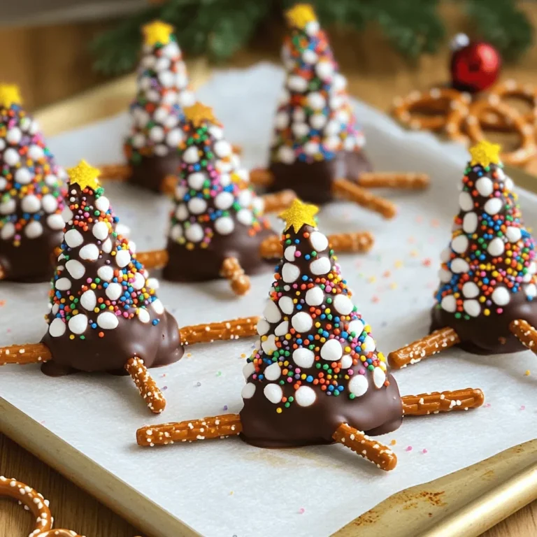 - 1 box of plain Pocky sticks (about 30 sticks) - 1 cup of dark chocolate chips - 1 cup of colorful sprinkles - 1 cup of pretzel sticks (for tree trunks) - 1/2 cup of mini marshmallows (for decorations) - Green food coloring (optional) - Edible glitter (optional, for a festive touch) Gather these ingredients to make your Chocolate Pocky Christmas Trees. Each item plays a key role in creating these fun treats. The Pocky sticks serve as the tree's branches. The dark chocolate adds a rich flavor. Colorful sprinkles make the trees bright and merry. Pretzel sticks act as sturdy trunks. Mini marshmallows add fluffy snow-like decorations. You can use green food coloring if you want festive trees. Edible glitter adds a magical touch to your creations. Make sure to have everything ready before you start. This will help you enjoy the process. Each ingredient contributes to the festive look and taste of your treats. For the full recipe, you can refer to the section above. Enjoy making these delightful snacks! To start, we need to melt the dark chocolate chips safely. Place one cup of dark chocolate chips in a microwave-safe bowl. Heat them in the microwave for 30 seconds. After each round, stir the chocolate until it is smooth. This step helps prevent burning. If you want a festive look, add a few drops of green food coloring to the melted chocolate. Stir well to mix the color evenly. Next, we will coat the Pocky sticks. Take one plain Pocky stick and dip one end into the melted chocolate. Ensure that you coat it well but don’t overdo it. You want a nice, even layer. After dipping, roll the chocolate-coated end in colorful sprinkles. This makes it look like the leafy part of a Christmas tree. Make sure to cover it fully for the best effect. Now, it's time to create the tree shape. Grab the pretzel sticks and cut them in half. These will be the trunks of your trees. Once the chocolate on the Pocky sticks has set, take your pretzel trunks and insert them into the bottom of each Pocky stick. This gives your trees a strong base. Make sure they stand upright. To finish, let’s add some decorations. Use mini marshmallows to make cute ornaments on your trees. You can stick them on the chocolate part. For an extra festive touch, sprinkle some edible glitter on top. This adds sparkle and fun to your trees. Allow everything to set completely before serving. Enjoy these fun treats with family and friends! For the complete recipe, refer to the [Full Recipe]. - Preventing chocolate from hardening too quickly: To keep your chocolate smooth, work quickly after melting it. If it starts to thicken, microwave it for a few seconds to soften. Keep the melted chocolate warm, but not hot. This will help with even coating. - Best way to handle sprinkles: After dipping the Pocky, roll it in sprinkles right away. Don’t wait! The chocolate needs to be wet for the sprinkles to stick. Use a plate or shallow bowl for easy rolling. This method ensures an even sprinkle coverage. - Using different candies for unique designs: Get creative! Use mini candies, chocolate chips, or nuts for added flair. You can mix colors and shapes for fun designs. Try red and white candies for a festive touch. - Incorporating other festive elements: Add small ornaments or tiny stars on top of your trees. You can even use cookie cutters to shape your Pocky into stars or other holiday symbols. This adds more joy to your Christmas treats. For more fun ideas, check out the full recipe for Chocolate Pocky Christmas Trees! {{image_2}} You can change up the flavor of your Chocolate Pocky Christmas Trees. Using white chocolate or milk chocolate instead of dark chocolate can make a sweet twist. Simply melt your chosen chocolate the same way as before. Each type of chocolate brings a different taste. White chocolate is creamy and sweet, while milk chocolate is rich and smooth. Another fun idea is to try flavored Pocky sticks. You can find Pocky in many flavors, like strawberry or matcha. These unique flavors can add a fun twist to your trees. Imagine a strawberry Pocky tree with white chocolate! It’s a fun way to surprise your guests. Get creative with your decorations! You can use seasonal toppings to make your trees pop. Consider using crushed candy canes for a minty touch or mini chocolate chips for a classic look. The holiday season is all about fun and color, so let your imagination run wild. You can also garnish your trees with fresh fruit or nuts. Sliced strawberries or blueberries can give a fresh taste. Chopped nuts like pecans or almonds add a nice crunch. These additions not only look great, but they also add different flavors. You can mix and match to find your favorite combinations. For even more ideas, check out the Full Recipe for more tips on building your festive treats. Store your Chocolate Pocky Christmas Trees in a cool, dry place. Use an airtight container to keep them fresh. I recommend a plastic or glass container with a tight lid. This will help prevent the chocolate from melting or the sprinkles from getting soggy. For best flavor and texture, enjoy them within five days. After this time, they may lose their crunch and taste. If you keep them in the fridge, they can last a bit longer, but the sprinkles might lose some of their color. Can you freeze Chocolate Pocky Christmas Trees? Yes, you can freeze them! Just place the trees in a single layer on a baking sheet. Freeze for about an hour, then transfer them to a freezer-safe bag. When you're ready to serve, take them out and let them thaw in the fridge. This helps keep the chocolate and sprinkles intact. Avoid thawing at room temperature to prevent melting. Enjoy your festive treats after they have thawed! To melt chocolate, you can use a microwave or a double boiler. For the microwave, place chocolate chips in a bowl. Heat in 30-second bursts. Stir after each round until smooth. This method is quick and easy. Using a double boiler is another option. Fill a pot with water and bring it to a simmer. Set a heat-safe bowl on top without touching the water. Stir the chocolate until it melts. This method helps prevent burning. Both ways work well. Just choose what you feel comfortable with. Yes, you can make these trees ahead of time. After decorating, store them in an airtight container. They can stay fresh for up to a week at room temperature. If you need to store them longer, you can freeze them. Just place them in a freezer-safe container. They can last up to three months in the freezer. Thaw them before serving for the best taste. This recipe yields about 15 servings. Each Pocky stick forms one tree. If you need more trees, simply double the ingredients. They are great for sharing at parties. This recipe is perfect for kids! They can help dip the Pocky in chocolate and sprinkle the decorations. Just watch them with the melted chocolate to keep them safe. Set up a fun decorating station. Let them express their creativity with colors and toppings. It’s a great way to bond and make holiday memories together. These fun Chocolate Pocky Christmas Trees are simple to make. We covered all the steps, from melting chocolate to decorating with sprinkles. You can create unique twists by mixing flavors and toppings. Store your treats correctly, so they stay fresh. This recipe is perfect for kids to join in the fun. You can enjoy these festive treats at any holiday event or celebration. Get ready to make sweet memories with your loved ones, and have fun creating!